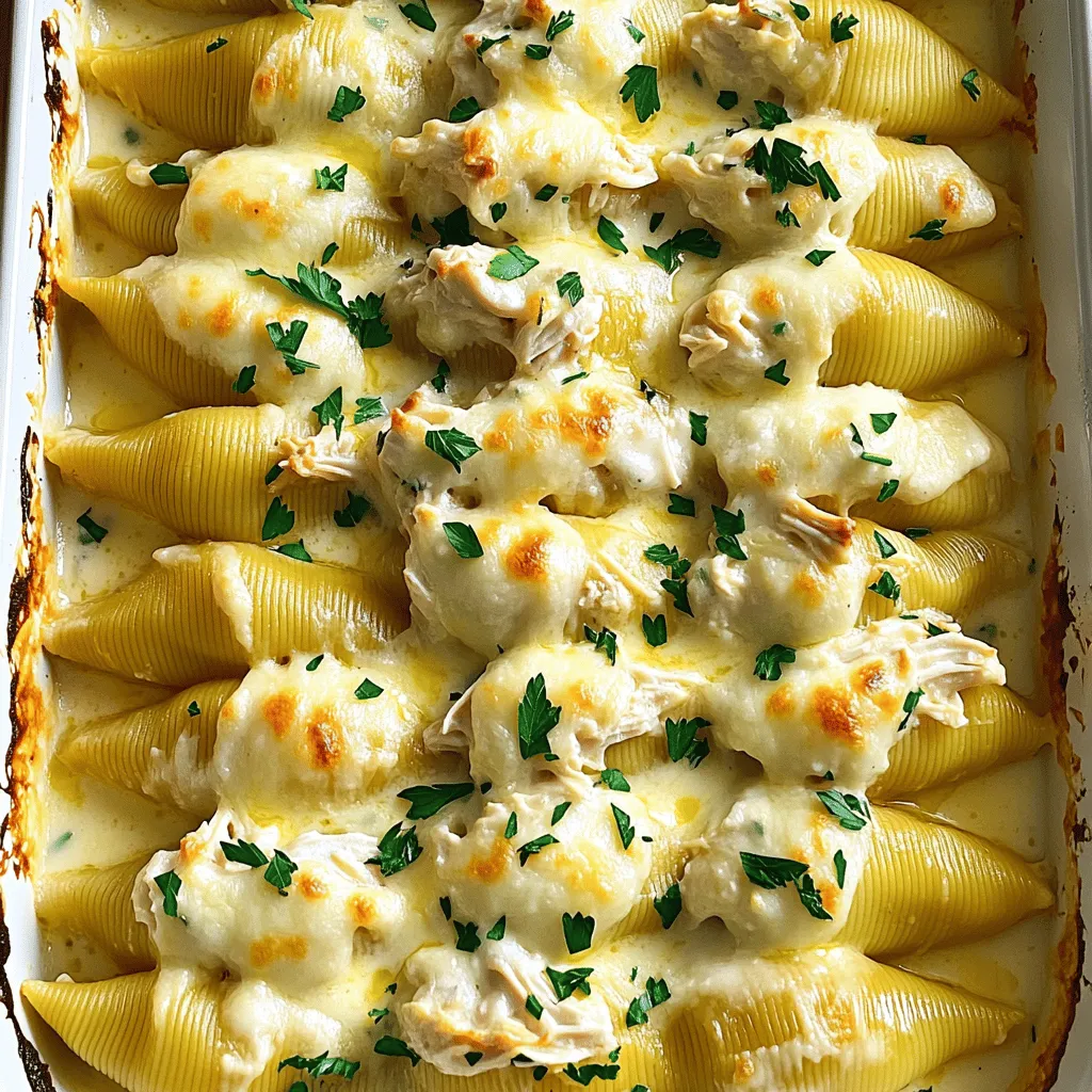 - 12 large pasta shells - 2 cups cooked chicken, shredded - 1 cup ricotta cheese - 1 cup mozzarella cheese, shredded - 1/2 cup grated Parmesan cheese - 2 cups Alfredo sauce (store-bought or homemade) These main ingredients come together to create a rich and creamy dish. The pasta shells hold the filling well and make each bite a delight. Shredded chicken adds protein, while the cheeses bring a creamy texture. You can use store-bought Alfredo sauce for ease or make your own from scratch for added flavor. - 1 teaspoon garlic powder - 1 teaspoon onion powder - Salt and pepper to taste - Fresh parsley, chopped (for garnish) Seasonings are key in this recipe. Garlic and onion powder enhance the filling's taste without overpowering it. Adjust the salt and pepper to your liking. Fresh parsley adds a pop of color and freshness when you serve the dish. Feel free to explore the [Full Recipe] for detailed steps on how to put it all together! 1. Preheating the oven: Start by setting your oven to 375°F (190°C). This helps the dish cook evenly. 2. Cooking the pasta shells: Boil water in a large pot. Add the pasta shells and cook them as the package says, until they are al dente. This means they should still have a little firmness. Once they’re done, drain the shells and set them aside. 1. Combining shredded chicken and cheese mixture: In a big bowl, mix together 2 cups of shredded chicken, 1 cup of ricotta cheese, half of the mozzarella cheese, and 1/2 cup of grated Parmesan cheese. 2. Seasoning the filling: Add 1 teaspoon of garlic powder, 1 teaspoon of onion powder, and salt and pepper to taste. Stir well. This mix will create a tasty filling for the shells. 1. Filling the pasta shells: Take a spoonful of the chicken and cheese mixture. Carefully stuff each shell with the filling. 2. Spreading Alfredo sauce in the baking dish: In a 9x13 inch baking dish, pour 1 cup of Alfredo sauce on the bottom. This keeps the shells from sticking and adds flavor. 3. Baking techniques: Place the stuffed shells in the dish, filling side up. Pour the rest of the Alfredo sauce over the shells. Top with the remaining mozzarella cheese. Cover the dish with aluminum foil and bake for 25 minutes. After that, take off the foil and bake for 10 more minutes. The cheese should be bubbly and golden. This process makes a creamy and delicious meal. You can find the full recipe in the earlier section. Enjoy every bite! To avoid overcooked pasta, cook the shells until they are al dente. This means they should be firm but not hard. Check the package for time and start testing a minute before it ends. Drain the shells gently and rinse them with cold water. This stops the cooking and helps keep their shape. To ensure a creamy texture, use a good Alfredo sauce. Mix in some of the sauce with the filling. This keeps the inside nice and moist. When you pour sauce over the stuffed shells, make sure it covers all the pasta. This helps the shells stay creamy while they bake. For proper storage, keep leftovers in airtight containers. This keeps them fresh longer. Place the container in the fridge right after the meal. They stay good for about three to four days. For reheating, the oven works best. Preheat it to 350°F (175°C). Place the stuffed shells in a baking dish and cover them with foil. Heat for about 20 minutes. If you want a crispy top, remove the foil for the last five minutes. Adding vegetables can make the dish more colorful and healthy. Spinach, mushrooms, or bell peppers work great. Just sauté them a bit before mixing them into the filling. You can also use different sauces. Try a marinara sauce for a twist. You can blend Alfredo sauce with pesto for a fresh flavor. Experiment and find what you love! {{image_2}} You can switch up the protein in Chicken Alfredo Stuffed Shells. Using rotisserie chicken saves time and adds great flavor. Just shred the chicken and mix it into the filling. If you prefer a vegetarian dish, try using cooked spinach or mushrooms. Both options keep the dish hearty and satisfying. Enhancing flavors can elevate your stuffed shells. Adding spices like cayenne gives a gentle kick. Italian herbs can add warmth and depth. For a burst of flavor, incorporate sun-dried tomatoes. They add a sweet and tangy profile that pairs well with the creamy Alfredo sauce. If you need gluten-free options, use gluten-free pasta shells. They work just as well and keep the dish delicious. For those avoiding dairy, try plant-based cheese alternatives. They melt nicely and still provide that creamy texture we love. For the full recipe, check out the detailed steps and ingredients listed above. To keep your Chicken Alfredo Stuffed Shells fresh, use airtight containers. This helps to prevent air from getting in, which can cause spoilage. Store them in the fridge for up to three days. Make sure the shells are completely cool before sealing them. This helps avoid extra moisture, which can lead to sogginess. If you want to save some for later, freezing is a great option. For best results, freeze the shells before baking. Place them in a single layer on a baking sheet until they freeze. Then, transfer them to a freezer-safe bag or container. This method stops the shells from sticking together. Chicken Alfredo Stuffed Shells can last for up to three months in the freezer. When you’re ready to eat them, thaw the shells overnight in the fridge. This makes sure they warm evenly. After thawing, bake them in the oven until heated through. You can follow the cooking instructions from the Full Recipe for the best results. Enjoy your creamy meal anytime! Chicken Alfredo Stuffed Shells last about 3 to 5 days in the fridge. Store them in an airtight container to keep them fresh. Make sure the shells cool down before sealing. If you want to enjoy these later, label the container with the date. This way, you won't lose track of how long they've been stored. Yes, you can prepare Chicken Alfredo Stuffed Shells ahead of time. Assemble the shells and place them in a baking dish. Cover with foil and store in the fridge for up to 24 hours. Just remember to add a few extra minutes to the baking time if they are cold from the fridge. This makes dinner easy and quick, even on busy nights. For side dishes, consider a simple green salad or garlic bread. A fresh Caesar salad adds a nice crunch. If you want something warm, steamed broccoli pairs well. For drinks, a light white wine like Pinot Grigio works great. You can also serve lemonade for a refreshing non-alcoholic option. To make Chicken Alfredo Sauce from scratch, you need just a few ingredients: - 1 cup heavy cream - 1/2 cup grated Parmesan cheese - 2 tablespoons butter - 1 clove garlic, minced - Salt and pepper to taste In a saucepan, melt the butter over low heat. Add minced garlic and cook for about 1 minute. Then, pour in the heavy cream. Stir in the Parmesan cheese and mix until smooth. Season with salt and pepper. Cook until the sauce thickens slightly. This simple homemade sauce adds a rich flavor to your stuffed shells. For the full recipe, check this [Full Recipe]. In this blog post, we covered how to make Chicken Alfredo Stuffed Shells. You learned about the main ingredients, seasonings, and step-by-step instructions. Tips for cooking and storing the dish were shared, along with variations and FAQs. Take these ideas and make your own great dish. Enjoy your cooking, and share these tasty shells with friends and family! Happy cooking!