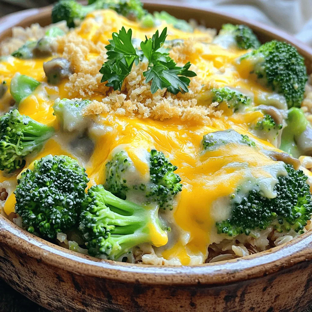 You need simple items to make this cheesy broccoli casserole. Gather these: - 4 cups fresh broccoli florets - 1 cup uncooked brown rice - 2 cups shredded sharp cheddar cheese - 1 cup cream of mushroom soup (or homemade) - 1 cup vegetable broth - 1/2 cup milk - 1 teaspoon garlic powder - 1 teaspoon onion powder - 1/2 teaspoon paprika - Salt and pepper to taste - 1/2 cup breadcrumbs (optional for topping) - 2 tablespoons olive oil These ingredients work together to create a dish that is creamy, cheesy, and full of flavor. You can tweak this recipe to fit your taste. Here are some ideas: - Add cooked chicken or turkey for extra protein. - Swap broccoli for cauliflower or spinach. - Use different cheese like mozzarella or gouda. - Toss in some cooked bacon or ham for a savory bite. - Replace brown rice with quinoa for a nutty flavor. Feel free to get creative! Each change can give your casserole a new twist. Each serving of this casserole packs a punch. Here’s what you get per serving: - Calories: 350 - Protein: 15g - Carbohydrates: 45g - Fat: 15g - Fiber: 4g This dish provides a good mix of nutrients. It’s filling and tasty, making it a great choice for any meal. For the full recipe, check out the earlier section. Enjoy your cooking! Start by cooking the rice. Heat olive oil in a large pot over medium heat. Add 1 cup of uncooked brown rice. Toast it for about 2-3 minutes. Stir often to prevent burning. Next, pour in 1 cup of vegetable broth. Cover the pot and bring it to a boil. Once boiling, lower the heat and let it simmer. Cook for about 30 minutes or until the rice is soft and the broth is all gone. While the rice cooks, prepare the broccoli. Bring a pot of water to a boil. Add 4 cups of fresh broccoli florets. Blanch them for 2-3 minutes until they turn bright green. This step keeps the broccoli crunchy. Drain the broccoli and set it aside. In a large bowl, combine your cooked rice and blanched broccoli. Add 1 cup of cream of mushroom soup and 1/2 cup of milk. Then, mix in 1 teaspoon of garlic powder, 1 teaspoon of onion powder, and 1/2 teaspoon of paprika. Add salt and pepper to taste. Finally, fold in 2 cups of shredded sharp cheddar cheese. Stir everything until it’s well mixed. Once combined, transfer the mixture to a greased 9x13 inch baking dish. Spread it out evenly with a spatula. Preheat your oven to 350°F (175°C). Once it reaches the right temperature, sprinkle the remaining cheese on top of the casserole. If you want, add 1/2 cup of breadcrumbs for extra crunch. Place the baking dish in the preheated oven. Bake for 25-30 minutes. Watch for the cheese to melt and bubble. The top should become slightly golden. After baking, let the casserole sit for 5-10 minutes to cool. This makes serving easier. Enjoy your cheesy broccoli casserole! For the full recipe, check the section above. To make your casserole shine, use fresh broccoli. It adds a bright color and taste. Blanch the broccoli before mixing it in. This keeps it tender yet crisp. For the rice, toast it before boiling. This step gives it a nutty flavor. Mix the ingredients well for even cooking. Ensure the cheese is evenly spread. This helps it melt nicely. Lastly, let it cool before serving. This makes it easier to cut and serve. One common mistake is overcooking the broccoli. It can turn mushy and lose flavor. Another error is not seasoning enough. Taste as you mix and adjust salt and pepper. Don't skip the breadcrumbs if you like a crispy top. They add a nice crunch. Lastly, avoid using low-quality cheese. It can affect the casserole's overall taste. Always choose good cheese for the best results. Serve your casserole hot for the best taste. Add a sprinkle of fresh herbs on top. Parsley or chives work great for color and flavor. You can pair it with a side salad for freshness. A light vinaigrette can balance the richness of the cheese. If you're feeling adventurous, serve with a squeeze of lemon. This adds a bright twist to every bite. For an extra kick, consider hot sauce on the side. It can bring a new layer of flavor to your dish. For the full recipe, you can refer to the earlier section. {{image_2}} To make this dish gluten-free, swap brown rice with quinoa or gluten-free rice. Both options cook well and blend nicely with the flavors in the casserole. You can also use a gluten-free cream of mushroom soup. This keeps your meal tasty and safe for those who avoid gluten. For a veggie boost, add cooked carrots or bell peppers. You can also mix in some spinach for extra nutrients. Toss in a can of drained beans for more fiber. This adds flavor and makes the dish even heartier. To add protein, consider stirring in cooked chicken, turkey, or beans. Shredded rotisserie chicken works great for a quick option. If you want a meatless boost, use chickpeas or lentils. These options enhance the dish without losing its cheesy goodness. Feel free to explore these variations to make your Cheesy Broccoli Casserole your own. You can find the Full Recipe above to get started. After enjoying your cheesy broccoli casserole, let it cool down. Place leftovers in an airtight container. This keeps the flavors fresh and prevents drying. Store it in the fridge for up to three days. If it is still warm, let it cool for about 30 minutes before sealing. To reheat, take the casserole out of the fridge. Preheat your oven to 350°F (175°C). Cover the dish with foil to keep it moist. Heat for about 20 minutes or until hot. You can also use the microwave. Heat in short bursts, stirring in between, until warm. This method works well too! Want to save some for later? You can freeze the casserole! First, cool it completely. Then, place it in a freezer-safe container. This keeps it fresh for up to three months. When you are ready to eat, thaw it overnight in the fridge. Reheat it as mentioned above. Enjoy your cheesy goodness whenever you like! For the full recipe, refer to the steps above. Yes, you can use frozen broccoli. Frozen broccoli is quick and easy. Just thaw it before adding it to the mix. This saves time and keeps the dish simple. However, fresh broccoli gives a better texture. If you prefer crunch, stick with fresh florets. To make this casserole dairy-free, swap regular cheese and milk for plant-based options. Use dairy-free cheese, like cashew or almond cheese. Almond milk or oat milk works well too. Make sure the cream of mushroom soup is also dairy-free. This way, you keep all the yummy flavors without dairy. The best way to reheat your casserole is in the oven. Preheat the oven to 350°F (175°C). Cover the dish with foil to keep moisture in. Heat for about 20 minutes or until warm. You can also use the microwave, but keep it covered and check often. This prevents it from drying out. For more details, check the Full Recipe. You've learned how to make a tasty cheesy broccoli casserole. I covered all the ingredients you need, including fun options to customize. The step-by-step guide makes cooking easy, while tips ensure great results. You also found variations for different diets and proper storage methods. Now, you can enjoy this dish anytime! Keep experimenting and make it your own. Happy cooking!