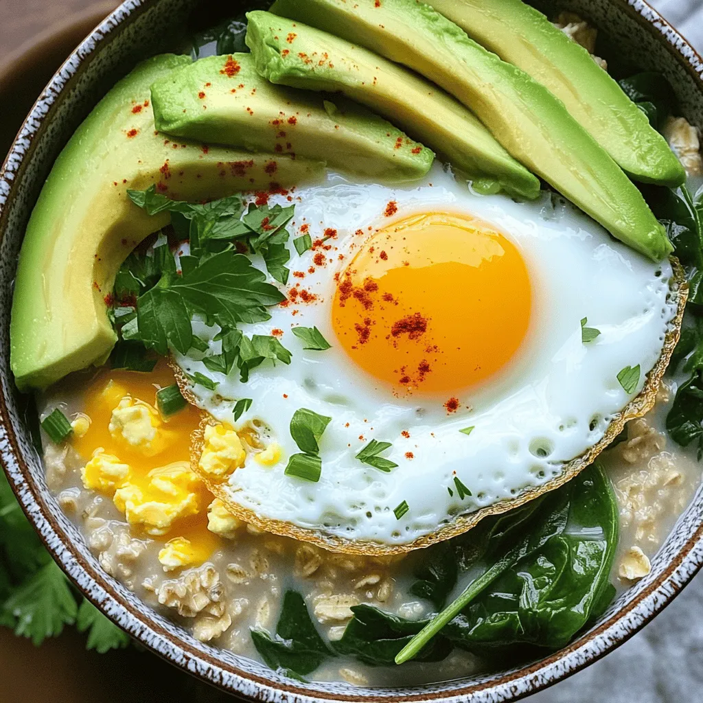 To make a tasty savory oatmeal, you need a few key items. Here’s what you should gather: - 1 cup rolled oats - 2 cups vegetable broth - 1 tablespoon olive oil - 1 small onion, finely chopped - 2 garlic cloves, minced - 1 cup spinach or kale, chopped - 2 eggs - 1 avocado, sliced - Salt and pepper to taste - 1/4 teaspoon red pepper flakes (optional) - Fresh herbs (like parsley or chives) for garnish These ingredients work together to create a rich, flavorful dish. The oats provide a hearty base, while the broth adds depth. Toppings can make your dish even better. Here are some ideas: - Crumbled feta or goat cheese for creaminess - Sliced radishes for crunch - Cherry tomatoes for freshness - Sriracha for added heat - Toasted nuts or seeds for texture Feel free to mix and match these toppings. They add different flavors and make the dish exciting. If you want to switch things up, consider these options: - Use quinoa or farro instead of oats for a different grain. - Try chicken or beef broth if you prefer meat flavors. - Use olive oil or avocado oil for frying eggs. - Swap spinach for other greens like arugula or Swiss chard. Making these substitutions can keep your meals fresh and fun. You can easily adjust the recipe to fit your taste and dietary needs. For the full recipe, check out the details above. Start by gathering your ingredients. You will need rolled oats, vegetable broth, onion, garlic, and greens like spinach or kale. 1. Heat olive oil: In a medium saucepan, heat one tablespoon of olive oil over medium heat. 2. Sauté onion: Add one small, chopped onion. Cook for about five minutes until the onion softens. 3. Add garlic: Next, add two minced garlic cloves. Stir them for one minute to release their aroma. 4. Pour in broth: Now, add two cups of vegetable broth. Bring it to a boil. 5. Add oats: Once boiling, stir in one cup of rolled oats. Lower the heat to a simmer. 6. Cook oats: Cook for about five minutes, stirring occasionally. The oats should become creamy. 7. Add greens: In the last minute, add one cup of chopped spinach or kale. Stir until wilted. Season with salt and pepper. While your oats cook, it’s time to prepare the eggs. 1. Heat a small pan: Use a separate pan to cook the eggs. 2. Fry eggs: Crack two eggs into the pan. Fry until they reach your desired doneness. Sunny-side up is a great choice for this dish. Now it's time to put everything together. 1. Serve oats: Divide the creamy savory oatmeal into bowls. 2. Top with eggs: Place one fried egg on top of each bowl. 3. Add avocado: Slice one avocado and place the pieces on top. 4. Garnish: Finish with fresh herbs like parsley or chives for extra flavor. For the complete recipe, refer to the Full Recipe section. Enjoy your delicious and healthy savory oatmeal with egg! To make your oatmeal creamy, start with a good ratio of liquid to oats. I recommend using two cups of vegetable broth for every cup of rolled oats. This adds flavor and keeps the oats soft. Stir often while cooking to prevent sticking. Simmer gently for about five minutes. Add greens like spinach or kale in the last minute. This keeps them bright and fresh. Cooking the perfect egg is simple. You can fry, poach, or scramble your egg. For a sunny-side-up egg, heat a small pan over medium heat. Add a little oil or butter to the pan. Crack the egg gently into the pan. Cook until the white is set and the yolk is still runny. This takes about three minutes. If you prefer your yolk more cooked, cover the pan for a minute. To make your savory oatmeal shine, add layers of flavor. Use salt and pepper as your base. Red pepper flakes give a nice kick if you like spice. Fresh herbs like parsley or chives add a burst of freshness. You can also try a splash of soy sauce or a sprinkle of cheese for a savory twist. Don't forget to top your bowl with sliced avocado for creaminess. For a full guide on making this dish, check the Full Recipe. {{image_2}} You can easily make savory oatmeal fit any diet. For a vegetarian option, skip the egg. Instead, top your bowl with goat cheese or feta. Both add creaminess and flavor. For a vegan twist, replace the egg with a sprinkle of nutritional yeast. This adds a cheesy taste and boosts nutrients. You can also use tofu scramble for protein. Simply crumble firm tofu and sauté it with spices. Flavor is key in savory oatmeal. Think beyond basic seasoning. Add a splash of soy sauce for umami. Or try a dollop of pesto for a fresh kick. You can also mix in sun-dried tomatoes and olives for a Mediterranean touch. If you like heat, add sriracha or harissa for a spicy edge. Each of these combinations makes your dish unique and exciting. Don’t hesitate to swap ingredients based on what you have. If you don’t have spinach, kale works great. Or use other greens like Swiss chard or arugula. Instead of avocado, try diced tomatoes or sliced radishes for crunch. Change the broth flavor too; mushroom broth adds depth. You can even use quinoa instead of oats for a different texture. These swaps keep your meals fresh and fun. For the full recipe, check out the Full Recipe section above. Storing leftover savory oatmeal is easy. First, let it cool down to room temperature. Then, place it in an airtight container. This keeps the flavors fresh. You can store it in the fridge for up to three days. If you want to keep it longer, consider freezing it. When reheating your savory oatmeal, add a splash of broth or water. This helps restore the creaminess. Microwave it in short bursts. Stir after each burst to heat it evenly. If you prefer the stove, warm it in a pan over low heat. Stir frequently for even heating. Freezing savory oatmeal works well, but there are some tips. Use freezer-safe containers or bags. Portion the oatmeal for easy meals later. Before freezing, let it cool completely. It can last up to two months in the freezer. When ready to eat, thaw it in the fridge overnight before reheating. Enjoy your meal with the same great taste! For the full recipe, check out Savory Oatmeal with Egg. Yes, you can use water in place of vegetable broth. However, the broth adds a rich flavor. If you use water, consider adding more spices or herbs for taste. You might miss some depth, but it will still work. You can add many veggies to your savory oatmeal. Here are some great options: - Diced tomatoes - Bell peppers - Mushrooms - Zucchini - Broccoli These veggies add color and nutrition to your dish. Feel free to mix and match based on what you have. To make this dish gluten-free, use certified gluten-free oats. Regular oats can contain gluten from cross-contamination. Check the label to be sure. With this simple swap, you can enjoy your savory oatmeal without worry. For the full recipe, see the section above. Savory oatmeal is a tasty, healthy meal you can enjoy in many ways. We explored essential ingredients, tasty toppings, and smart substitutions to enhance your bowl. I shared simple steps for preparing oatmeal and cooking eggs just right. Tips for creamy texture and unique flavors bring this dish to life. You can customize it with variations and store leftovers for easy meals. Embrace this versatile dish for a fill and satisfying option, no matter your diet. Enjoy your savory oatmeal journey!