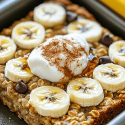 - 2 ripe bananas, mashed - 2 cups rolled oats - 2 cups almond milk (or any milk of choice) - 1/4 cup maple syrup (or honey) - 1/4 cup almond butter (or peanut butter) - 1 teaspoon vanilla extract - 1 teaspoon baking powder - 1 teaspoon cinnamon - 1/2 teaspoon salt - 1/2 cup walnuts, chopped (optional) - 1/4 cup dark chocolate chips (optional) These ingredients come together to create a warm and comforting dish. The ripe bananas bring natural sweetness and moisture. Rolled oats form the base and add great texture. Almond milk provides creaminess. Maple syrup enhances the flavor while keeping it sweet. Almond butter adds richness and healthy fats. Vanilla extract gives a lovely aroma. Baking powder helps the oatmeal rise. Cinnamon adds warmth and spice. A pinch of salt balances the sweetness. You can customize this recipe with optional ingredients. Walnuts add crunch, and dark chocolate chips bring indulgence. Each ingredient plays a role in making banana bread baked oatmeal delicious and nutritious. Incorporating these ingredients makes this dish a wholesome choice for breakfast or a snack. For the full recipe, check out the details provided earlier. 1. Preheat your oven to 375°F (190°C). Grease an 8x8-inch baking dish with cooking spray or oil. 2. In a large bowl, mash the ripe bananas. Then add almond milk, maple syrup, almond butter, and vanilla extract. Mix until smooth. 1. In another bowl, combine rolled oats, baking powder, cinnamon, and salt. Stir these dry ingredients well. 2. Gradually add the dry mix to the wet mix. Stir gently until everything is combined. 1. If you want, fold in walnuts and dark chocolate chips for extra taste. Then pour the batter into the greased dish. 2. Bake in the oven for 30-35 minutes. The top should be golden brown. Test with a toothpick; it should come out clean. You can change the nut butter for new flavors. Try using peanut butter or cashew butter. Each nut butter gives a unique taste. You can also add or swap fruit. Blueberries or chopped apples work well. Dried fruits like raisins add sweetness too. Adjust the baking time if you want it crispier. Bake for a few extra minutes for a crunchy top. Keep an eye on it so it doesn’t burn. To achieve the right texture, use ripe bananas. They make the oatmeal moist and sweet. Mixing the wet and dry ingredients well is key too. Serve the oatmeal warm for the best taste. Top each square with yogurt for creaminess. A drizzle of maple syrup makes it sweeter. For a fun look, add banana slices or a sprinkle of nuts. Pair it with fresh fruit or a cup of tea for a nice breakfast. Enjoy the flavors! {{image_2}} You can easily make this dish gluten-free. Just swap regular oats with certified gluten-free oats. This keeps the texture intact while making it safe for those with gluten sensitivities. Always check the labels to ensure they are truly gluten-free. To make a vegan version, ensure all ingredients are plant-based. Use almond milk or soy milk instead of dairy milk. Maple syrup is a great sweetener that fits well. You can also opt for almond butter or peanut butter, just check that they do not contain any animal products. Get creative with flavors! Adding spices like nutmeg can bring warmth and depth. You can also mix in other fruits, such as berries or apples, for a fruity twist. Experiment with extracts like almond or coconut for a unique taste. Each addition can change the flavor profile and keep things exciting. For the complete recipe, check out the [Full Recipe]. To keep your banana bread baked oatmeal fresh, store it in an airtight container. Place the container in the fridge if you plan to eat it in a few days. This method helps it stay moist and tasty. For longer storage, you can freeze it. Cut the baked oatmeal into squares and wrap each piece in plastic wrap. Put them in a freezer-safe bag or container. This way, you can enjoy it later without losing flavor. When you’re ready to eat your oatmeal again, reheating is easy. For the oven, preheat it to 350°F (175°C). Place the oatmeal square on a baking sheet. Heat for about 10-15 minutes or until warm. If you prefer the microwave, put a square on a microwave-safe plate. Heat it for 30-60 seconds. Check if it's warm enough. You can always heat it more if needed. Banana bread baked oatmeal stays fresh in the fridge for about 4-5 days. If you freeze it, it can last for up to 3 months. Just remember to label the bag with the date. This way, you will know when to eat it. Enjoy your delicious homemade treat any time! Yes, you can use quick oats, but I recommend rolled oats for this recipe. Rolled oats hold their shape better and give a lovely texture. Quick oats may turn mushy and absorb more liquid. This can change the taste and feel of your baked oatmeal. You can swap the maple syrup for a natural sweetener like mashed dates or stevia. These options keep the sweetness while cutting out sugar. Make sure to adjust the amount based on your taste. Yes, you can prepare this dish ahead of time. Mix the wet and dry ingredients and store them in the fridge overnight. Bake it in the morning for a warm breakfast. Leftovers can last up to a week in the fridge. This baked oatmeal pairs well with yogurt or a drizzle of honey. You can also serve it with some fresh fruit or a cup of coffee. It makes a hearty breakfast that everyone will love! For the full recipe, check it out here. In this blog post, we explored a simple baked oatmeal recipe with ripe bananas and oats. You learned about the ingredients and their nutritional value. The step-by-step instructions made baking easy. We covered tips for customizing and serving your dish, along with variations for dietary needs. Baked oatmeal is versatile and fun. Enjoy it fresh or store it for later. Experiment with flavors and toppings to make it your own. With these tools, you can create a delicious and healthy breakfast any day. Happy baking!