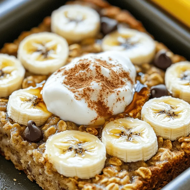 - 2 ripe bananas, mashed - 2 cups rolled oats - 2 cups almond milk (or any milk of choice) - 1/4 cup maple syrup (or honey) - 1/4 cup almond butter (or peanut butter) - 1 teaspoon vanilla extract - 1 teaspoon baking powder - 1 teaspoon cinnamon - 1/2 teaspoon salt - 1/2 cup walnuts, chopped (optional) - 1/4 cup dark chocolate chips (optional) These ingredients come together to create a warm and comforting dish. The ripe bananas bring natural sweetness and moisture. Rolled oats form the base and add great texture. Almond milk provides creaminess. Maple syrup enhances the flavor while keeping it sweet. Almond butter adds richness and healthy fats. Vanilla extract gives a lovely aroma. Baking powder helps the oatmeal rise. Cinnamon adds warmth and spice. A pinch of salt balances the sweetness. You can customize this recipe with optional ingredients. Walnuts add crunch, and dark chocolate chips bring indulgence. Each ingredient plays a role in making banana bread baked oatmeal delicious and nutritious. Incorporating these ingredients makes this dish a wholesome choice for breakfast or a snack. For the full recipe, check out the details provided earlier. 1. Preheat your oven to 375°F (190°C). Grease an 8x8-inch baking dish with cooking spray or oil. 2. In a large bowl, mash the ripe bananas. Then add almond milk, maple syrup, almond butter, and vanilla extract. Mix until smooth. 1. In another bowl, combine rolled oats, baking powder, cinnamon, and salt. Stir these dry ingredients well. 2. Gradually add the dry mix to the wet mix. Stir gently until everything is combined. 1. If you want, fold in walnuts and dark chocolate chips for extra taste. Then pour the batter into the greased dish. 2. Bake in the oven for 30-35 minutes. The top should be golden brown. Test with a toothpick; it should come out clean. You can change the nut butter for new flavors. Try using peanut butter or cashew butter. Each nut butter gives a unique taste. You can also add or swap fruit. Blueberries or chopped apples work well. Dried fruits like raisins add sweetness too. Adjust the baking time if you want it crispier. Bake for a few extra minutes for a crunchy top. Keep an eye on it so it doesn’t burn. To achieve the right texture, use ripe bananas. They make the oatmeal moist and sweet. Mixing the wet and dry ingredients well is key too. Serve the oatmeal warm for the best taste. Top each square with yogurt for creaminess. A drizzle of maple syrup makes it sweeter. For a fun look, add banana slices or a sprinkle of nuts. Pair it with fresh fruit or a cup of tea for a nice breakfast. Enjoy the flavors! {{image_2}} You can easily make this dish gluten-free. Just swap regular oats with certified gluten-free oats. This keeps the texture intact while making it safe for those with gluten sensitivities. Always check the labels to ensure they are truly gluten-free. To make a vegan version, ensure all ingredients are plant-based. Use almond milk or soy milk instead of dairy milk. Maple syrup is a great sweetener that fits well. You can also opt for almond butter or peanut butter, just check that they do not contain any animal products. Get creative with flavors! Adding spices like nutmeg can bring warmth and depth. You can also mix in other fruits, such as berries or apples, for a fruity twist. Experiment with extracts like almond or coconut for a unique taste. Each addition can change the flavor profile and keep things exciting. For the complete recipe, check out the [Full Recipe]. To keep your banana bread baked oatmeal fresh, store it in an airtight container. Place the container in the fridge if you plan to eat it in a few days. This method helps it stay moist and tasty. For longer storage, you can freeze it. Cut the baked oatmeal into squares and wrap each piece in plastic wrap. Put them in a freezer-safe bag or container. This way, you can enjoy it later without losing flavor. When you’re ready to eat your oatmeal again, reheating is easy. For the oven, preheat it to 350°F (175°C). Place the oatmeal square on a baking sheet. Heat for about 10-15 minutes or until warm. If you prefer the microwave, put a square on a microwave-safe plate. Heat it for 30-60 seconds. Check if it's warm enough. You can always heat it more if needed. Banana bread baked oatmeal stays fresh in the fridge for about 4-5 days. If you freeze it, it can last for up to 3 months. Just remember to label the bag with the date. This way, you will know when to eat it. Enjoy your delicious homemade treat any time! Yes, you can use quick oats, but I recommend rolled oats for this recipe. Rolled oats hold their shape better and give a lovely texture. Quick oats may turn mushy and absorb more liquid. This can change the taste and feel of your baked oatmeal. You can swap the maple syrup for a natural sweetener like mashed dates or stevia. These options keep the sweetness while cutting out sugar. Make sure to adjust the amount based on your taste. Yes, you can prepare this dish ahead of time. Mix the wet and dry ingredients and store them in the fridge overnight. Bake it in the morning for a warm breakfast. Leftovers can last up to a week in the fridge. This baked oatmeal pairs well with yogurt or a drizzle of honey. You can also serve it with some fresh fruit or a cup of coffee. It makes a hearty breakfast that everyone will love! For the full recipe, check it out here. In this blog post, we explored a simple baked oatmeal recipe with ripe bananas and oats. You learned about the ingredients and their nutritional value. The step-by-step instructions made baking easy. We covered tips for customizing and serving your dish, along with variations for dietary needs. Baked oatmeal is versatile and fun. Enjoy it fresh or store it for later. Experiment with flavors and toppings to make it your own. With these tools, you can create a delicious and healthy breakfast any day. Happy baking!