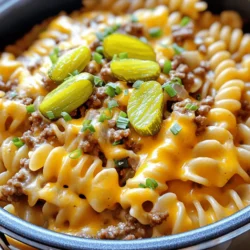 - 1 lb ground beef - 2 cups rotini pasta - 1 medium onion, chopped - 3 cloves garlic, minced The main ingredients create the base of this dish. Ground beef adds protein and flavor. Rotini pasta holds sauce well and gives a fun twist. Chopped onion adds sweetness, while minced garlic brings a savory touch. - 2 cups beef broth - 1 cup milk - 1 cup shredded cheddar cheese - 1 tablespoon ketchup - 1 tablespoon mustard - 1 teaspoon Worcestershire sauce The additional ingredients boost taste and creaminess. Beef broth adds depth. Milk makes the dish rich and creamy. Cheddar cheese melts into gooey goodness. Ketchup, mustard, and Worcestershire sauce mix to give that classic cheeseburger flavor. - Chopped pickles - Green onions Garnishes add a fresh touch. Chopped pickles give crunch and tartness. Green onions offer color and a mild onion flavor. Add these to elevate your dish even more. For the full recipe, check out the details and instructions. Enjoy your cooking! How to brown the ground beef Start by heating a large pot over medium heat. Add 1 pound of ground beef. Use a spatula to break it apart. Cook until it turns brown, about 5-7 minutes. Drain any extra fat if needed. This step adds flavor to your pasta. Sautéing the onion and garlic Next, add 1 chopped onion and 3 minced garlic cloves to the pot. Cook for 3-4 minutes. Stir often until the onion is soft and clear. This step builds a nice base for your dish. Combining ingredients and bringing to a simmer Now, it’s time to add more ingredients. Pour in 2 cups of beef broth and 1 cup of milk. Add 1 tablespoon of ketchup, 1 tablespoon of mustard, and 1 teaspoon of Worcestershire sauce. Stir well and bring the mix to a simmer. This will create a rich sauce. Adding rotini pasta and cooking time Once simmering, add 2 cups of rotini pasta to the pot. Mix everything together. Cover the pot and let it cook for 10-12 minutes. Stir occasionally to stop the pasta from sticking. Cook until the pasta is tender. How to melt the cheddar cheese After cooking, take the pot off the heat. Add 1 cup of shredded cheddar cheese. Stir until the cheese melts and becomes creamy. This makes your dish rich and cheesy. Seasoning to taste Finally, season with salt and pepper. Taste the pasta and adjust if needed. You can also add chopped pickles and green onions on top as a fun garnish. Enjoy your One Pot Cheeseburger Pasta! For the full recipe, check the details above. To prevent pasta from sticking, stir it well as it cooks. Use a large pot to give the pasta room to move. If the pasta sticks, try adding a splash of oil or more liquid. If your sauce is too thick, add more beef broth or milk. This will help create a creamy texture. For a thicker sauce, let it simmer longer to reduce the liquid. Adding spices can boost the flavor of your dish. Try garlic powder, onion powder, or paprika for a fun twist. You can also include Italian seasoning or crushed red pepper for some heat. For toppings, consider adding chopped pickles or green onions. These add crunch and a fresh taste. You can also sprinkle extra cheese on top before serving for a cheesy finish. One common mistake is overcooking the pasta. This can make it mushy. To avoid this, check for doneness a minute or two before the suggested cooking time. Another mistake is forgetting to drain excess fat from the beef. Too much fat can make your dish greasy. Drain it before adding the other ingredients for a balanced taste. For the full recipe, check out the recipe section. {{image_2}} You can easily change the meat in this recipe. Ground turkey or chicken works well. These leaner meats add less fat but keep the dish tasty. You can also use plant-based ground meat if you want a meatless option. If you need gluten-free pasta, there are great choices. Look for brown rice or chickpea pasta. They cook nicely and taste good in this dish. You can make a vegetarian version too. Simply skip the meat and add more veggies. Mushrooms, bell peppers, or zucchini add flavor and texture. For a dairy-free version, choose plant-based milk and cheese. Almond milk or oat milk can replace regular milk. Nutritional yeast can give a cheesy flavor without dairy. Changing the cheese can enhance the taste. Try mozzarella for a milder flavor or pepper jack for some spice. Adding vegetables boosts nutrition and flavor. Spinach, peas, or broccoli mix well into the pasta. They add color and extra vitamins to your meal. For the full recipe, check out the details above. To store your cheeseburger pasta, wait until it cools down. Then, scoop it into an airtight container. Proper storage helps keep it fresh. You can keep it in the fridge for about 3 to 5 days. If you want it to last longer, freezing is a great choice. When it's time to eat, you need to reheat the pasta. The best way is to use a pot on low heat. Add a splash of milk or broth to keep it moist. Stir often to avoid burning. If you use the microwave, heat it in short bursts. Stir between each burst for even warming. To freeze your cheeseburger pasta, let it cool first. Then, put it in a freezer-safe bag or container. Make sure to remove as much air as possible. This helps prevent freezer burn. It can stay frozen for up to 3 months. When you're ready to eat, thaw it overnight in the fridge. Reheat it slowly on the stove, adding a bit of liquid to keep it creamy. Enjoy your tasty meal again! For the full recipe, check out the details above. How do I make One Pot Cheeseburger Pasta ahead of time? You can make this dish ahead of time. Cook the pasta, then let it cool. Store it in the fridge in an airtight container. When ready to eat, reheat it on the stove. Add a splash of milk to keep it creamy. Can I use different types of pasta? Yes, you can switch the pasta type. Penne, fusilli, or even spaghetti work well. Just adjust the cooking time based on the pasta you choose. What to serve with cheeseburger pasta? This meal pairs well with a simple salad. Try a green salad with lettuce, tomatoes, and cucumbers. You can also serve it with garlic bread for a heartier meal. Can I make this dish spicy? Absolutely! Add red pepper flakes or diced jalapeños for heat. You can also use spicy mustard instead of regular mustard. This adds a nice kick to the dish. Is this recipe healthy? This recipe can be balanced. Ground beef offers protein, while pasta gives carbs. You can use whole wheat pasta for more fiber. Adding veggies boosts the nutrition too. Can I modify it for specific dietary needs? Yes, you can make it fit your needs. Use lean ground turkey for less fat. For gluten-free, choose gluten-free pasta. You can also make it vegetarian by using lentils instead of meat. This article detailed the process of making One Pot Cheeseburger Pasta. We covered the main and additional ingredients, preparation steps, and cooking tips. You learned how to store leftovers and suggested variations for different diets. Remember, cooking is about trial and fun, so don’t be afraid to mix things up. Enjoy your meal, and make it yours! Keep experimenting to find your perfect flavor blend.