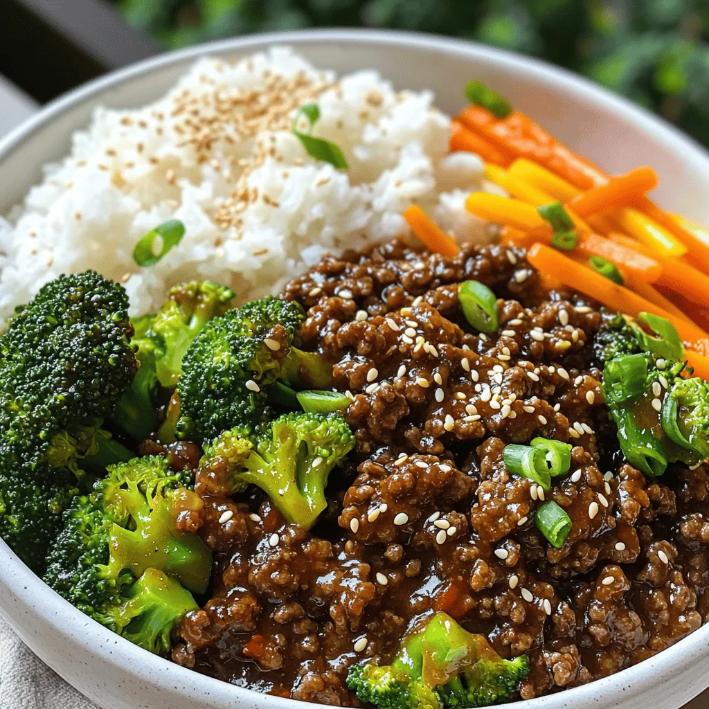 - 1 lb ground beef (80% lean) - 1 tablespoon sesame oil - 4 cloves garlic, minced - 1 inch ginger, grated - 1/4 cup soy sauce (low sodium) - 1 tablespoon gochujang (Korean chili paste) - 2 tablespoons brown sugar - 2 green onions, chopped - 1 cup broccoli florets - Sesame seeds for garnish Gathering these ingredients is simple. The ground beef gives a rich flavor. Sesame oil adds nutty notes. Garlic and ginger bring warmth and depth. Next, we have the sauces. Soy sauce adds saltiness. Gochujang gives heat and sweetness. Brown sugar balances the spice. Each helps create a bold, savory taste. For the vegetables, green onions add freshness. Broccoli adds crunch and color. Sesame seeds finish the dish with a delightful touch. You can find the full recipe for these delicious Korean Beef Bowls here. Enjoy the process of cooking and savor every bite! 1. Heat sesame oil in a large skillet over medium-high heat. 2. Add minced garlic and grated ginger. Sauté for about 30 seconds until fragrant. 3. Next, add the ground beef. Break it apart with a spatula. 4. Cook the beef for about 5-7 minutes, until it is browned and cooked through. 1. Stir in the soy sauce, brown sugar, and gochujang. Mix well. 2. Let it simmer for an additional 2 minutes. 3. To thicken the sauce, mix in the cornstarch and water mixture. 4. Stir until the sauce coats the beef. Remove from heat and add green onions. 1. In another pan, heat olive oil over medium heat. 2. Add broccoli florets and julienned carrot. Sauté for about 4-5 minutes until tender but crisp. 3. To assemble, scoop rice into a bowl. 4. Top with the beef mixture and add the sautéed vegetables on the side. 5. Finish with a sprinkle of sesame seeds for garnish. For the complete details, check the Full Recipe. To make your Korean beef bowls shine, start with gochujang. This paste adds heat and a rich taste. If you want less spice, use less gochujang. You can also mix in a bit of honey for sweetness. This balance helps make every bite enjoyable. When browning the beef, break it into small pieces. Don’t overcrowd the pan. This helps the meat brown evenly. Cook it over medium-high heat for a nice sear. You want those delicious brown bits for flavor. Sautéing veggies is easy if you follow some rules. First, heat your pan before adding oil. This prevents sticking. Add the broccoli and carrots and keep them moving. Cook until they’re bright and crisp, about 4-5 minutes. This keeps their nutrients and crunch. For the rice, the right consistency matters. If you use white rice, rinse it before cooking. This removes excess starch and keeps it fluffy. If you prefer brown rice, cook it a bit longer. Aim for tender, not mushy. When you plate your Korean beef bowls, be creative. Start with a scoop of rice at the bottom of the bowl. Then add the beef mixture on top. Arrange the sautéed veggies on the side for color and texture. Garnishing makes a big difference. Sprinkle sesame seeds over the top for a nice touch. You can also add chopped green onions for freshness. A little drizzle of sesame oil adds shine and flavor, making your dish look and taste great. For the full recipe, refer to the earlier section. {{image_2}} You can switch the ground beef for chicken or tofu. Chicken is leaner and cooks quickly. Tofu is great for a vegetarian option. Just make sure to press the tofu first to remove excess water. If you have leftover steak, use it for a fast meal. Slice it thinly and add it to the sauce. This way, you save time and reduce waste. If you don’t have soy sauce, tamari works well too. Tamari is similar but usually gluten-free. You can also add more veggies to your dish. Try bell peppers, snap peas, or mushrooms. These will add color and nutrients, making your meal even better. Serve your beef bowls with different types of rice. White rice is classic, but brown rice adds fiber. You can also try jasmine or cauliflower rice for a twist. Don’t forget to pair your bowls with kimchi or pickled vegetables. These add a nice crunch and tang, making your meal more exciting. To keep your Korean Beef Bowls fresh, store leftovers right away. Place them in an airtight container. This helps keep the flavors intact and prevents any odor from spreading in your fridge. Always let the beef cool before sealing it. Use the beef mixture and veggies within three days for the best taste. To freeze the beef mixture, let it cool completely. Place it in a freezer-safe bag, squeezing out as much air as possible. For the veggies, blanch them briefly in hot water before freezing. This helps keep their color and crunch. You can freeze both separately for up to three months. When you're ready to eat, thaw them in the fridge overnight for easy meal prep. For reheating, the stovetop is best. Place the beef mixture in a pan and heat it over low-medium heat. This keeps the flavors rich and delicious. Stir often to prevent sticking. For the rice, add a splash of water before reheating. This helps maintain its fluffy texture. Enjoy your meal just like it was freshly made! To make Korean Beef Bowls spicy, add more gochujang. You can also mix in crushed red pepper flakes. Start with a small amount, and taste as you go. This way, you can control the heat level. Some people like it hot, while others prefer mild flavors. Yes, you can prepare Korean Beef Bowls ahead of time. Cook the beef mixture and store it in the fridge. Sauté the vegetables separately, too. When ready to eat, just reheat both and serve over rice. This makes weeknight meals quick and easy. Korean Beef Bowls go well with various side dishes. Here are some great options: - Kimchi - Cucumber salad - Pickled radishes - Steamed bok choy These sides add flavor and texture to your meal. To find authentic Korean Beef Bowls, check local Korean restaurants. Look for reviews online to ensure quality. Many places offer takeout options, so you can enjoy them at home. You can also ask friends for recommendations. If you don't have gochujang, you can use a mix of chili paste and sugar. Sriracha also works in a pinch. Adjust the amounts to match your taste preference. Some people like to add a little soy sauce for extra umami. This article covered the key ingredients and step-by-step instructions for Korean Beef Bowls. You learned about the main components, including ground beef and sesame oil, and how to mix flavors with sauces. I shared tips for perfecting flavor and techniques for cooking vegetables. Explore variations for different proteins and side dishes that enhance your meal. Remember, proper storage helps keep your leftovers fresh. With these insights, you can make delicious and customized Korean Beef Bowls at home. Enjoy your cooking journey!
