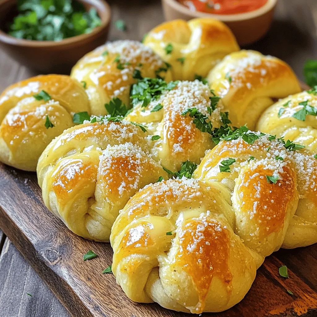 - 1 package (16 oz) pizza dough - 4 tablespoons unsalted butter, melted - 3 cloves garlic, minced - 1/2 cup grated Parmesan cheese - 1 teaspoon dried Italian herbs (oregano, basil, or thyme) - Fresh parsley, chopped (for garnish) - 1/4 teaspoon red pepper flakes (optional for a little kick) - Salt to taste When making Easy Garlic Parmesan Knots, the ingredients are simple yet full of flavor. You start with a package of pizza dough. This dough is the base for your knots. It is soft, easy to work with, and perfect for tying. Next, you need unsalted butter. Melt it down to mix with garlic. The butter adds richness, while garlic gives a bold taste. You will also use minced garlic, which brings out the best flavor. For seasoning, grated Parmesan cheese is key. It adds a savory touch. Dried Italian herbs give your knots a burst of flavor. You can choose oregano, basil, or thyme. If you like a little spice, add red pepper flakes. They bring a nice kick. Finally, salt helps to enhance all the flavors. Don’t forget fresh parsley for garnish. It makes the knots look beautiful. You will enjoy this recipe and its fresh, tasty flavors. For the complete recipe, check out the Full Recipe. - Preheat your oven to 400°F (200°C). - Line a baking sheet with parchment paper. - Roll out pizza dough into a rectangle. - Cut dough into strips, about 1 inch wide and 6 inches long. - Tie each strip into a knot. - Place the knots on the prepared baking sheet, leaving space between them. - Mix melted butter, minced garlic, Italian herbs, and a pinch of salt. - Brush this mixture over each knot, covering them well. - Sprinkle grated Parmesan cheese over the knots. - Bake for 15-20 minutes until they turn golden brown and fluffy. To achieve fluffy knots, you need to handle the dough gently. Overworking it can make the knots tough. When you roll out the dough, aim for a thickness of about 1/4 inch. This thickness helps them rise nicely in the oven. Spacing on the baking sheet is key. Leave at least 2 inches between each knot. This space allows hot air to flow around them, making sure they bake evenly. If they are too close, they can stick together and lose their shape. Using fresh garlic makes a big difference in taste. It gives a strong and bright flavor that powdered garlic cannot match. When you mince fresh garlic, it releases oils that add depth to your dish. If you can’t find Parmesan cheese, try using Pecorino Romano or Grana Padano. Both offer a similar salty and nutty flavor. You can even use nutritional yeast for a vegan option. The best dips for garlic knots include marinara sauce or garlic butter. Marinara adds a nice tang, while garlic butter brings more garlic flavor. Both make great choices for dipping. For a pretty presentation, serve the knots warm on a rustic wooden board. Add some extra Parmesan on the side for a cheesy touch. A small bowl of marinara or garlic sauce will make the dish inviting and fun for everyone to enjoy. For the full recipe, check out the section above! {{image_2}} You can have fun with flavor infusions in your garlic knots. Adding herbs or cheese to the dough boosts taste. Try mixing in fresh basil or rosemary for a fragrant twist. A bit of mozzarella can give a cheesy center that melts in your mouth. If you like spice, you can make a spicy version. Add chopped jalapeños or pepperoni to the dough. These ingredients bring heat and flavor. The warm, bold taste pairs well with the garlic and cheese. For those on special diets, garlic knots can still shine. You can use gluten-free pizza dough. Many brands offer tasty options that work well. Just be sure to follow the package instructions for the best results. If you want a vegan version, swap the butter and cheese. Use olive oil instead of butter. Nutritional yeast can replace Parmesan cheese. This keeps the flavor while sticking to vegan needs. Garlic knots can fit any season. For holidays, try making themed knots. You can shape them like wreaths for Christmas or bunnies for Easter. These fun shapes add a festive touch to your table. You can also pair garlic knots with seasonal ingredients. In summer, add fresh tomatoes or basil. In fall, mix in pumpkin spice for a unique twist. This keeps your snacks fresh and exciting all year long. To keep your garlic knots fresh, store them at room temperature. Place them in a paper bag or a container with a lid. Avoid using plastic wrap, as it can make them soggy. They will stay good for about two days. If you have leftovers, refrigerate them to keep them safe. Use an airtight container to prevent them from drying out. Garlic knots can last in the fridge for up to four days. For longer storage, freezing is the best method. First, let the garlic knots cool completely. Then, place them in a single layer on a baking sheet. Freeze them for about an hour. Once frozen, transfer them to a freezer bag. This way, they won't stick together. Garlic knots can last in the freezer for up to three months. When you are ready to enjoy them, reheat the knots for the best texture. Preheat your oven to 350°F (175°C). Place the frozen knots on a baking sheet and bake for about 10-15 minutes. This will warm them up and restore their fluffy texture. For a crispy finish, you can broil them for a minute or two. Enjoy your delicious garlic knots again! For the full recipe, check out the section above. Can I use homemade pizza dough for garlic knots? Yes, you can use homemade pizza dough. It adds a personal touch. Just ensure it is stretchy and soft. Homemade dough can bring out great flavors. How can I troubleshoot dense garlic knots? If your knots are dense, check your dough. It might need more kneading. Also, ensure your oven is at the right temperature. Let the dough rise enough before shaping. What can I add to make my garlic knots more flavorful? You can add herbs like rosemary or thyme. Try mixing in some cheese into the dough too. A sprinkle of smoked paprika can add a nice twist. Can I make garlic knots ahead of time? Absolutely! You can shape the knots and chill them. Just cover them well before baking. Bake them fresh when you are ready to enjoy. What to serve with garlic parmesan knots? These knots pair well with marinara sauce. You can also serve them with garlic butter or ranch dip. A crisp salad adds a nice balance too. Can garlic knots be served cold? Yes, but they taste best warm. If you have leftovers, store them properly. Reheat them for a soft, tasty snack again. For the full recipe, check out the details mentioned earlier. In this post, we covered how to make delicious garlic knots using simple ingredients. From prepping the dough to baking, each step helps you create tasty knots that shine at any meal. Remember to try different flavors or even adjust for dietary needs. With these tips, your garlic knots will impress every time. Enjoy making and sharing this tasty snack!