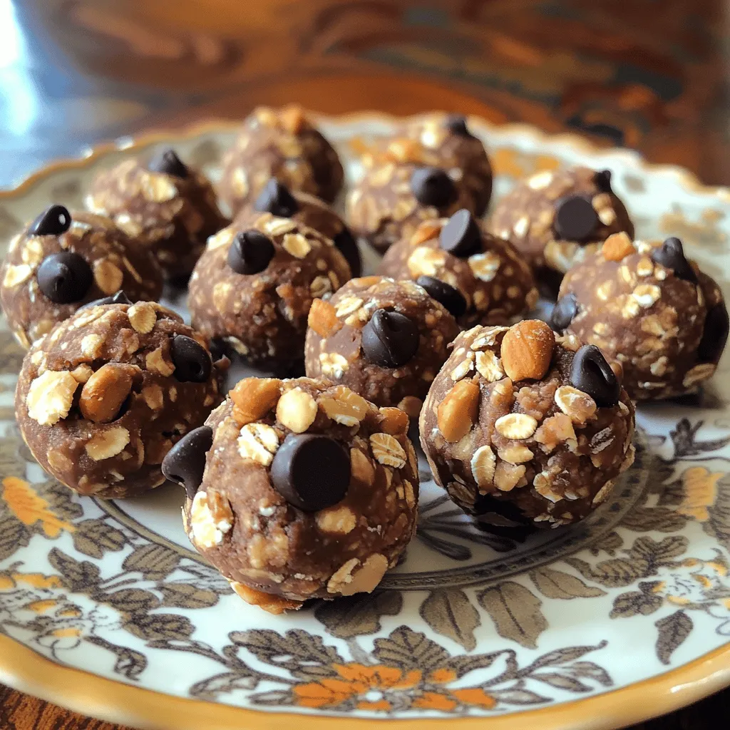 To make No Bake Energy Bites, you need simple ingredients. Here’s what you’ll need: - 1 cup rolled oats - 1/2 cup natural peanut butter - 1/4 cup honey or maple syrup - 1/3 cup dark chocolate chips - 1/4 cup ground flaxseed - 1/4 cup chopped nuts (almonds or walnuts) - 1/2 teaspoon vanilla extract - A pinch of sea salt These ingredients work together to create a tasty and healthy snack. The rolled oats provide fiber and energy. Peanut butter gives protein and healthy fats. Honey or maple syrup adds sweetness and binds the mixture. Dark chocolate chips offer a fun, sweet touch. Flaxseed adds omega-3s, and nuts give crunch. You can customize your energy bites with add-ins. Here are some ideas: - Dried fruits like raisins or cranberries - Coconut flakes for a tropical flavor - Chia seeds for extra nutrition - Cinnamon for a warm spice - Protein powder for an extra protein boost Adding these can change the taste and texture. Play around to find your favorite mix! Understanding the nutrition in your bites helps you make smart choices. Here’s a brief look: - Rolled oats: High in fiber, good for digestion. - Peanut butter: Packed with protein and healthy fats. - Honey or maple syrup: Natural sweeteners with some vitamins. - Dark chocolate chips: Provide antioxidants but watch the amount! - Ground flaxseed: Great source of omega-3 fatty acids. - Chopped nuts: Offer protein and healthy fats. These bites are not just tasty; they are also good for you! They give you the energy you need for your day. For the full recipe, check out the Nutty Chocolate Delight Energy Bites. Start by gathering your dry ingredients. In a large mixing bowl, combine: - 1 cup rolled oats - 1/4 cup ground flaxseed - A pinch of sea salt Mix them well. Make sure there are no clumps. This step sets the base for your energy bites. Next, take a separate bowl for the wet ingredients. Add: - 1/2 cup natural peanut butter - 1/4 cup honey or maple syrup - 1/2 teaspoon vanilla extract Stir until the mixture is smooth and creamy. This blend brings a rich flavor to your bites. Now, pour the wet mixture into the dry bowl. Use a spatula to mix everything together. Make sure all the dry ingredients are coated. Then fold in: - 1/3 cup dark chocolate chips - 1/4 cup chopped nuts (almonds or walnuts) Once mixed, scoop out tablespoon-sized portions. Roll them into balls using your hands. This is where the fun happens! Place your energy bites on a baking sheet lined with parchment paper. Refrigerate for at least 30 minutes to set. Once firm, enjoy them as a snack! For a pretty presentation, arrange the bites on a plate. Sprinkle some extra dark chocolate chips or chopped nuts around them. You can also package them in airtight containers for on-the-go snacks. For the full recipe, check out the Nutty Chocolate Delight Energy Bites. To get the best texture, use thick peanut butter. It helps hold everything together. You can also adjust the oats for more chewiness. If you want a softer bite, add more honey or syrup. For a great flavor, use fresh ingredients. A pinch of sea salt enhances the taste. One mistake is not mixing well. If the dry and wet ingredients don't blend, the bites may fall apart. Another issue is not chilling them long enough. They need at least 30 minutes in the fridge to set properly. Avoid using too much liquid, which can make them sticky and hard to form. You can change the nuts to suit your taste. Try almonds, walnuts, or even sunflower seeds. For added flavor, mix in spices like cinnamon or cocoa powder. You can also swap dark chocolate chips for fruit, like raisins or dried cranberries. This gives a new twist to the bites. For the full recipe, check out Nutty Chocolate Delight Energy Bites! {{image_2}} To make vegan no bake energy bites, simply swap honey for maple syrup. This keeps the bites sweet and plant-based. You can also use almond butter or sunflower seed butter in place of peanut butter. Both options taste great and add a unique twist. If you need gluten-free energy bites, use certified gluten-free oats. Most oats are naturally gluten-free, but some can be cross-contaminated. Check the label to be sure. You can also use gluten-free chocolate chips for a perfect gluten-free snack. You can mix and match flavors to create your perfect energy bites. Here are some fun ideas: - Chocolate Peanut Butter: Add cocoa powder to the mix for a rich taste. - Coconut Almond: Toss in shredded coconut and chopped almonds for a tropical flavor. - Berry Bliss: Use dried cranberries or blueberries for a fruity touch. Experiment with different combinations to find your favorite! For the full recipe, check out the Nutty Chocolate Delight Energy Bites. To keep your no bake energy bites fresh, store them in an airtight container. You can place them in the fridge for best results. This keeps them firm and tasty. If you want to prevent them from sticking together, layer them with parchment paper. Always use a clean spoon to avoid extra moisture. When stored correctly in the fridge, no bake energy bites last about one week. If you notice any changes in smell or texture, it’s best to toss them out. Always check for mold or off-odors before eating. You can freeze energy bites for up to three months. To freeze, place them on a baking sheet first. Once frozen, transfer them to a freezer-safe bag. When you are ready to eat them, thaw in the fridge overnight. This way, they will taste just as fresh as when you made them. For a quick snack, you can also eat them straight from the freezer! Yes, you can! You can swap peanut butter for almond or cashew butter. Each nut butter gives a unique taste. Try sunflower seed butter for a nut-free option. Just make sure it's smooth and creamy for the best texture. To cut sugar, use less honey or maple syrup. You can also replace them with mashed bananas or unsweetened applesauce. These swaps add natural sweetness without extra sugar. Moreover, choose dark chocolate with a higher cocoa content, as it has less sugar. Absolutely! For nut allergies, use seed butters like sunflower. You can also skip the nuts entirely. For gluten-free bites, make sure your oats are certified gluten-free. This way, everyone can enjoy these tasty snacks without worry. The full recipe is simple and quick. Here it is: Ingredients: - 1 cup rolled oats - 1/2 cup natural peanut butter - 1/4 cup honey or maple syrup - 1/3 cup dark chocolate chips - 1/4 cup ground flaxseed - 1/4 cup chopped nuts (almonds or walnuts) - 1/2 teaspoon vanilla extract - A pinch of sea salt Follow these steps to make them: 1. In a large bowl, mix oats, flaxseed, and sea salt. 2. In another bowl, blend peanut butter, honey, and vanilla until smooth. 3. Combine both mixtures, then fold in chocolate chips and nuts. 4. Shape into balls and chill for 30 minutes. Enjoy! No bake energy bites are simple, tasty snacks you can make at home. We covered key ingredients and optional add-ins for flavor. The step-by-step guide helps you create the perfect bites every time. I shared tips to improve texture and avoid common mistakes. You can easily customize these bites and choose from various flavors. With proper storage, your energy bites will last longer and stay fresh. Experiment with nut butters and lower sugar options for a healthier snack. Enjoy making these easy treats!