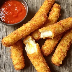 - 10 sticks of mozzarella cheese - 1 cup all-purpose flour - 2 large eggs - 1 cup seasoned breadcrumbs - 1 teaspoon garlic powder - 1 teaspoon dried oregano - 1/2 teaspoon cayenne pepper (optional) - Salt and pepper to taste - Vegetable oil for frying - Marinara sauce (for dipping) You need fresh mozzarella for the best flavor. I love using string cheese. It’s perfect for this recipe. You will also need flour to coat the cheese, which helps the breading stick well. Eggs are vital for the binding process. They create a lovely golden crust when fried. Seasoned breadcrumbs add extra flavor. You can choose plain breadcrumbs too, but I recommend seasoned for a boost. Garlic powder and oregano are my go-to spices. They create a nice, savory taste. If you like heat, add cayenne pepper for a kick. Don't forget salt and pepper! They bring all the flavors together. For cooking, you’ll need vegetable oil. It helps achieve that crisp texture we all crave. And, of course, marinara sauce is perfect for dipping. It complements the cheesy goodness of the sticks! For the full recipe, check out the Cheesy Crunch Mozzarella Sticks recipe section. Start by freezing your mozzarella sticks for about 30 minutes. This step is key. It helps them hold their shape while frying, ensuring a perfect bite. Next, set up your breading station. You need three bowls. In the first bowl, mix 1 cup of flour with a pinch of salt and pepper. In the second bowl, whisk 2 large eggs until well combined. In the third bowl, mix 1 cup of breadcrumbs with 1 teaspoon of garlic powder, 1 teaspoon of dried oregano, and any extra salt you want. Once your cheese sticks are firm, take them out of the freezer. First, roll each stick in the flour. Make sure they are evenly coated. This helps the egg stick later. Next, dip the floured mozzarella sticks into the egg mix. Let any extra egg drip off before moving on. Now, roll the cheese sticks in the breadcrumb mix. Press gently so the coating sticks well. For extra crunch, repeat the egg and breadcrumb steps. This double coating makes all the difference. In a large skillet or deep fryer, heat about 1 to 2 inches of vegetable oil over medium heat. Aim for about 350°F or 175°C. This temperature is important for crispy sticks. Carefully add the breaded mozzarella sticks in batches. Do not overcrowd the pan. Fry them for about 1 to 2 minutes. You want them golden brown and crispy. Use a slotted spoon to take them out. Place them on a plate lined with paper towels. This helps drain excess oil. Serve hot with marinara sauce for dipping. Enjoy your delicious snack! To get the best texture, start by freezing the cheese sticks. Freeze them for about 30 minutes. This helps them hold their shape while frying. If you skip this step, the cheese may ooze out. Next, pay close attention to the oil temperature. Heat the oil to about 350°F (175°C). If the oil is too cool, the sticks will absorb too much oil. If it’s too hot, they may brown too fast. A candy thermometer can help you find the perfect temp. You can make these mozzarella sticks even better by adding spices or herbs. Try adding a pinch of paprika or Italian seasoning to the breadcrumbs. This gives extra flavor without much effort. Feel free to use different types of cheese as well. Pepper Jack adds a nice kick, while Cheddar gives a rich taste. Experimenting with flavored cheese sticks can also surprise your taste buds. You have two main options for cooking mozzarella sticks: frying or baking. Frying gives a crunchy exterior and gooey inside. However, baking can be healthier. If you bake, set your oven to 400°F (200°C) and bake for 10-12 minutes. For a healthier version, use less oil. Coat the sticks lightly with cooking spray instead of frying them. This reduces fat but keeps the crunch. You can still enjoy homemade mozzarella sticks without the guilt. {{image_2}} You can mix it up with different cheeses. Instead of mozzarella, try pepper jack for a spicy kick. Cheddar also works well, adding a sharp taste. You can use flavored cheese sticks too. Think garlic, herb, or even smoked cheese. These choices create new flavors that keep things fun! If you need a gluten-free version, you can easily swap out the flour and breadcrumbs. Use almond flour or gluten-free flour for the breading. For breadcrumbs, look for gluten-free options made from rice or corn. These products help you enjoy the same great taste without gluten. While marinara is a classic dip, you can get creative! Try making homemade ranch dressing. Mix sour cream, buttermilk, and your favorite herbs. Spicy aioli is another fun choice. Just blend mayonnaise with garlic and hot sauce. These dips add a new twist to your mozzarella sticks! To keep leftover mozzarella sticks fresh, let them cool to room temperature. Place them in an airtight container. I recommend using a glass or plastic container with a good seal. This helps keep them crispy and tasty. Store the container in the fridge. They stay good for about 3 to 4 days. If you want to keep them longer, freezing is a great option. You can freeze mozzarella sticks before or after cooking. To freeze them before cooking, place the breaded sticks on a baking sheet. Make sure they do not touch each other. Freeze them for about 30 minutes. After they are firm, transfer them to a freezer bag. Label the bag with the date. They can stay frozen for up to 3 months. If you freeze cooked mozzarella sticks, let them cool first. Then, wrap each stick in plastic wrap and place them in a freezer bag. For best results, eat them within 2 months. To reheat, bake them in an oven at 375°F (190°C) for about 10 minutes. This keeps them crispy. Fresh mozzarella sticks taste best when eaten soon after cooking. If stored properly, they last about 3 to 4 days in the fridge. You can tell they are spoiled if they smell bad or show mold. If the cheese looks dry or hard, it’s time to toss it. Always trust your senses. When in doubt, throw it out! You can bake or air-fry mozzarella sticks for a healthier option. To bake, preheat your oven to 400°F (200°C). Place your breaded mozzarella sticks on a baking sheet lined with parchment paper. Spray them lightly with cooking spray. Bake for about 8-10 minutes, flipping halfway through, until golden. If using an air fryer, set it to 375°F (190°C) and cook for about 6-8 minutes. Both methods give you a crispy texture without the oil. Yes, you can use various cheeses. Pepper Jack adds a spicy kick. Cheddar gives a sharp flavor. You can also use string cheese, which is easy to find. Try mixing cheeses for unique blends. Just ensure that any cheese you choose melts well to keep that gooey center. To prevent leaks, freeze the mozzarella sticks before frying. This helps them hold their shape. Make sure the oil is hot, around 350°F (175°C). Fry them in batches, so they don’t touch. Avoid overcooking, as this can cause the cheese to melt too quickly. Mozzarella sticks pair well with marinara sauce for dipping. You can also serve them with ranch dressing or spicy aioli for a twist. Consider adding a side of fresh veggies or a small salad for a fun plate. You can even serve them with a charcuterie board for a snack party. Making mozzarella sticks at home is simple and fun. We covered key ingredients like cheese, flour, and seasonings. I shared step-by-step instructions for breading and frying. Tips for perfect texture and flavor customization can enhance your dish. Whether you prefer frying or baking, I provided several options for health-conscious eaters. Lastly, learn how to store and freeze for later enjoyment. Enjoy experimenting and creating delicious snacks that will impress everyone. Happy cooking!