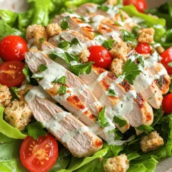 When making a Healthy Chicken Caesar Salad, gather these simple ingredients. They bring the dish to life and keep it fresh. - 2 boneless, skinless chicken breasts - 1 tablespoon olive oil - Salt and pepper to taste - 6 cups romaine lettuce, chopped - 1 cup cherry tomatoes, halved - 1/4 cup grated Parmesan cheese (or nutritional yeast for a vegan option) - 1/4 cup whole grain croutons (store-bought or homemade) - 1/4 cup Greek yogurt - 2 tablespoons lemon juice - 1 tablespoon Dijon mustard - 1 clove garlic, minced - Fresh parsley for garnish These ingredients make your salad tasty and nutritious. The chicken adds protein, while the romaine lettuce and tomatoes provide crunch and freshness. The dressing, made from Greek yogurt, lemon juice, and mustard, gives a creamy touch without too many calories. You can switch Parmesan cheese with nutritional yeast if you prefer a vegan option. Feel free to adjust the salt and pepper to your taste. Adding croutons gives a nice crunch. This mix of flavors will make your Healthy Chicken Caesar Salad shine. For the complete recipe, check out the Full Recipe section above. 1. Preheat your grill or grill pan. Set it to medium-high heat. This helps the chicken cook evenly. 2. Season and grill the chicken. Brush the chicken breasts with olive oil. Add salt and pepper to taste. Grill the chicken for 6-7 minutes on each side. Look for clear juices to know they’re done. 3. Let the chicken rest before slicing. Take the chicken off the grill. Let it sit for about 5 minutes. This helps keep the meat juicy when you slice it. 1. Combine romaine lettuce and cherry tomatoes. In a big salad bowl, add the chopped romaine. Toss in the halved cherry tomatoes for a burst of flavor. 2. Make the dressing with Greek yogurt and seasonings. In a small bowl, mix Greek yogurt, lemon juice, Dijon mustard, minced garlic, salt, and pepper. Whisk until smooth and creamy. 3. Toss salad and add toppings. Pour the dressing over the salad. Gently toss to coat the lettuce and tomatoes. Add the grilled chicken strips, grated Parmesan cheese, and croutons on top. For the complete process, don’t forget to check the Full Recipe! Enjoy your Healthy Chicken Caesar Salad! - Always check that chicken reaches 165°F for safe eating. - Slice chicken against the grain for tender strips. When cooking chicken, a meat thermometer is your best friend. Insert it into the thickest part of the breast. This will help ensure it is fully cooked. Let the chicken rest for 5 minutes before slicing. This keeps the juices in. For serving, cut the chicken into strips. This makes it easier to mix into the salad. - Use Greek yogurt instead of mayo for a healthy twist. - Adjust the lemon juice and mustard to fit your taste. Dressing can make or break your salad. For a lighter Caesar dressing, I use Greek yogurt. It adds creaminess without too many calories. You can also swap in nutritional yeast for a cheesy flavor. If you want more zing, add extra lemon juice. A splash of Worcestershire sauce can also boost the flavor. Taste as you go to find what you like best. Check out the Full Recipe for more ideas. {{image_2}} You can easily change this salad to fit your diet. If you want a vegan option for chicken, try using grilled tofu or tempeh. Both options have a great texture. They soak up flavors well and add protein. For croutons, look for gluten-free options. You can also make your own with gluten-free bread. Just cube the bread and toast it in the oven. Adding more vegetables makes the salad even better. Cucumbers add a nice crunch, while bell peppers bring a sweet taste. You can mix in cherry peppers or radishes for extra flavor. If you want more protein, try adding chickpeas. They are tasty and fill you up. Another great choice is to use quinoa. It gives a nice texture and boosts nutrition. You can find all these ideas in the Full Recipe. To keep your Healthy Chicken Caesar Salad fresh, store the salad and dressing separately. This way, the greens stay crisp. Use an airtight container for the salad. Place the dressing in a small jar. This helps prevent sogginess. You can keep the salad in the fridge for up to three days. The dressing lasts about a week. For the best storage, make sure everything is cool before sealing. Avoid adding croutons until serving. They add crunch and stay fresh this way. Meal prep can save you time and keep your salad fresh. Start by cooking the chicken in advance. You can grill it and store it in the fridge. Slice it right before you serve. Chop the romaine and tomatoes ahead of time, too. Keep them in separate containers. On the day you want to eat, just assemble everything. Drizzle the dressing over the salad and toss it well. This keeps the flavors bright and fresh. For the full recipe, check out the complete guide. How to make a lower-calorie dressing? To make a lower-calorie dressing, replace Greek yogurt with a lower-fat option. You can also use less oil and add more lemon juice. This keeps the flavor but cuts down on calories. Can I use pre-cooked chicken? Yes, you can use pre-cooked chicken for this salad. It saves time and still tastes great. Just make sure it is shredded or chopped into bite-sized pieces for easy mixing. Is this salad suitable for meal prep? This salad is great for meal prep! You can store the salad and dressing separately. Keep the chicken, lettuce, and toppings fresh until you are ready to eat. What are the health benefits of this salad? This salad is packed with nutrients. Chicken provides lean protein. Romaine lettuce is rich in vitamins A and K. Tomatoes add antioxidants. Together, they make a balanced meal that helps keep you full. How can I reduce sodium in the recipe? To reduce sodium, use less salt when cooking the chicken. You can also choose low-sodium croutons and skip added salt in the dressing. This makes the salad heart-friendly without losing flavor. This blog post covered a tasty salad with grilled chicken and a healthy dressing. We explained the key ingredients, step-by-step instructions, and helpful tips. You learned ways to customize the salad and store leftovers. Remember, you can adjust flavors to fit your taste. This recipe offers a fresh option for meals. Enjoy experimenting until you find your perfect version.