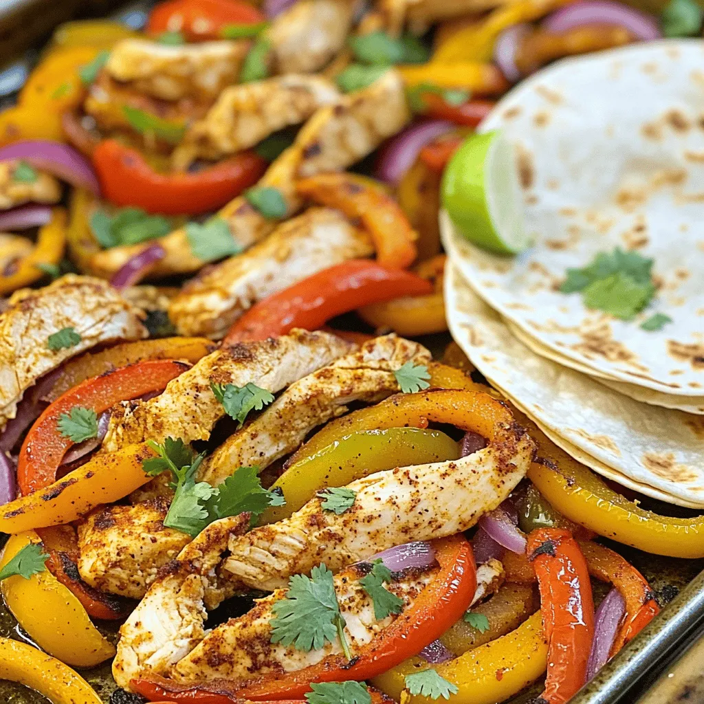 - 1.5 lbs boneless, skinless chicken breasts, sliced into thin strips - 2 tablespoons olive oil - 1 tablespoon chili powder - 1 teaspoon cumin - 1 teaspoon smoked paprika - 1/2 teaspoon garlic powder - 1/2 teaspoon onion powder - Salt and pepper to taste - 1 red bell pepper, sliced - 1 yellow bell pepper, sliced - 1 red onion, sliced - 1 lime, juiced - Fresh cilantro, chopped (for garnish) - Tortillas (for serving) This recipe starts with the main ingredients. The chicken gives the dish its protein. I love using boneless, skinless chicken breasts, as they cook quickly. The sliced vegetables add color and flavor. Bell peppers and red onion work perfectly here. For seasonings, I use a mix of chili powder, cumin, and smoked paprika. These spices bring warmth and depth to the dish. - Avocado or guacamole - Sour cream or Greek yogurt - Shredded cheese - Fresh salsa - Spanish rice or black beans When serving, consider adding toppings. Avocado or guacamole adds creaminess. Sour cream or Greek yogurt can balance the spice. For a cheesy touch, sprinkle shredded cheese on top. Fresh salsa adds brightness. I also enjoy serving these fajitas with Spanish rice or black beans for a complete meal. You can find the full recipe mentioned above to make these delicious sheet pan chicken fajitas. Prepping the chicken Start by slicing 1.5 lbs of boneless, skinless chicken breasts into thin strips. This helps the chicken cook evenly and absorb all the flavors. Place the chicken in a large mixing bowl. Chopping vegetables Next, chop your veggies. Slice 1 red bell pepper, 1 yellow bell pepper, and 1 red onion. The colors add great appeal to your dish. Toss the chopped veggies into the bowl with the chicken. Preheating the oven Set your oven to 400°F (200°C). This high heat helps to roast the chicken and veggies quickly. Line a large sheet pan with parchment paper. This makes cleanup easy later. Baking the mixture In your bowl, add 2 tablespoons of olive oil, 1 tablespoon of chili powder, 1 teaspoon of cumin, 1 teaspoon of smoked paprika, 1/2 teaspoon of garlic powder, 1/2 teaspoon of onion powder, salt, and pepper. Toss everything well. Then, spread the mixture evenly on the prepared sheet pan. Bake for 20-25 minutes. Stir halfway to ensure even roasting. Check that the chicken is cooked through and the veggies are tender. How to serve with tortillas Once your fajitas are done, serve them warm with tortillas. You can use flour or corn tortillas based on your taste. Garnishing tips For a fresh touch, sprinkle chopped cilantro on top. A squeeze of lime juice adds a bright flavor. These simple garnishes make your dish pop! Enjoy your Sizzling Sheet Pan Chicken Fajitas with friends and family. For great flavor, marinate your chicken. Use a mix of olive oil, lime juice, and spices. Let it sit for at least 30 minutes. This helps the chicken soak in the taste. You can add a bit of honey for sweetness. If you want more heat, try adding cayenne pepper. Adjust spices based on your taste. Use less for mild flavor or more for a kick. To get juicy chicken, do not overcook it. Bake at 400°F for 20-25 minutes. Check the chicken's internal temperature; it should reach 165°F. Stir halfway through cooking for even results. If you want crispy veggies, spread them out well on the pan. This helps them roast nicely. Serve your fajitas with fresh tortillas. You can add dips like guacamole or salsa on the side. For a fun touch, use colorful plates to present your meal. Add a sprinkle of fresh cilantro for a pop of color. You can also serve with lime wedges for an extra zing. Want to impress? Make a fajita bar where everyone can build their own. For the full recipe, check out the link above. {{image_2}} You can change the protein in this dish. Try shrimp, beef, or tofu. Each option adds a unique taste. For a twist, use turkey breast. It cooks well and stays juicy. You can also mix up the veggies. Instead of bell peppers, use zucchini or mushrooms. Asparagus and corn also work nicely. They add color and crunch to your meal. Adjusting spice levels is simple. If you want more heat, add cayenne pepper or diced jalapeños. You can mix in fresh chili for a kick. On the other hand, keep it mild with less chili powder. Adding a touch of honey can balance out the heat. Try this if you want a sweeter flavor. A squeeze of lime juice can also enhance the taste. For gluten-free options, use corn tortillas instead of flour. They pair well with the fajitas. If you follow a keto diet, skip the tortillas altogether. Serve the chicken and veggies on a bed of lettuce. You can also use cauliflower rice as a base. This keeps the meal low in carbs while still being filling. After your fajitas, store leftovers right away. This keeps them fresh and tasty. Place the fajita mix in an airtight container. Glass containers work best, as they won't stain or hold odors. Make sure to cool the fajitas to room temperature before sealing. This prevents condensation, which can make the food soggy. To reheat, you have two main options: the oven or microwave. The oven gives better flavor but takes longer. Preheat it to 350°F (175°C). Place the fajitas on a baking sheet and heat for about 10-15 minutes. Stir them halfway to warm evenly. For the microwave, use a microwave-safe dish. Cover it with a lid or plastic wrap. Heat for 1-2 minutes. Stir and check if they are warm enough. If not, heat in 30-second intervals. Freezing fajitas is easy and saves time for later. To freeze, let the fajita mix cool completely. Then, divide it into portions. Use freezer bags or airtight containers. Make sure to remove as much air as possible to prevent freezer burn. To thaw, place the frozen fajitas in the fridge overnight. This gives you a simple meal for the next day. You can also defrost them in the microwave if you are short on time. Just be careful not to cook them while thawing. Enjoy your meal anytime with these simple storage tips! How to make Sheet Pan Chicken Fajitas ahead of time? To make these fajitas ahead of time, slice the chicken and veggies. Mix them with the spices and oil. Store everything in an airtight container in the fridge. You can prep this up to 24 hours before cooking. Just remember to bake them fresh when you are ready to eat. Can I use frozen chicken for the recipe? Yes, you can use frozen chicken. However, thaw it completely before cooking. This helps the chicken cook evenly. If you bake it from frozen, the cooking time will increase. What temperature should I bake fajitas at? Bake your sheet pan chicken fajitas at 400°F (200°C). This temperature helps the chicken and veggies cook nicely without burning. How do I know when the chicken is done? Check the chicken's internal temperature. It should reach 165°F (74°C). The chicken should also be no longer pink in the middle. Can I use different spices? Absolutely! Feel free to swap spices to match your taste. Try adding taco seasoning or cayenne pepper for extra kick. Are there low-calorie alternatives? Yes, you can use skinless chicken thighs instead of breasts. Swap in less oil or use cooking spray. You can also add more veggies for a healthy boost. This article covered essential steps for making delicious Sheet Pan Chicken Fajitas. You learned about main ingredients, prep and cooking methods, and serving tips. We also explored variations for different diets. Remember, experimenting with flavors and textures can make your meal even better. Use these tips to create a dish that suits your taste. Now, you’re ready to impress your friends and family with tasty fajitas. Enjoy your cooking journey!
