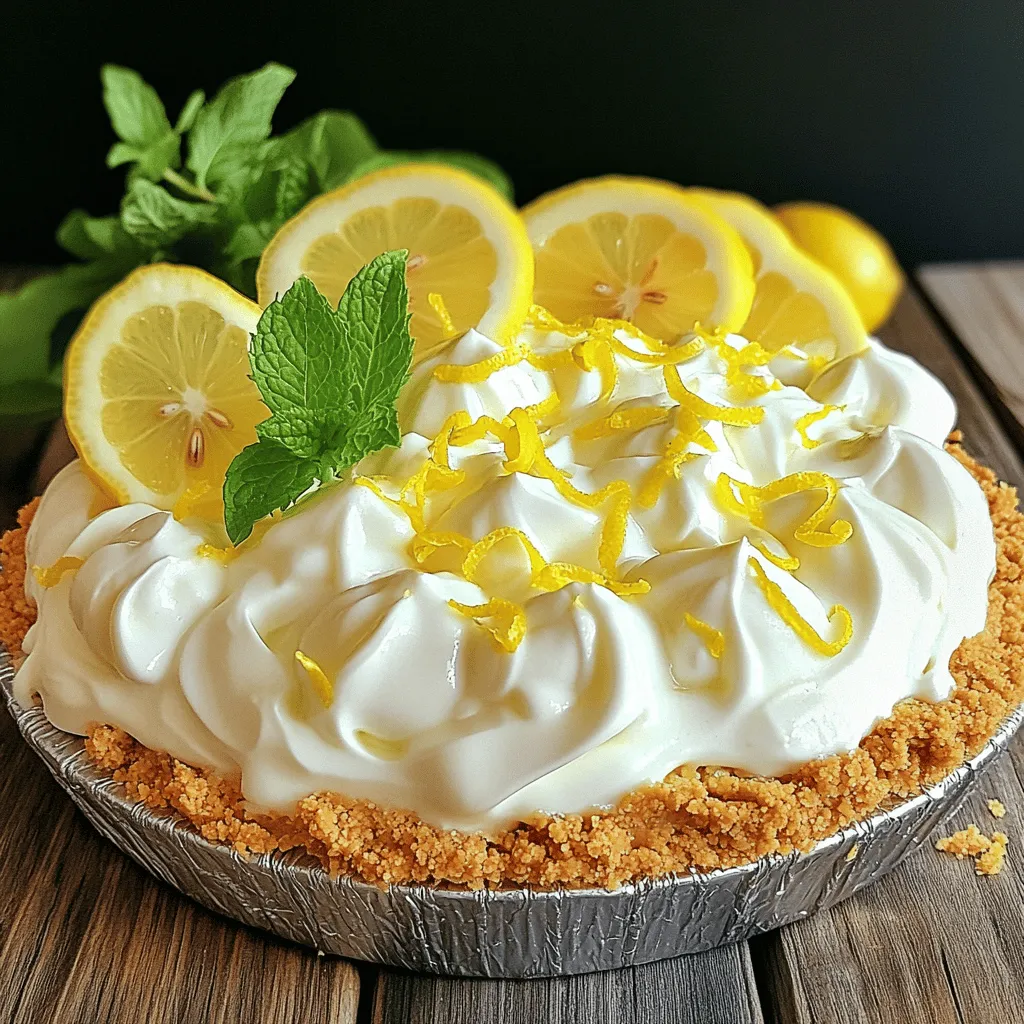 - 1 ½ cups graham cracker crumbs - ½ cup unsalted butter, melted - 1 cup sweetened condensed milk - ½ cup fresh lemon juice (about 2-3 lemons) - Zest of 2 lemons - 1 cup heavy whipping cream - ¼ cup powdered sugar - Fresh lemon slices and mint leaves for garnish (optional) Importance of using fresh lemon juice Using fresh lemon juice is key. It gives the pie a bright flavor. Bottled juice lacks that fresh taste. Always opt for fresh lemons when making this pie. Choosing the right graham crackers Not all graham crackers are the same. Look for a brand with a nice crunch. This helps your crust hold up well. A good crust is the base of a great pie. Tips for selecting powdered sugar When choosing powdered sugar, check the package. Make sure it is fresh and dry. Older sugar can clump and affect your cream. Fresh powdered sugar helps create a smooth, sweet whipped cream. For the full recipe, please refer to the section above. To make a great graham cracker crust, start with 1 ½ cups of graham cracker crumbs. Mix these crumbs with ½ cup of melted unsalted butter in a medium bowl. Make sure all the crumbs are coated well. Press the mixture into a 9-inch pie dish, forming an even layer. You can bake it for 8-10 minutes at 350°F for a crispier crust, or skip baking for a softer texture. Next, let's make the lemon filling. In another bowl, whisk together 1 cup of sweetened condensed milk, ½ cup of fresh lemon juice, and the zest of 2 lemons. Mix until everything is smooth and combined. This part adds a bright flavor to your pie. Now, we need to whip the cream. Take 1 cup of heavy whipping cream and whip it in a separate bowl until you see soft peaks. Gradually add in ¼ cup of powdered sugar while whipping until you reach stiff peaks. This cream will give your pie a light and airy texture. Now, for the fun part! Take the whipped cream and gently fold it into the lemon custard. Be careful not to deflate the cream. Keep folding until you see no white streaks. This mixture is what makes the pie so fluffy. Pour the lemon filling into your cooled graham cracker crust. Use a spatula to smooth out the top, making it look nice and even. A smooth finish makes the pie more appealing. For the best results, cover your pie with plastic wrap and refrigerate it for at least 4 hours. If you can, let it chill overnight. This helps the pie set properly. When it’s time to serve, slice the pie carefully. Use a sharp knife to get clean cuts. For a beautiful touch, garnish each slice with fresh lemon slices and mint leaves. This adds color and makes the pie look fancy. You can find the Full Recipe for more detailed guidance, but these steps will get you to a refreshing summer delight! To make the crust without baking, use a food processor. Combine graham cracker crumbs and melted butter until blended. Press this mix into your pie dish firmly. If you want a softer crust, skip baking altogether. To prevent a soggy bottom, chill the crust after pressing it. This step helps it firm up nicely. Adding extra zest from the lemons gives your pie a tangy kick. I suggest using the zest of three lemons for a burst of flavor. If you want to change the sweetness, try different sweeteners. Honey or agave syrup can give a unique twist. Adjust the amount to fit your taste buds. Pair your pie with fresh berries for a colorful touch. Raspberries or blueberries complement the lemon well. For a creative presentation, use a clear glass dish. This way, guests can admire the layers of lemon and cream. Garnish with lemon slices and mint leaves for a bright finish. {{image_2}} You can play with flavors to make this pie unique. Try a berry-infused lemon icebox pie. Just add fresh berries like strawberries or blueberries to the lemon filling. Blend them gently so the berries remain whole. This adds a nice pop of color and flavor. Another fun option is a chocolate lemon icebox pie. Mix in some melted dark chocolate into the lemon filling for a rich twist. The chocolate and lemon pair well, creating a delightful surprise. If you're looking for gluten-free options, swap regular graham crackers for gluten-free ones. Many brands offer gluten-free graham cracker crumbs that work great. You can also make your own with almond flour and coconut flour. For a dairy-free version, use coconut cream instead of heavy cream. Chill a can of coconut milk overnight. Scoop out the cream and whip it like regular cream. This gives you a light and airy texture without dairy. Mini icebox pies are perfect for parties or small servings. Use muffin tins or small jars to create individual pies. Simply follow the same recipe. Divide the crust and filling among the tins or jars. For portion control, aim for about half a cup of filling per mini pie. This way, everyone can enjoy their own without overindulging. Plus, they look cute when served! For presentation, add fresh fruit or a mint leaf on top of each mini pie. This makes them look fancy and inviting. You can find the full recipe to get started on this delicious journey! To keep your No-Bake Lemon Icebox Pie fresh, cover it tightly. Use plastic wrap or a lid. A good container keeps the pie from absorbing other smells. For best results, store it in a shallow, airtight container. This also makes it easier to slice later. If you have extra pie, just slice and store the pieces separately. This pie lasts about 3 to 4 days in the fridge. After that, it may start to lose its fresh taste. Look for changes in texture or smell. If it seems watery or has an off odor, it’s time to toss it. You can freeze this pie if you want to keep it longer. To do this, wrap the pie tightly in plastic wrap. Then, place it in a freezer-safe bag. It can stay frozen for about 1 month. When you're ready to eat it, move the pie to the fridge. Let it thaw overnight for the best texture. Avoid microwaving, as this can ruin the creamy filling. Enjoy your pie at its best! For the full recipe, check [Full Recipe]. To make this pie, you’ll start with the crust. Combine graham cracker crumbs and melted butter. Press the mixture into a pie dish. Next, make the filling by whisking sweetened condensed milk, fresh lemon juice, and zest. In another bowl, whip heavy cream and powdered sugar until it holds peaks. Fold the whipped cream into the lemon mix. Pour the filling into the crust and smooth it out. Then, chill the pie until firm. You can find the Full Recipe for all the details. The pie needs to chill for a minimum of four hours. For the best firmness, let it sit overnight. This time helps the filling set perfectly. The longer it chills, the better it tastes. You can use bottled lemon juice, but fresh juice is best. Fresh lemons give a brighter taste and better scent. Bottled juice may lack the same zing and can alter the texture. Always opt for fresh lemons if you can for the best results. To sum it up, you can create a delicious No-Bake Lemon Icebox Pie with key ingredients like graham crackers, fresh lemon juice, and heavy cream. Follow the simple steps to prepare, chill, and serve this treat. I shared tips for perfecting your crust and ways to enhance flavors. Explore variations for all diets, from gluten-free to mini pies. By storing it properly, your pie will stay fresh and tasty. With these insights, you're ready to enjoy this delightful dessert. Now, go make your lemon icebox pie!