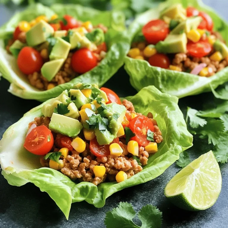 - 1 lb ground chicken - 1 tablespoon olive oil - 1 small onion, finely chopped - 2 cloves garlic, minced - 1 tablespoon chili powder - 1 teaspoon cumin - 1 teaspoon smoked paprika - ½ teaspoon salt - ½ teaspoon black pepper - 1 cup cherry tomatoes, halved - 1 cup corn kernels (fresh or canned) - 1 avocado, diced - 1 lime, juiced - 1 head of iceberg or butter lettuce, leaves separated - Fresh cilantro, chopped (for garnish) - Salsa (for serving) For this tasty dish, I use fresh ground chicken as the main protein. It cooks quickly and absorbs flavors well. I always start with a tablespoon of olive oil. This helps to sauté the onion and garlic, giving your dish a strong base flavor. Next, I add spices. Chili powder brings heat, while cumin and smoked paprika add depth. Don’t forget salt and black pepper to balance everything. Fresh ingredients make this recipe pop. I use cherry tomatoes and corn for sweetness. Diced avocado adds creaminess. A squeeze of lime juice brightens the flavors. Finally, I choose iceberg or butter lettuce for the wraps. Their crisp leaves hold the filling well. I also garnish with fresh cilantro and serve with salsa on the side for extra zest. You can find the full recipe in the article. 1. Heat 1 tablespoon of olive oil in a large skillet over medium heat. 2. Add 1 small chopped onion and sauté it for about 3-4 minutes until it turns soft. 3. Stir in 2 cloves of minced garlic and cook for 1 more minute until you smell that great aroma. 4. Now, add 1 pound of ground chicken to the skillet. Break it apart with a wooden spoon. Cook it for about 6-8 minutes. You want it all browned and cooked through. 5. Sprinkle in 1 tablespoon of chili powder, 1 teaspoon of cumin, 1 teaspoon of smoked paprika, ½ teaspoon of salt, and ½ teaspoon of black pepper. Mix well to coat the chicken in spices. 1. Next, stir in 1 cup of halved cherry tomatoes and 1 cup of corn kernels. Cook this for another 2-3 minutes until the tomatoes soften up. 2. Remove the skillet from the heat. Drizzle the chicken mixture with the juice of 1 lime. Toss it gently to combine all the flavors. 1. Grab a clean lettuce leaf from your head of iceberg or butter lettuce. This will be your wrap. 2. Scoop a generous amount of the chicken mixture into the center of the leaf. 3. Top it with diced avocado and a sprinkle of fresh chopped cilantro. 4. Serve your wraps with salsa on the side for that extra kick of flavor. For the complete recipe, be sure to check the [Full Recipe]. Use fresh ingredients for the best flavor. Fresh ground chicken makes a big difference. I always choose ripe tomatoes and sweet corn. These ingredients enhance the taste of your dish. Spice levels can change the whole meal. Adjust spices like chili powder and cumin to suit your taste. Start with less if you're unsure, then add more if needed. When picking lettuce, consider texture and taste. Iceberg lettuce is crisp and strong. It holds the filling well. Butter lettuce is softer and has a sweet flavor. Both are great choices for wraps. You can even mix them for a fun texture. Always wash and dry your lettuce leaves. This step keeps them fresh and crunchy when you serve. These wraps pair well with low-carb sides. Think of fresh salsa, guacamole, or a tangy dip. You can also serve them with a green salad. It adds more crunch and nutrients. For a twist, try a side of roasted veggies. These options keep your meal light and tasty. Enjoy experimenting with different flavors! For the complete recipe, refer to the Full Recipe section. {{image_2}} You can switch up the protein in your chicken taco lettuce wraps. Ground turkey or beef works well. Both options keep the dish tasty and satisfying. If you want a veggie option, try beans or lentils. They add fiber and protein. This makes the meal hearty without meat. Toppings can change your wraps in fun ways. Hot sauce adds heat, while yogurt adds creaminess. Chopped onions, jalapeños, or radishes give extra crunch and flavor. You can also add fresh veggies like bell peppers or cucumbers. These bright colors make the dish look great and taste fresh. Changing the flavor profile can create a new dish. Add jalapeños for a spicy kick. For a Mediterranean twist, use feta cheese and olives. These flavors bring a new taste to your wraps. Don't be afraid to experiment with spices and toppings. Each variation can be just as delicious as the original. For the full recipe, check out the detailed instructions. To store leftover chicken filling, place it in an airtight container. This keeps the filling fresh. You can store it in the fridge for up to three days. Make sure to cool it down before sealing. If you want to keep it longer, consider freezing it. To freeze the chicken filling, let it cool first. Then, scoop it into freezer-safe bags. Remove as much air as possible before sealing. Label the bags with the date. This way, you can track how long it has been frozen. The filling can last up to three months in the freezer. To keep lettuce crisp, store the leaves in a dry container. You can wrap them in a paper towel to absorb moisture. Place them in the fridge, but not near fruits like apples or bananas. These fruits release gas that can wilt the lettuce faster. Enjoy your fresh lettuce for up to a week! Iceberg lettuce is crisp and crunchy. It holds the filling well. Butter lettuce is tender and has a mild flavor. It wraps easily around the filling. Choose iceberg for a crunch. Opt for butter if you like softer wraps. Yes, you can prep this meal ahead. Cook the chicken filling and store it in the fridge. You can keep it fresh for up to three days. Just assemble the wraps when you're ready to eat. This saves time on busy days. Each serving has about 8 grams of carbs. This low-carb dish is great for many diets. Most of the carbs come from corn and tomatoes. If you want even fewer carbs, skip the corn. Absolutely! The chicken filling is perfect for meal prep. You can double the recipe for extra servings. Store it in separate containers. Add lettuce and toppings fresh before serving. This way, your meal stays crisp and tasty. Yes, you can try different meats. Ground turkey or beef works well. For a vegetarian option, use black beans or lentils. Each option will give a unique flavor to your wraps. Feel free to get creative with your protein choice! We explored a tasty recipe for chicken taco lettuce wraps. This dish uses simple ingredients like ground chicken, spices, and fresh veggies. You can adjust flavors and toppings to fit your taste. Wrap the savory filling in crisp lettuce leaves for a healthy meal. Don’t forget to keep your leftovers fresh in the fridge or freezer. This easy-to-make recipe is perfect for meal prep or a weeknight dinner. Enjoy experimenting with different proteins and flavors!