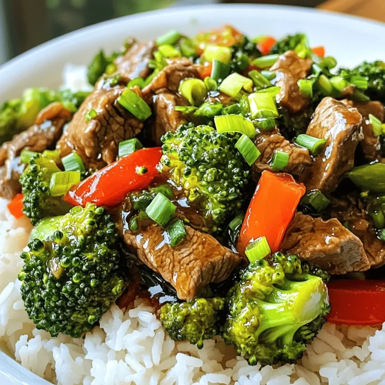 To make this dish, you need fresh and simple ingredients. Here’s what you’ll need: - 1 lb (450g) beef sirloin, thinly sliced - 3 cups broccoli florets - 1 red bell pepper, sliced - 3 cloves garlic, minced - 1 tablespoon ginger, grated - 1/4 cup soy sauce (low sodium) - 1 tablespoon honey - 2 tablespoons cornstarch - 2 tablespoons vegetable oil - 1 teaspoon sesame oil - Salt and pepper to taste - 2 green onions, sliced (for garnish) - Cooked jasmine rice or noodles (for serving) These ingredients create a tasty base for your stir fry. The beef adds protein while broccoli and bell pepper give color and crunch. You can boost the flavor of your stir fry with some add-ins. Consider these options: - Sliced mushrooms for umami - Snap peas for sweetness - Carrots for color and crunch - Cashews for crunch and richness These add-ins can make your dish more fun and tasty. Feel free to mix and match based on what you enjoy. Having the right tools makes cooking easier. Here’s what I suggest: - A large skillet or wok for even cooking - A sharp knife for slicing beef and veggies - A cutting board for safety - Measuring spoons for accuracy - A spatula for stirring Using these tools will help you make this dish quickly and easily. You’ll be ready to enjoy your Easy Beef and Broccoli Stir Fry in no time! For the full recipe, check [Full Recipe]. Start with the beef sirloin. Slice it thinly against the grain. This helps keep it tender. In a bowl, mix the sliced beef with a tablespoon of cornstarch. Add a pinch of salt and black pepper. Toss well to coat all the beef. Let it sit for ten minutes. This step makes the beef nice and juicy. Heat a large skillet or wok over medium-high heat. Pour in a tablespoon of vegetable oil. Once it shimmers, add the beef in a single layer. Sear for about two to three minutes until browned. Remove the beef and set it aside. In the same pan, add another tablespoon of vegetable oil. Toss in the minced garlic and sauté for thirty seconds. Then, add the broccoli florets and red bell pepper. Stir-fry for four to five minutes. The veggies should be bright and tender-crisp. In a small bowl, mix the soy sauce, honey, and grated ginger. Add the remaining tablespoon of cornstarch and stir until smooth. Return the beef to the pan along with the sauce. Toss everything together and cook for two to three minutes. The sauce should thicken and coat the beef and veggies nicely. Drizzle with sesame oil. Give it a quick toss, then remove from heat. Garnish with sliced green onions. This dish is ready to serve over jasmine rice or noodles. For the full recipe, check the section above. To make beef tender, slice it thinly against the grain. This helps break down fibers. I recommend marinating the beef with cornstarch and a bit of salt. Let it rest for about 10 minutes. This step locks in moisture and enhances flavor. Heat your pan well before adding the beef. High heat sears the meat quickly, keeping it juicy. To keep broccoli crisp, cook it fast. Add it to your pan after the beef. Stir-fry for just 4 to 5 minutes. You want the broccoli to be bright green and tender-crisp. If you overcook, it will turn mushy. A splash of water can help steam the broccoli quickly without losing crunch. For a great sauce, mix soy sauce, honey, and cornstarch. This blend gives the sauce a nice thickness. Stir it until there are no lumps. Add the sauce to your beef and veggies in the last few minutes of cooking. This ensures everything is well-coated and flavorful. If the sauce feels too thick, a splash of water can help thin it out. For the complete method, check out the Full Recipe. {{image_2}} You can add more veggies to your beef and broccoli stir fry. Try carrots, snap peas, or mushrooms. These add color and crunch. Just chop them up and toss them in with the broccoli. Cook them for about 3-4 minutes until they are bright and tender. This adds more nutrients and keeps the meal exciting. If you need a gluten-free sauce, worry not! You can swap soy sauce with tamari. Tamari tastes similar and works great. Check the label to ensure it is gluten-free. You can also use coconut aminos for a sweeter taste. Just mix it with honey and cornstarch like in the full recipe. For a vegetarian option, replace beef with tofu. Use firm or extra-firm tofu for the best texture. Press the tofu to remove excess water, then cut it into cubes. Cook the tofu the same way you would the beef. Sear it until golden brown, then add the sauce and veggies. This swap keeps the dish tasty and satisfying. After your meal, let the beef and broccoli cool. Place it in an airtight container. This keeps it fresh. Store it in the fridge for up to three days. To reheat, use a skillet over medium heat. Add a splash of water to steam it. This helps keep the beef and broccoli tender. Stir often until it's hot. You can also use a microwave. Heat in short bursts, stirring in between. To freeze, pack the stir fry in a freezer-safe bag. Squeeze out as much air as you can. It stays good for up to three months. When ready to eat, thaw it overnight in the fridge. Reheat it as mentioned above. For the best taste, avoid freezing the rice or noodles. For a detailed guide, check the Full Recipe. It takes about 25 minutes to make Easy Beef and Broccoli Stir Fry. You can prep the ingredients in 15 minutes. Cooking takes another 10 minutes. This quick meal fits well into a busy weeknight. Yes, you can use frozen broccoli. Just make sure to thaw it first. Drain any excess water before adding it to the stir fry. Frozen broccoli may cook faster, so keep an eye on it. If you need a soy sauce substitute, try coconut aminos or tamari. Both options work well. They offer a similar taste but vary in saltiness. You can also use homemade sauce made from broth and spices. To add heat, include red pepper flakes or Sriracha. Mix these into the sauce for flavor. You can also add sliced jalapeños or fresh chili peppers during cooking. Adjust the spice to your liking for a tasty kick. This blog post covered all you need for Easy Beef and Broccoli Stir Fry. You learned about the main ingredients, cooking steps, and tips for the best taste. We also shared storage info and answered common questions. Feel free to mix in new flavors or change the meat. Keep experimenting to find your favorite version. Enjoy this easy dish any night of the week!