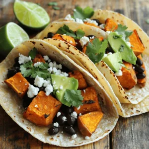 - 2 medium sweet potatoes, peeled and diced - 1 can (15 oz) black beans, drained and rinsed - 8 small corn tortillas - 1 avocado, sliced - 1/4 cup fresh cilantro, chopped - Optional: 1/2 cup feta cheese, crumbled - 1 tablespoon olive oil - 1 teaspoon cumin - 1 teaspoon smoked paprika - 1/2 teaspoon chili powder - Salt and pepper to taste Sweet potatoes are the star of this dish. They are sweet, creamy, and provide a great base. Black beans add protein and fiber, making these tacos filling and nutritious. The corn tortillas hold everything together. They give a nice texture and flavor. For extra taste, you can add optional ingredients. Sliced avocado brings creaminess. Fresh cilantro adds a bright flavor. Feta cheese gives a nice salty kick, but it's not needed. Seasonings are key to great taste. Olive oil helps everything cook well. Cumin and smoked paprika add warmth and depth. Chili powder adds a little heat. Don't forget to season with salt and pepper. You can find the full recipe for Sweet Potato Black Bean Tacos at the beginning of this article. Enjoy! - Preheat the oven to 425°F (220°C). - Toss sweet potatoes with olive oil, cumin, smoked paprika, chili powder, salt, and pepper. First, I preheat the oven. This helps the sweet potatoes cook evenly. Next, I take my diced sweet potatoes and add olive oil and spices. This will make them tasty and fragrant. Toss everything together in a bowl. - Roast sweet potatoes for 25-30 minutes. - Warm the black beans in a saucepan. - Heat corn tortillas on a skillet. Now, I spread the sweet potatoes on a baking sheet. I roast them for 25-30 minutes. This gives them a nice golden color. While they cook, I warm the black beans in a small saucepan for about 5 minutes. I just want to heat them through. Then, I heat up the corn tortillas in a skillet for about 30 seconds on each side. This makes them soft and ready to fill. - Assemble the tacos with black beans, roasted sweet potatoes, and toppings. Once everything is ready, I assemble my tacos. I start with a warm tortilla, add black beans, and top with roasted sweet potatoes. Then, I sprinkle on sliced avocado and chopped cilantro. For a final touch, I serve lime wedges on the side. You can also add feta cheese if you like. For the complete recipe, check out the Full Recipe. - Ensure even cooking by spreading sweet potatoes in a single layer. - Stir halfway through roasting for optimal caramelization. Roasting sweet potatoes makes them sweet and rich. To start, cut them into small, even pieces. This helps them cook well. Lay them flat on a baking sheet. This is key for great texture. Stir them halfway through cooking. This gives them a nice brown color. The sweet potatoes will taste better when they caramelize. - Experiment with additional spices or hot sauce. - Add lime juice for freshness. Spices can change the whole dish! Try adding cayenne for heat or garlic powder for more flavor. A splash of hot sauce can give your tacos a zing. Fresh lime juice brightens the dish. Squeeze it over your tacos just before eating. This adds a burst of freshness that brings everything together. - Provide options for toppings like salsa or Greek yogurt. - Suggest other veggies for added crunch. Tacos are fun because you can customize them! Top with fresh salsa for a juicy kick. Greek yogurt can serve as a creamy alternative to sour cream. You can also add extra veggies like shredded cabbage or diced tomatoes. These add texture and flavor. Get creative with your toppings! {{image_2}} You can switch up the ingredients for fun. Use butternut squash or regular potatoes instead of sweet potatoes. Both options provide a unique taste and texture. You can also try different legumes like lentils or chickpeas. These legumes add protein and fiber, making the dish more filling. If you need a gluten-free option, use corn tortillas. They are tasty and work well with sweet potatoes and black beans. For a vegan version, simply skip the feta cheese. The tacos will still taste great without it. Want to change the flavor? Add tropical fruit like mango for a sweet twist. It pairs well with the savory ingredients. You can also try different herbs like basil or mint. These herbs add freshness and a new layer of flavor to your tacos. To keep your Sweet Potato Black Bean Tacos fresh, store them wisely. Always keep assembled tacos separate from toppings. This way, the tortillas do not get soggy. Place roasted sweet potatoes and black beans in an airtight container. They will stay fresh for a few days in the fridge. When it’s time to enjoy leftovers, you want them to taste great. Reheat sweet potatoes in the oven. This method keeps them crispy and delicious. Warm black beans on the stovetop. Heat them just enough to get warm, so they stay tasty. Want to save some for later? You can freeze roasted sweet potatoes and black beans for up to 3 months. Just remember to cool them down first. When you are ready to eat, make fresh tortillas. This keeps them soft and perfect for serving. For the full recipe, check the section above. Yes, prepare everything in advance and assemble just before serving. This makes meal prep easy and quick. Roasted sweet potatoes and black beans hold well in the fridge. Just heat them up when you're ready to eat. Yes, they are vegan-friendly if you omit feta cheese. The sweet potatoes and black beans provide enough flavor and nutrition. You can enjoy these tacos without any animal products. Pair them with a side salad or guacamole for a complete meal. A fresh salad adds crunch and brightness. Guacamole brings creaminess and rich flavor, perfect for these tacos. Store ingredients separately to maintain freshness and avoid sogginess. Keep roasted sweet potatoes and black beans in airtight containers. Corn tortillas should stay in a ziplock bag to keep them soft. Sweet Potato Black Bean Tacos are simple and fun to make. You need just a few ingredients, like sweet potatoes, black beans, and corn tortillas. You can customize your tacos with toppings, spices, and different fillings. In closing, make these tacos your own. Experiment with flavors, try new toppings, and enjoy the endless variations. With easy prep and storage tips, you’re set for delicious meals. Dive in, and savor each bite of this tasty dish!