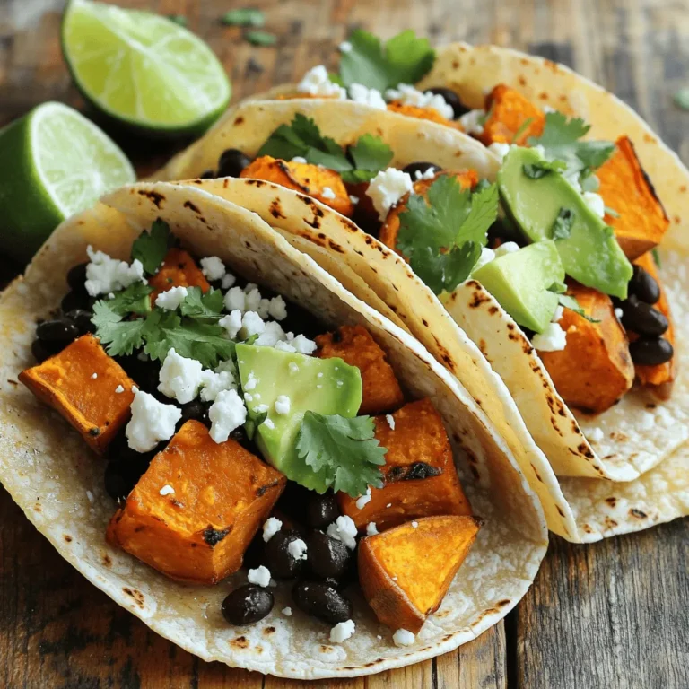 - 2 medium sweet potatoes, peeled and diced - 1 can (15 oz) black beans, drained and rinsed - 8 small corn tortillas - 1 avocado, sliced - 1/4 cup fresh cilantro, chopped - Optional: 1/2 cup feta cheese, crumbled - 1 tablespoon olive oil - 1 teaspoon cumin - 1 teaspoon smoked paprika - 1/2 teaspoon chili powder - Salt and pepper to taste Sweet potatoes are the star of this dish. They are sweet, creamy, and provide a great base. Black beans add protein and fiber, making these tacos filling and nutritious. The corn tortillas hold everything together. They give a nice texture and flavor. For extra taste, you can add optional ingredients. Sliced avocado brings creaminess. Fresh cilantro adds a bright flavor. Feta cheese gives a nice salty kick, but it's not needed. Seasonings are key to great taste. Olive oil helps everything cook well. Cumin and smoked paprika add warmth and depth. Chili powder adds a little heat. Don't forget to season with salt and pepper. You can find the full recipe for Sweet Potato Black Bean Tacos at the beginning of this article. Enjoy! - Preheat the oven to 425°F (220°C). - Toss sweet potatoes with olive oil, cumin, smoked paprika, chili powder, salt, and pepper. First, I preheat the oven. This helps the sweet potatoes cook evenly. Next, I take my diced sweet potatoes and add olive oil and spices. This will make them tasty and fragrant. Toss everything together in a bowl. - Roast sweet potatoes for 25-30 minutes. - Warm the black beans in a saucepan. - Heat corn tortillas on a skillet. Now, I spread the sweet potatoes on a baking sheet. I roast them for 25-30 minutes. This gives them a nice golden color. While they cook, I warm the black beans in a small saucepan for about 5 minutes. I just want to heat them through. Then, I heat up the corn tortillas in a skillet for about 30 seconds on each side. This makes them soft and ready to fill. - Assemble the tacos with black beans, roasted sweet potatoes, and toppings. Once everything is ready, I assemble my tacos. I start with a warm tortilla, add black beans, and top with roasted sweet potatoes. Then, I sprinkle on sliced avocado and chopped cilantro. For a final touch, I serve lime wedges on the side. You can also add feta cheese if you like. For the complete recipe, check out the Full Recipe. - Ensure even cooking by spreading sweet potatoes in a single layer. - Stir halfway through roasting for optimal caramelization. Roasting sweet potatoes makes them sweet and rich. To start, cut them into small, even pieces. This helps them cook well. Lay them flat on a baking sheet. This is key for great texture. Stir them halfway through cooking. This gives them a nice brown color. The sweet potatoes will taste better when they caramelize. - Experiment with additional spices or hot sauce. - Add lime juice for freshness. Spices can change the whole dish! Try adding cayenne for heat or garlic powder for more flavor. A splash of hot sauce can give your tacos a zing. Fresh lime juice brightens the dish. Squeeze it over your tacos just before eating. This adds a burst of freshness that brings everything together. - Provide options for toppings like salsa or Greek yogurt. - Suggest other veggies for added crunch. Tacos are fun because you can customize them! Top with fresh salsa for a juicy kick. Greek yogurt can serve as a creamy alternative to sour cream. You can also add extra veggies like shredded cabbage or diced tomatoes. These add texture and flavor. Get creative with your toppings! {{image_2}} You can switch up the ingredients for fun. Use butternut squash or regular potatoes instead of sweet potatoes. Both options provide a unique taste and texture. You can also try different legumes like lentils or chickpeas. These legumes add protein and fiber, making the dish more filling. If you need a gluten-free option, use corn tortillas. They are tasty and work well with sweet potatoes and black beans. For a vegan version, simply skip the feta cheese. The tacos will still taste great without it. Want to change the flavor? Add tropical fruit like mango for a sweet twist. It pairs well with the savory ingredients. You can also try different herbs like basil or mint. These herbs add freshness and a new layer of flavor to your tacos. To keep your Sweet Potato Black Bean Tacos fresh, store them wisely. Always keep assembled tacos separate from toppings. This way, the tortillas do not get soggy. Place roasted sweet potatoes and black beans in an airtight container. They will stay fresh for a few days in the fridge. When it’s time to enjoy leftovers, you want them to taste great. Reheat sweet potatoes in the oven. This method keeps them crispy and delicious. Warm black beans on the stovetop. Heat them just enough to get warm, so they stay tasty. Want to save some for later? You can freeze roasted sweet potatoes and black beans for up to 3 months. Just remember to cool them down first. When you are ready to eat, make fresh tortillas. This keeps them soft and perfect for serving. For the full recipe, check the section above. Yes, prepare everything in advance and assemble just before serving. This makes meal prep easy and quick. Roasted sweet potatoes and black beans hold well in the fridge. Just heat them up when you're ready to eat. Yes, they are vegan-friendly if you omit feta cheese. The sweet potatoes and black beans provide enough flavor and nutrition. You can enjoy these tacos without any animal products. Pair them with a side salad or guacamole for a complete meal. A fresh salad adds crunch and brightness. Guacamole brings creaminess and rich flavor, perfect for these tacos. Store ingredients separately to maintain freshness and avoid sogginess. Keep roasted sweet potatoes and black beans in airtight containers. Corn tortillas should stay in a ziplock bag to keep them soft. Sweet Potato Black Bean Tacos are simple and fun to make. You need just a few ingredients, like sweet potatoes, black beans, and corn tortillas. You can customize your tacos with toppings, spices, and different fillings. In closing, make these tacos your own. Experiment with flavors, try new toppings, and enjoy the endless variations. With easy prep and storage tips, you’re set for delicious meals. Dive in, and savor each bite of this tasty dish!