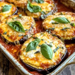 For Cheesy Baked Eggplant, gather these items: - 2 large eggplants, sliced into ½-inch rounds - 2 cups marinara sauce - 2 cups shredded mozzarella cheese - 1 cup grated Parmesan cheese - 1 cup ricotta cheese - 2 cloves garlic, minced - 2 tablespoons olive oil - 1 teaspoon dried oregano - 1 teaspoon dried basil - Salt and pepper to taste - Fresh basil leaves for garnish When measuring your ingredients, use standard measuring cups. For the eggplants, choose firm ones without blemishes. Slice them evenly to ensure even cooking. The ricotta should be creamy for a smooth texture. Minced garlic adds a burst of flavor. Drizzle olive oil on the eggplant slices for a nice golden finish. To make your dish even better, consider adding: - Red pepper flakes for heat - Chopped spinach for extra nutrition - Sliced olives for a briny touch - Fresh herbs like thyme or parsley for freshness These extras can enhance the taste and make the dish your own. Enjoy experimenting! First, gather all your ingredients. You need two large eggplants, marinara sauce, and three types of cheese: mozzarella, Parmesan, and ricotta. You will also need garlic, olive oil, dried oregano, dried basil, and salt and pepper. Start by preheating your oven to 375°F (190°C). Next, slice the eggplants into ½-inch rounds. This thickness helps them cook evenly. Now, arrange the eggplant slices on two baking sheets in a single layer. Brush both sides with olive oil. Sprinkle salt and pepper on them for flavor. Bake the eggplant slices for 20 minutes. Flip them halfway through to get that nice golden color. While the eggplants bake, mix the ricotta cheese in a bowl. Add minced garlic, oregano, basil, and a pinch of salt and pepper. Stir until it's smooth. This mixture adds creaminess to your dish. Once the eggplants are done, take them out of the oven and let them cool slightly. Meanwhile, grab a baking dish and spread a thin layer of marinara sauce on the bottom. This keeps the eggplant from sticking. Now, it's time to layer! Start with half of the baked eggplant slices. Place them over the marinara sauce in the dish. Next, spread half of the ricotta mixture on top of the eggplant. Follow this with another layer of marinara sauce. Now, sprinkle some mozzarella cheese over it. Repeat the layers with the remaining eggplant, ricotta, marinara, and finish with the rest of the mozzarella and Parmesan cheese. Cover the dish with aluminum foil and bake it for 25 minutes. After that, remove the foil and bake for another 15 minutes. When the cheese is bubbly and golden, it’s ready! Let it cool for about 10 minutes before serving. Garnish it with fresh basil leaves for a pop of color. When picking eggplant, look for ones that are firm and shiny. The skin should have a deep purple color with no blemishes. Size matters too; medium-sized eggplants are best. They have less bitter taste and more flavor. Don’t forget to check the stem; it should be green and fresh. Avoid eggplants with brown spots or soft spots, as these may be overripe. Eggplant loves flavor, so season it well. I like to use garlic, oregano, and basil. You can also add red pepper flakes for some heat. A little salt helps to draw out moisture and bitterness. Combine these seasonings in the ricotta mix for a burst of flavor. Drizzle some olive oil for richness. Don’t be shy; taste as you go! Cheesy baked eggplant shines with a mix of cheeses. Mozzarella brings gooeyness, while Parmesan adds a sharp bite. Ricotta gives a creamy texture. You can also try fontina or gouda for a different twist. Mixing cheeses creates layers of flavor. Don’t forget to sprinkle some cheese on top for a golden finish. It adds a nice crunch and looks great! For a complete experience, check the Full Recipe to get all the details for your cheesy baked eggplant. {{image_2}} You can add more veggies to this dish. Think about using spinach or zucchini. Chopped mushrooms also work well and bring a nice texture. Just layer them with the eggplant slices and cheese. These additions make the dish colorful and even more tasty. If you want a gluten-free version, skip the bread crumbs or any flour. The recipe does not need them, so you can enjoy it as is. Just make sure your marinara sauce is gluten-free. Many brands offer options that fit this need. Feel free to switch up the sauces. Instead of marinara, try pesto or Alfredo sauce. You can also add spices like red pepper flakes for some heat or smoked paprika for a smoky flavor. Mix and match to find your favorite combination. Try new flavors to make each time you cook this dish special. To store your cheesy baked eggplant, let it cool first. Place it in an airtight container. You can keep it in the fridge for up to three days. Make sure to cover it well to keep it fresh. If you want to save space, cut it into smaller portions. When you're ready to enjoy leftovers, preheat your oven to 350°F (175°C). Place the cheesy baked eggplant in an oven-safe dish. Cover it with foil to keep moisture in. Heat for about 15 to 20 minutes. You can also use a microwave. Heat on medium power for about 2 to 3 minutes. You can freeze cheesy baked eggplant for later. After it cools, wrap it tightly in plastic wrap. Then, place it in a freezer bag. It can last up to three months in the freezer. When you're ready to eat, move it to the fridge overnight to thaw. Reheat as mentioned earlier. For the best taste, try to eat it within a month of freezing. Yes, you can! You can use zucchini, bell peppers, or mushrooms. Each veggie adds its own flavor. Slice them thinly like the eggplant. Layer them the same way in the dish. This adds variety and keeps it fresh. Mixing veggies also boosts the dish’s nutrition. Cooked eggplant should be soft and slightly golden. You can poke it with a fork; it should be tender. If it feels spongy, it’s done. Don’t overcook it, or it may become mushy. The goal is a nice balance between tender and firm. You can serve a simple green salad or garlic bread. A light pasta dish also pairs well. Roasted vegetables or a grain like quinoa make good sides too. Each option brings a nice contrast to the cheesy goodness. For the full recipe, make sure to follow the steps closely. Prepping your ingredients in advance helps a lot. Keep the eggplant slices evenly cut for even cooking. Layering is key for rich flavors. Bake until bubbly for the best result. Enjoy the dish fresh, or save leftovers for later. It tastes great reheated! This blog post guides you through making cheesy baked eggplant. We covered ingredients, measurements, and preparation tips. I shared step-by-step instructions, from baking to layering. You learned tricks for choosing fresh eggplant and enhancing flavor. I also included variations for dietary needs and how to store leftovers. In the end, enjoy experimenting with this dish. You can make it your own with different flavors. Your kitchen will smell amazing, and your friends will love your cooking. Happy baking!