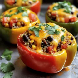To make stuffed bell peppers, you need a few simple ingredients. Here’s what you will need: - 4 medium bell peppers (any color) - 1 cup quinoa, rinsed - 2 cups vegetable broth - 1 can (15 oz) black beans, drained and rinsed - 1 cup corn (fresh, frozen, or canned) - 1 cup diced tomatoes (canned or fresh) - Spices and seasonings: cumin, chili powder, garlic powder, onion powder - 1 cup shredded cheese (cheddar or Mexican blend) - Salt and pepper to taste - Fresh cilantro for garnish These ingredients create a burst of flavor. Quinoa adds protein and a nutty taste, while black beans give you fiber. Corn and diced tomatoes add sweetness and texture. The spices bring heat and depth. I love using fresh bell peppers in vibrant colors. They make the dish look bright and inviting. You can mix and match the spices based on your taste. For the full recipe, you can check out "Fiesta Stuffed Bell Peppers." Enjoy cooking! 1. Preheat the oven and prepare the bell peppers First, set your oven to 375°F (190°C). Next, take your bell peppers. Cut the tops off and remove the seeds. This step helps the peppers cook evenly. 2. Boil quinoa in vegetable broth and fluff In a medium pot, add 1 cup of rinsed quinoa and 2 cups of vegetable broth. Turn the heat high and bring it to a boil. Once boiling, lower the heat. Cover the pot and let it simmer for about 15 minutes. The quinoa is ready when it is fluffy and the liquid is gone. 3. Mix stuffing ingredients in a bowl In a large bowl, combine the fluffy quinoa with the following ingredients: - 1 can (15 oz) black beans, drained and rinsed - 1 cup corn (fresh, frozen, or canned) - 1 cup diced tomatoes (canned or fresh) - 1 teaspoon cumin - 1 teaspoon chili powder - 1/2 teaspoon garlic powder - 1/2 teaspoon onion powder - Salt and pepper to taste Mix all the ingredients well until they blend together nicely. 4. Stuff the bell peppers and assemble in the baking dish Take each bell pepper and fill them with the quinoa mixture. Pack it tightly to keep the filling inside. Place the stuffed peppers upright in a baking dish. This helps them hold their shape while cooking. 5. Bake and achieve the perfect cheesy top Sprinkle shredded cheese on top of each stuffed pepper. Cover the dish with foil and bake for 25 minutes. After that, remove the foil and bake for another 10-15 minutes. This step melts the cheese and makes it bubbly. Enjoy your savory stuffed bell peppers! For the full recipe, check out the Full Recipe section. How do I evenly cook stuffed bell peppers? To cook stuffed bell peppers evenly, place them upright in a baking dish. This helps them cook from all sides. Covering the dish with foil traps heat and moisture. Remove the foil near the end to brown the cheese. What are some tips for making quinoa fluffy? Start by rinsing the quinoa in cold water. This removes bitterness. Use two cups of vegetable broth for every cup of quinoa. Once it boils, reduce the heat, cover, and simmer. Let it cook for about 15 minutes until all the liquid is absorbed. Why is seasoning to taste important? Seasoning enhances the flavor of your filling. Taste the mixture before stuffing the peppers. Adjust salt, pepper, and spices to your liking. This step ensures each bite bursts with flavor. What are some garnishing options with cilantro? Fresh cilantro adds a bright touch. Chop it finely and sprinkle it on top right before serving. It adds color and a fresh flavor that balances the dish. What are some serving suggestions with side dishes? Stuffed bell peppers pair well with a simple salad or rice. You could serve them with a side of black beans or corn. A dollop of sour cream or guacamole also enhances the dish. For the complete recipe, check out the Full Recipe section. {{image_2}} You can easily change up stuffed bell peppers to fit your taste. Here are some ideas: - Meat-based variations: You can add ground beef or turkey to the quinoa mix. This gives the dish a hearty feel. Just cook the meat before mixing it into the other ingredients. - Vegetarian alternatives: If you prefer a plant-based option, swap out quinoa for rice or lentils. Both work well and add a nice texture. Lentils bring protein, while rice can make it a bit softer. - Flavor enhancements: Want to spice things up? Add jalapeños or chili flakes for heat. You might also try different cheeses, like feta or pepper jack, to add a unique taste. If you want to try something new, there are other ways to cook stuffed bell peppers: - Instant Pot method: This method cooks your peppers faster. Simply stuff them as usual, place them in the Instant Pot with a little water, and cook for about 8 minutes on high pressure. It saves time and keeps them moist. - Grilling stuffed peppers: Grilling gives your peppers a nice smoky flavor. Just prepare them as you usually would, then place them on the grill. Cook until the peppers are tender and the cheese is melted. Using these variations and methods can make your stuffed bell peppers even more enjoyable. Try them out and see what you like best! To keep your stuffed bell peppers fresh, store them right. First, let them cool down. You don’t want steam to build up in the container. Place them in an airtight container. This keeps moisture in, but air out. - In the Refrigerator: If you plan to eat them within three days, store them in the fridge. They should last well for this time. Just make sure the lid fits tightly. - Freezing Stuffed Bell Peppers: If you want to save them for later, freezing is best. Wrap each pepper in plastic wrap first. Then, put them in a freezer bag. This way, they won’t get freezer burn. You can keep them frozen for up to three months. When it’s time to enjoy your leftovers, reheating properly is key. - In the Oven: Preheat your oven to 350°F (175°C). Place the peppers on a baking sheet. Cover them lightly with foil. Heat for about 20 minutes. This keeps them soft and tasty. - In the Microwave: If you’re short on time, the microwave works too. Place a stuffed pepper on a microwave-safe plate. Cover with a paper towel. Heat for 2-3 minutes. Check if it's warm all the way through. Enjoy your meal! For the full recipe, check the complete instructions above. How long can I store stuffed bell peppers in the refrigerator? You can store stuffed bell peppers in the fridge for about 3 to 5 days. Make sure to keep them in an airtight container. If you want them to last longer, freezing is a great option. Can I use other types of peppers besides bell peppers? Yes! You can use poblano, jalapeño, or even banana peppers. Each type brings a unique flavor and spice level. Just adjust cooking times as needed. How do I make stuffed peppers spicier? To add heat, mix in diced jalapeños or red pepper flakes into the filling. You can also use spicy cheese or a hot sauce drizzle on top before serving. What are some good side dishes to serve with stuffed bell peppers? Pair them with a fresh salad, rice, or roasted vegetables. A dollop of sour cream or guacamole can also enhance the meal. Nutritional information and health benefits Stuffed bell peppers are rich in nutrients. They provide fiber, vitamins A and C, and protein, especially if you add beans or meat. Quinoa adds a good source of amino acids, making this dish healthy. Tips for making stuffed peppers ahead of time You can prepare the filling a day in advance. Just store it in the fridge. When ready, stuff the peppers and bake them. This way, you save time on a busy day. For the full recipe, check out my Fiesta Stuffed Bell Peppers. Stuffed bell peppers are tasty and fun to make. We covered all the key ingredients, from quinoa to cheese, so you can create a great dish. I shared tips to cook and present them well, plus ways to customize your recipe. You can even store and reheat leftovers easily. With these ideas, you’ll make stuffed peppers that everyone loves. Enjoy your cooking, and don’t be afraid to get creative!