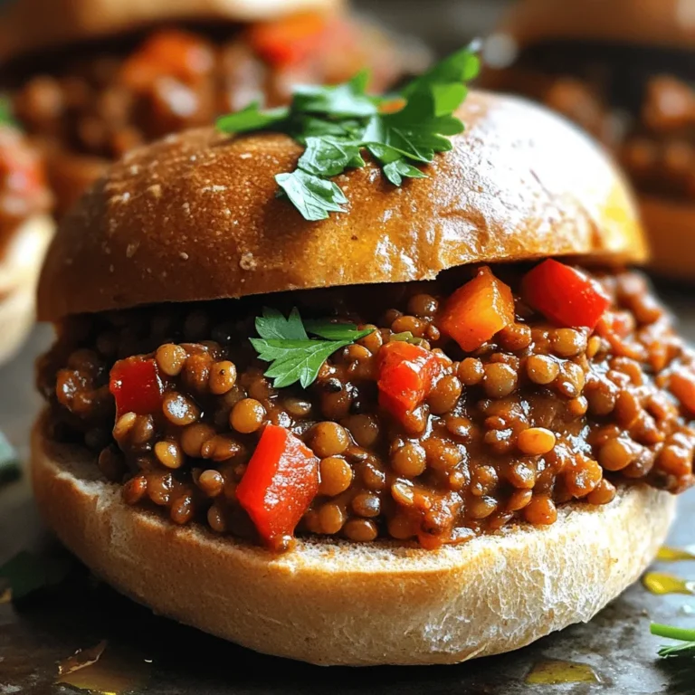 To make vegan lentil sloppy joes, you need simple and tasty ingredients. Here are the main ones: - 1 cup green or brown lentils, rinsed - 3 cups vegetable broth - 1 tablespoon olive oil - 1 medium onion, finely chopped - 2 cloves garlic, minced - 1 red bell pepper, finely diced - 1 cup canned crushed tomatoes - 2 tablespoons tomato paste - 2 tablespoons maple syrup - 2 tablespoons soy sauce or tamari - 1 tablespoon apple cider vinegar - 1 teaspoon smoked paprika - 1 teaspoon chili powder - Salt and pepper to taste - 4 whole wheat hamburger buns These ingredients work together to create a flavorful and hearty meal. The lentils provide protein and fiber. The spices give a warm and smoky taste. You can add some fun toppings to make your sloppy joes even better! Here are a few ideas: - Pickled jalapeños - Fresh parsley These options add a nice crunch and a pop of color. They also enhance the flavors in your dish. Vegan lentil sloppy joes are not only delicious but also healthy. Here are some key nutritional facts: - Calories: About 350 per serving - Protein: 18 grams - Fiber: 10 grams - Fat: 6 grams - Carbohydrates: 60 grams These facts show that you can enjoy a satisfying meal without guilt. The high fiber and protein content will keep you full and happy. For the full recipe, check out the details above. Start by rinsing one cup of green or brown lentils. Place the lentils in a medium saucepan. Add three cups of vegetable broth. Bring this mix to a boil over high heat. Once it boils, lower the heat to simmer. Cover the pot and let it cook for 25 to 30 minutes. The lentils should be tender when done. If there is any extra liquid, just drain it. Set the cooked lentils aside for later. In a large skillet, heat one tablespoon of olive oil on medium heat. Add one medium onion, finely chopped. Sauté the onion for 3 to 4 minutes until it looks clear. Then, add two minced garlic cloves and one diced red bell pepper to the skillet. Cook these for another 3 to 5 minutes. The bell pepper should soften nicely. The smell will be amazing at this point! Now, it's time to make everything come together. Add one cup of canned crushed tomatoes, two tablespoons of tomato paste, and two tablespoons of maple syrup to the skillet. Pour in two tablespoons of soy sauce and one tablespoon of apple cider vinegar. Also, add one teaspoon of smoked paprika and one teaspoon of chili powder. Finally, mix in the cooked lentils. Stir everything well to combine. Let this simmer for 10 to 15 minutes. This allows all the flavors to blend together. Taste and add salt and pepper as needed. If the mixture feels too thick, add a splash of vegetable broth. While this simmers, toast four whole wheat hamburger buns for a great crunch. Once ready, serve the lentil mix on the buns. You can garnish with pickled jalapeños and fresh parsley if you like. Enjoy your vegan lentil sloppy joes! For the full recipe, check the earlier section. To make your vegan lentil sloppy joes burst with flavor, use fresh ingredients. Fresh garlic and onions create a strong base for your sauce. Choose ripe tomatoes for a sweet taste. Smoked paprika and chili powder add depth. If you want extra sweetness, drizzle in more maple syrup. This will balance the flavors nicely. Texture matters in a good sloppy joe. Cook lentils until they are tender but not mushy. You want them to hold their shape. When you mix in the veggies and sauce, make sure everything blends well. If the mix is too thick, add a splash of vegetable broth. This will help create a nice, saucy consistency. One common mistake is overcooking the lentils. This can lead to a mushy mix that doesn't hold well on the bun. Avoid skipping the seasonings. They are key to a tasty dish. Lastly, don't forget to toast your buns. Toasting adds a nice crunch and keeps them from getting soggy. For the full recipe, check out the [Full Recipe] section. {{image_2}} To add a kick to your vegan lentil sloppy joes, try adding spices. Start by increasing the chili powder to two teaspoons. You can also add cayenne pepper for more heat. Pickled jalapeños are a great topping too. They bring both spice and flavor that make each bite exciting. If you need a gluten-free version, swap the whole wheat buns for gluten-free ones. You can find many tasty options at stores. Also, check your soy sauce. Use tamari, which is gluten-free, instead. This way, you can enjoy your sloppy joes without any worry. You can change some ingredients based on what you have. If you don’t have green or brown lentils, try red lentils. They cook faster and still taste great. For the crushed tomatoes, you can use diced tomatoes instead. These swaps keep the recipe simple and flexible. For the full recipe, check out the detailed steps to make these delicious vegan lentil sloppy joes. Store any leftover vegan lentil sloppy joes in an airtight container. Make sure to let them cool first. They can last in the fridge for about 3 to 4 days. When stored properly, the flavors will continue to blend and taste even better. You can freeze the lentil mixture for later use. Place it in a freezer-safe container. Leave some space at the top for expansion. It can last in the freezer for up to 3 months. Just remember to label the container with the date. To reheat, you have a few options. You can use the microwave for quick heating. Just heat in 1-minute intervals, stirring in between. If you prefer, reheat on the stovetop over medium heat. Add a splash of vegetable broth if it looks too thick. Enjoy on toasted buns for the best experience! For the complete recipe, check the Full Recipe section. You can use cooked chickpeas or black beans instead of lentils. Mash them slightly for a better texture. You can also use mushrooms for a meatier bite. Just chop them finely and sauté them until tender. Add your favorite seasonings and a bit of tomato sauce for flavor. This still gives you that tasty and messy feel of a sloppy joe. Yes, you can use canned lentils. They save you time and effort. Rinse and drain them before adding to your recipe. Use about 1.5 cups of canned lentils to replace 1 cup of dried lentils. Cut the cooking time down since canned lentils are already cooked. Just add them in when you combine ingredients in the skillet. This makes it quick and easy to whip up a meal. These sloppy joes pair well with many sides. You can serve them with sweet potato fries or a fresh salad. Coleslaw adds a nice crunch and balances the flavors. For a cozy meal, serve them with a side of mashed potatoes. You can also add some pickles for extra flavor. This makes a fun and filling dinner that everyone will enjoy. Vegan lentil sloppy joes are a tasty meal. You learned about key ingredients and how to prepare them. You also explored tips for flavor and texture. Plus, you found fun variations and storage info. These simple recipes are healthy and versatile. Whether it's for a quick dinner or lunch, you cannot go wrong. Enjoy your cooking and make it your own!
