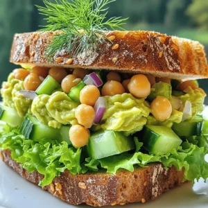 When making an Avocado Chickpea Salad Sandwich, you need fresh and tasty ingredients. Here’s what you’ll need: - 1 ripe avocado - 1 can (15 oz) chickpeas, drained and rinsed - 1/4 cup red onion, finely chopped - 1/4 cup celery, finely chopped - 1/4 cup cucumber, diced - 2 tablespoons Greek yogurt (or dairy-free alternative) - 1 tablespoon lemon juice - 1 tablespoon Dijon mustard - Salt and pepper to taste - 4 slices whole grain bread - Fresh lettuce leaves (optional) - Fresh dill or parsley for garnish (optional) These ingredients come together to create a sandwich that is both healthy and full of flavor. The creamy avocado pairs perfectly with chickpeas, giving you protein and healthy fats. The crunch from celery and cucumber adds texture. The Greek yogurt brings creaminess, while lemon juice and Dijon mustard add a zesty kick. Feel free to adjust the ingredients based on your taste or what you have at home. You can find the Full Recipe at the end of this article. Enjoy the fun of mixing and matching! 1. Mashing the avocado: Start by taking the ripe avocado and cutting it in half. Remove the pit and scoop the flesh into a medium bowl. Use a fork to mash it. Aim for a smooth but slightly chunky texture. This adds depth to your sandwich. 2. Combining chickpeas and other ingredients: Open the can of chickpeas, drain, and rinse them well. Add half of the chickpeas to the bowl with the avocado. Use the fork to mash these slightly, leaving some whole for texture. Next, add in the finely chopped red onion, celery, and cucumber. Mix in the Greek yogurt, lemon juice, and Dijon mustard. Stir until everything is well combined. Season with salt and pepper to taste. 3. Toasting the bread: Take four slices of whole grain bread. Toast them until they are golden brown. This adds a nice crunch and keeps the sandwich from getting soggy. 1. Spreading the mixture on bread: Once the bread is toasted, take two slices and spread a generous portion of the avocado chickpea mixture on each slice. Be sure to cover it well for the best flavor. 2. Adding optional toppings: If you like, add fresh lettuce leaves on top of the mixture. You can also sprinkle some fresh dill or parsley for extra flavor. These toppings add freshness and make the sandwich more colorful. 3. Cutting and garnishing the sandwiches: Place the remaining slices of toasted bread on top. Press down gently. Cut each sandwich in half. Garnish with more fresh herbs if you want. This adds a lovely touch and makes it look even more appealing. For the complete recipe, check the [Full Recipe]. To make your avocado chickpea salad tasty, adjust the seasoning. Add salt and pepper to enhance the flavors. A little lemon juice gives a fresh kick. If you want more zing, try adding a splash of vinegar. This extra acidity brightens the whole dish. Balancing creaminess and crunch is key. The creamy avocado pairs well with crunchy veggies. You can use more or less chickpeas, depending on your taste. If you like, mash half of them for creaminess and leave the rest whole for texture. This contrast makes each bite exciting. Serve your sandwich with sides like carrot sticks or a small salad. A refreshing drink, like lemonade or iced tea, works well too. If you want to meal prep, store the salad mixture in a container. Assemble the sandwiches just before eating to keep the bread fresh. Enjoy your tasty creation! {{image_2}} You can change up the herbs to boost flavor. Try using basil or cilantro instead of dill. Both herbs add a fresh twist. Another swap is using avocado instead of Greek yogurt. This keeps the creaminess but adds more healthy fats. To make this sandwich vegan, skip the Greek yogurt and use a dairy-free alternative. This keeps the taste while making it plant-based. If you're gluten-free, choose a gluten-free bread option. Many brands offer tasty gluten-free choices now. Adding spices can really elevate your salad. Cumin and paprika bring warmth and depth. You can also mix in other vegetables. Try adding bell peppers or shredded carrots for extra crunch and nutrition. These small changes can make your sandwich even more exciting. To store your avocado chickpea salad sandwich, place it in the refrigerator. This keeps it fresh and tasty. Use an airtight container to prevent moisture loss. If you have extra salad left, you can keep it in a separate container. This helps maintain the bread's crispness. In the fridge, your sandwich lasts about 2 to 3 days. The chickpeas and avocado stay safe to eat for this time. However, watch for signs of spoilage. If the bread feels soggy or the salad turns brown, it's best to toss it. Freshness is key for a tasty meal. If you don't eat the sandwich right away, you can reheat it. Use a toaster or oven to warm it up. This helps keep the bread crunchy. Avoid using a microwave, as it can make the bread chewy. After storage, the texture might change, so check before you eat. Always enjoy your meal fresh for the best experience. What can I substitute for Greek yogurt? You can use any dairy-free yogurt. A good option is almond or coconut yogurt. Another choice is mashed avocado for creaminess without dairy. Can I make this sandwich ahead of time? Yes, you can. Make the chickpea salad and store it in a sealed container. It stays fresh for up to two days. Just make the sandwich right before you eat. How do I prevent the avocado from browning? To keep your avocado green, squeeze some lemon juice on it. The acid in lemon slows down browning. You can also store it in an airtight container. Is this sandwich gluten-free? No, but you can make it gluten-free. Just choose gluten-free bread. Many brands offer tasty options, so you still enjoy the sandwich. Where can I find the full recipe? You can find the full recipe for the Avocado Chickpea Salad Sandwich in the main article. It has all the details you need to make this tasty meal. How can I make this a more filling meal? Add extra protein like cooked chicken or turkey. You can also pile on more veggies like bell peppers or spinach to boost the meal's content. Are there any nut-free alternatives for this recipe? Yes, this recipe is already nut-free. If you are looking for a creamy option, stick with Greek yogurt or mashed avocado. These keep it delicious and safe for nut allergies. This blog post highlighted a tasty and nutritious avocado chickpea sandwich. We covered ingredients, preparation steps, and storage tips. Remember to adjust flavors to suit your taste and explore different ingredient swaps. You can make it vegan or gluten-free easily. This sandwich not only satisfies your hunger but is also simple to prepare and store. Enjoy your cooking journey as you explore this healthy option. Your kitchen can become a place for tasty, easy meals!