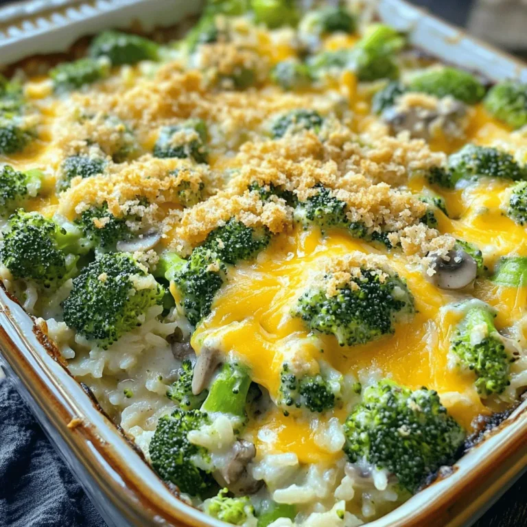 To make this dish, you need: - 2 cups cooked rice (white or brown) - 2 cups fresh broccoli florets - 1 cup shredded cheddar cheese - 1 cup cream of mushroom soup (or homemade) - ½ cup milk - ½ cup diced onion - 2 cloves garlic, minced - 1 teaspoon Dijon mustard - 1 teaspoon salt - ½ teaspoon black pepper - ½ teaspoon paprika - ½ cup breadcrumbs (for topping) - 2 tablespoons olive oil This list gives you everything you need for a creamy and cheesy delight. Using fresh ingredients often gives the best flavor and texture. Fresh broccoli adds a nice crunch. However, frozen broccoli can work well too. It’s quick and easy. If you go for frozen, just make sure to thaw it first. This helps avoid extra water in the casserole. Fresh rice is key for a great base. Cook it the day before for the best results. If you have dietary needs, there are easy swaps. For a dairy-free option, use plant-based cheese and milk. You can replace cream of mushroom soup with a vegan cream soup. If you want a gluten-free dish, use gluten-free breadcrumbs and check the soup label. These swaps help everyone enjoy this tasty casserole without worry. To start, you need to gather your ingredients. Here's what you need: - 2 cups cooked rice - 2 cups fresh broccoli florets - 1 cup shredded cheddar cheese - 1 cup cream of mushroom soup - ½ cup milk - ½ cup diced onion - 2 cloves garlic, minced - 1 teaspoon Dijon mustard - 1 teaspoon salt - ½ teaspoon black pepper - ½ teaspoon paprika - ½ cup breadcrumbs - 2 tablespoons olive oil First, preheat your oven to 350°F. This step is key for even cooking. Now, bring a pot of salted water to a boil. Add your broccoli florets and blanch them for 2-3 minutes. This keeps them bright and fresh. Drain the broccoli and set it aside. Next, heat the olive oil in a skillet over medium heat. Add the diced onion and sauté it until soft, about 3-4 minutes. Then, add the minced garlic for just one more minute. This will fill your kitchen with a nice aroma. In a large mixing bowl, combine the cooked rice, blanched broccoli, sautéed onion, and garlic. Then, mix in the cream of mushroom soup, milk, Dijon mustard, salt, black pepper, and paprika. Stir until everything blends well. Finally, fold in ¾ cup of the shredded cheddar cheese. Now it’s time to bake! Transfer the mixture to a greased 9x13 inch casserole dish. Spread it out evenly. Sprinkle the remaining cheddar cheese on top, then add the breadcrumbs for that crunchy texture. Place the casserole in your preheated oven and bake it for 25-30 minutes. Look for it to be bubbly and golden brown on top. For a great texture, don’t overcook the broccoli; it should be tender but still crisp. Mixing in the cheese evenly helps with the creaminess. Letting the casserole cool for a few minutes before serving helps it hold its shape. For more details on the full recipe, check out the [Full Recipe]. Cooking rice can be simple if you follow a few steps. I suggest using a ratio of 2 cups of water for every 1 cup of rice. Rinse the rice first to remove extra starch. This helps the rice stay fluffy. Bring the water to a boil, add the rice, and then reduce to low heat. Cover it and let it simmer for about 18 minutes. Check it after cooking; it should be tender but not mushy. Perfect rice makes your casserole shine. Spices can elevate your casserole's taste. I love adding a teaspoon of Dijon mustard for depth. It gives a subtle tang that pairs well with cheese. Black pepper adds warmth, while paprika gives a mild smokiness. You can also use garlic powder if you want an extra kick. Experimenting with spices will help you find your favorite flavor mix. Don't be afraid to adjust the amounts to suit your taste. You can prepare this dish ahead of time, which makes weeknight meals easier. Make the casserole up to the baking step and cover it tightly. Store it in the fridge for up to two days. When you're ready to bake, just add an extra 10 minutes to the cooking time. This way, you enjoy a warm, cheesy meal without the hassle. For the full recipe, refer to the recipe section. {{image_2}} You can easily add proteins to your cheesy broccoli rice casserole. Chicken is a great choice. Just cook it first, then shred it. Mix the chicken into your rice and broccoli blend. Tuna also works well. Use canned tuna, and add it right before you bake the casserole. Both options will make the dish more filling and add amazing flavor. If you want to keep it vegetarian, you can swap the cheese. Try using vegan cheese or a mix of nutritional yeast and almond milk for a cheesy taste. You can also add more veggies. Spinach, bell peppers, or zucchini can give more color and nutrients. These swaps keep the dish tasty and satisfying. Seasonal veggies can really boost your casserole. In spring, add asparagus or peas for freshness. In fall, consider butternut squash or pumpkin for warmth. Just make sure to cook the veggies a bit before mixing them in. This will help them blend well with the other flavors. Adding these seasonal items makes your casserole unique and fun. For more details, check out the Full Recipe. To keep your cheesy broccoli rice casserole fresh, store it in an airtight container. Make sure it cools down before sealing. Place it in the fridge. It can last for about 3-4 days. If you want to eat it later, freezing is a great option. When you're ready to enjoy leftovers, preheat your oven to 350°F (175°C). Place the casserole in a baking dish. Add a splash of milk to keep it moist. Cover it with foil to prevent drying out. Heat for about 20 minutes, or until it's warm throughout. You can also use a microwave, but the oven keeps the top crispy. To freeze your casserole, let it cool completely first. Cut it into single servings for easy thawing. Wrap each piece tightly in plastic wrap, then foil. This helps prevent freezer burn. Label each package with the date. You can freeze it for up to 3 months. When you’re ready to eat, thaw it overnight in the fridge before reheating. For the full recipe, check out the [Full Recipe]. You can use cream of chicken soup or a homemade white sauce. Both options add creaminess. If you want to skip the soup, try a mix of yogurt and broth. This keeps the dish moist and tasty. Yes! You can prepare the casserole a day before. Just mix all the ingredients and store it in the fridge. When you’re ready, bake it as directed. This saves time on busy nights and lets the flavors blend well. Absolutely! Use gluten-free breadcrumbs and check your soup label. Many brands offer gluten-free options. You can also make your own soup using cornstarch and broth. This way, you can enjoy this dish without worry. For the full recipe, check out the details above! In this blog post, we covered everything about Cheesy Broccoli Rice Casserole. We discussed the ingredients needed, including fresh and frozen options. You learned how to prepare, bake, and achieve the best texture. I shared tips for cooking rice and ways to enhance flavor. We explored variations like adding proteins and vegetarian options. Finally, we talked about storing leftovers and reheating for the best taste. This dish is versatile and perfect for any meal. Enjoy making it your own!