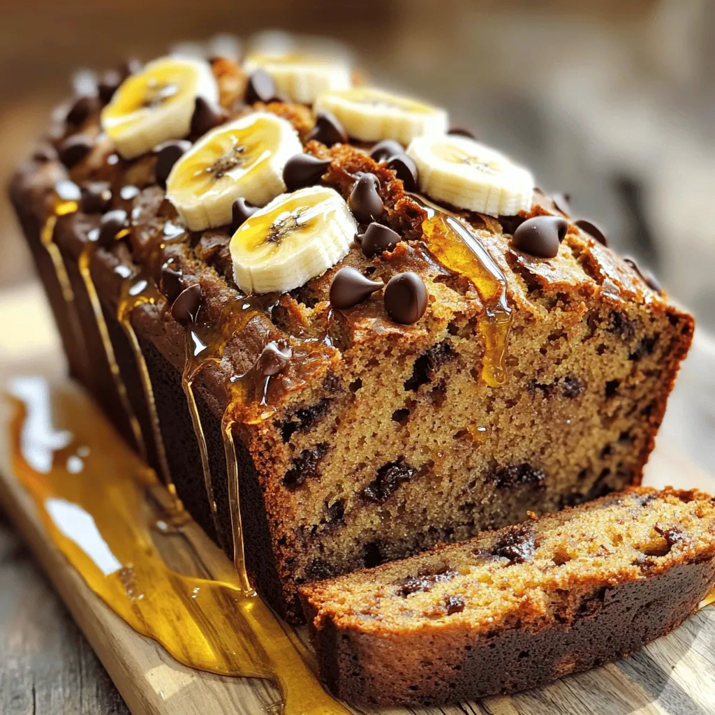 To make a delicious chocolate chip banana bread, you need a few simple ingredients. Here’s what you'll need: - 3 ripe bananas, mashed - 1/3 cup melted coconut oil - 1/2 cup brown sugar - 1 large egg, beaten - 1 teaspoon vanilla extract - 1 teaspoon baking soda - Pinch of salt - 1 cup all-purpose flour - 1/2 cup semi-sweet chocolate chips - 1/4 teaspoon cinnamon (optional) Using ripe bananas is key. They bring a natural sweetness and moisture. The coconut oil adds a nice richness without being too heavy. Brown sugar gives a deeper flavor than white sugar. You can adjust the chocolate chips to your taste. You might even try dark chocolate for a richer bite! If you love spices, add cinnamon for warmth. This simple list makes creating your banana bread easy and fun. Check out the Full Recipe for more details. 1. Preheat the oven: Set your oven to 350°F (175°C). This temp gives you a nice bake. 2. Grease or line the loaf pan: You can grease a 9x5 inch loaf pan. Or, use parchment paper to line it. This helps the bread not stick. 3. Mash bananas: Take three ripe bananas and mash them in a bowl. Use a fork or potato masher until smooth. 1. Combine wet and dry ingredients: In the bowl, stir in melted coconut oil, brown sugar, beaten egg, and vanilla extract. Mix until creamy and smooth. 2. Avoid over-mixing: Add baking soda and a pinch of salt, then stir. Gently fold in the flour. It is okay if some lumps remain. 1. Pour batter into the pan: Transfer the batter into the prepared loaf pan. Spread it evenly with a spatula. 2. Bake time and checking for doneness: Bake for 55-65 minutes. To check, insert a toothpick in the center. If it comes out clean, your bread is ready! For the full recipe, refer to the main section. Enjoy your tasty chocolate chip banana bread! To make great chocolate chip banana bread, start with ripe bananas. Ripe bananas are sweeter and softer. They help create a moist texture. I recommend using bananas that are brown and spotty. If they are too green, the bread may taste starchy. Next, avoid over-mixing the batter. When you mix, combine the ingredients until just blended. This keeps your banana bread light and fluffy. A few lumps are okay. If you mix too much, the bread can become dense and tough. You can add nuts like walnuts or pecans for extra crunch. They pair well with the soft bananas and chocolate. Adding a touch of cinnamon boosts the flavor too. Just a pinch can make a big difference. If you want to switch things up, try using dark chocolate chips or white chocolate chips instead of semi-sweet. Each type gives a unique taste. You can also mix in dried fruits like raisins or cranberries for added sweetness. For the complete recipe, check out the Full Recipe. {{image_2}} If you want a gluten-free version of chocolate chip banana bread, you can easily swap the all-purpose flour. Use a gluten-free flour blend instead. These blends often combine different flours, like rice or almond, to mimic the texture of regular flour. Make sure to read the package for any extra tips. You might need to add a bit of xanthan gum if your blend doesn't have it. This helps give your bread that nice chewy feel. For a vegan twist, you can replace the egg with flaxseed or chia seed. To do this, mix one tablespoon of ground flaxseed or chia seeds with three tablespoons of water. Let it sit for a few minutes until it gets gooey. You can also use plant-based yogurt or applesauce as an egg substitute. Instead of coconut oil, try using a neutral oil like canola or even applesauce for moisture. Want to jazz up your banana bread? Here are some fun ideas for add-ins: - Nuts: Chopped walnuts or pecans add a nice crunch. - Spices: A pinch of nutmeg or cardamom can give a warm flavor. - Fruits: Dried fruit like raisins or cranberries can add sweetness. - Chips: Swap semi-sweet chocolate chips for dark chocolate or white chocolate. Feel free to mix and match these suggestions to create your perfect flavor! For the full recipe, check out the complete guide. You can store leftover banana bread at room temperature or in the fridge. If you keep it at room temperature, wrap it in plastic wrap. This helps keep it fresh. It lasts about three days this way. If you choose the fridge, it can last up to a week. Just remember, the fridge can dry it out a bit. Freezing banana bread is easy and smart. First, let the bread cool completely. Then, wrap it tightly in plastic wrap. After that, place it in a freezer bag or an airtight container. This keeps out air and moisture. You can freeze banana bread for up to three months. When you want to eat it, just take it out and let it thaw in the fridge overnight. To reheat your banana bread, use the oven for the best taste. Preheat your oven to 350°F (175°C). Place slices on a baking sheet and heat for about 10 minutes. This warms it up and keeps it soft. If you are in a hurry, you can use the microwave. Heat a slice for about 10-15 seconds. Just be careful not to overheat it, or it may become dry. For the full recipe, check out Choco-Banana Bliss Bread. To enhance moisture in your banana bread, use very ripe bananas. They add natural sweetness and moisture. You can also try adding an extra tablespoon of coconut oil. This small change makes a big difference. Lastly, do not over-mix your batter. Mix just until the flour disappears. This helps keep your bread tender. Yes, you can use frozen bananas! Just thaw them before mashing. Make sure to drain any excess water from thawed bananas. This keeps your batter from being too wet. Using frozen bananas is a great way to avoid waste. You can store overripe bananas in the freezer for future baking. If you need ripe bananas fast, place them in a paper bag. The bag keeps ethylene gas close to the fruit, speeding up ripening. You can also bake unripe bananas at 300°F for about 15-20 minutes. This method softens them and brings out their sweetness. Both tricks work well when you need ripe bananas in a pinch. This blog post covered how to make delicious banana bread. You learned about key ingredients, the step-by-step process, and some helpful tips. Remember, using ripe bananas is key for flavor. You have many options, like gluten-free or vegan variations. Don’t forget to store and reheat your bread properly. Enjoy every slice! With practice, your banana bread will impress family and friends. Now, it’s time for you to bake and share your tasty creation!