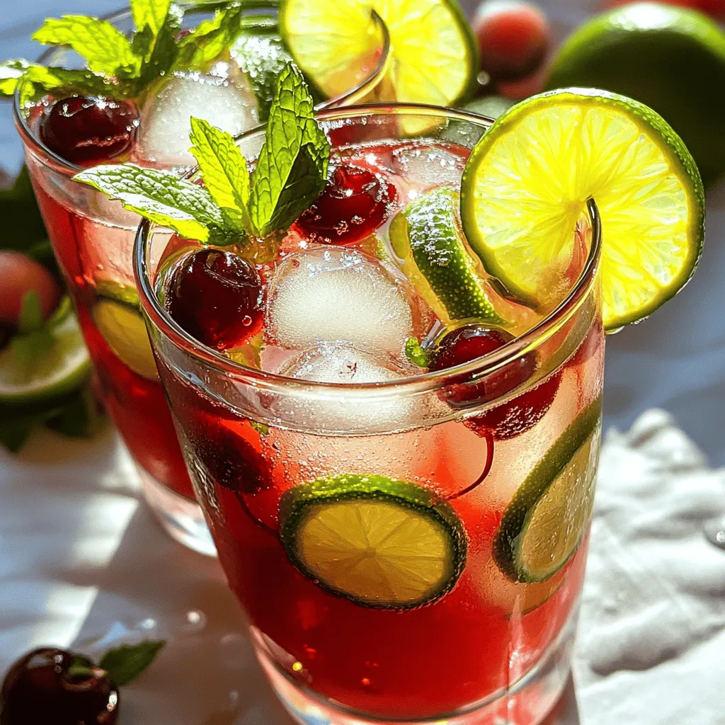 - 2 cups fresh cherries, pitted and halved - 1/2 cup fresh lime juice (about 4-5 limes) - 1/3 cup honey or agave syrup - 3 cups sparkling water - Lime slices for garnish - Fresh mint leaves for garnish - Ice cubes For this Cherry Limeade Sparkle, I love using fresh cherries. They bring a sweet taste and vibrant color. The lime juice adds a tangy kick, making each sip refreshing. Honey or agave syrup adds just the right amount of sweetness. Sparkling water gives it a fun fizz. You can adjust the amount based on how bubbly you like your drink. Don't forget ice cubes to keep it chilled! I also like to garnish with lime slices and mint leaves. This makes the drink look pretty and adds extra flavor. You can find the full recipe for making this delicious summer drink in the recipe section. Enjoy crafting this delightful drink! - Combine pitted cherries and honey in a blender. - Blend until smooth. Start by gathering your fresh cherries. Make sure they are ripe and sweet. Remove the pits and halve them. Place the cherries in a blender. Add the honey or agave syrup to the blender. This adds natural sweetness and helps create a smooth texture. Blend the mixture until it is completely smooth. You want a rich cherry purée for your drink. - Combine cherry purée and fresh lime juice. - Mix well for a balanced flavor. Next, grab a large pitcher. Pour in your cherry purée. Then, squeeze fresh limes to get the juice. You need about half a cup of lime juice. Add this juice to the pitcher. Stir the mixture well. This balance of sweet and tart creates a great flavor. - Slowly add sparkling water. - Stir gently to maintain carbonation. Now it's time to add the fun part—sparkling water! Pour in three cups of sparkling water slowly. This keeps the bubbles intact. Stir gently with a spoon. You want everything to mix without losing the fizz. Once done, your Cherry Limeade Sparkle is ready! To make your Cherry Limeade Sparkle pop, use fresh, ripe cherries. They add sweetness and a rich flavor. If you want it sweeter, try honey or agave. You can mix these to match your taste. This way, you create a drink that feels just right for you. Serve your drink chilled. This makes it extra refreshing, especially on hot days. For a fun touch, garnish with lime slices and fresh mint leaves. They add color and enhance the drink's aroma. A beautiful drink is more appealing and makes sipping even better. You can change the sweetness and acidity to fit your mood. Want it sweeter? Add more honey. Prefer a tangy taste? Just squeeze in more lime juice. This drink is all about your choices, so feel free to experiment. Each twist gives you a new way to enjoy Cherry Limeade Sparkle. Check out the Full Recipe for more ideas! {{image_2}} You can add a twist to your Cherry Limeade Sparkle by using alcohol. Try mixing in some rum or vodka. This adds a fun kick that makes it great for parties. Use about one ounce of your chosen spirit per glass. Just pour it in before the sparkling water. Stir gently to blend the flavors. This way, you keep the drink refreshing and fun. Feel free to get creative with fruits! You can add strawberries or raspberries for a new taste. Just blend them in with the cherries for a burst of flavor. You can also use peaches or blueberries. Each fruit brings its own unique twist to the drink. Mix and match to find your favorite combo. If you want to cut back on sugar, I have a few tips. You can use sugar substitutes like stevia or erythritol. These options are sweeter than regular sugar, so you need less. Start with a small amount and taste as you go. You can also use sparkling water flavored with lime to boost taste without extra sugar. This way, you can enjoy a guilt-free version of Cherry Limeade Sparkle. For the full recipe, refer to the details above. To store leftover Cherry Limeade Sparkle, I suggest using an airtight container. Pour the drink into the container and seal it tightly. Keep it in the fridge for the best taste. Try to finish it within a couple of days for the best flavor. If you leave it too long, the bubbles will fade, and the drink won't be as fun. When refrigerated, expect leftover Cherry Limeade Sparkle to last about two to three days. After that, the taste may change, and the fizz will vanish. Always check for any off smells or changes before drinking. If you want to save Cherry Limeade Sparkle for later, freezing is a great choice. Pour the drink into ice cube trays or freezer-safe bags. This way, you can enjoy the drink later by adding the frozen cubes to a glass. Just remember, once you freeze it, the texture may change a bit. It could become slushy when thawed, but it still tastes amazing. To make Cherry Limeade Sparkle, follow these simple steps: - Blend pitted cherries with honey or agave till smooth. - Mix this cherry purée with fresh lime juice in a pitcher. - Slowly add sparkling water and stir gently. - Serve over ice with lime slices and mint. This quick method ensures you get a refreshing drink fast. Yes, you can use frozen cherries. They work well in this recipe. Just let them thaw a bit before blending. This makes blending easier and gives you a nice cherry flavor. The drink may be slightly less vibrant, but it's still tasty and refreshing. Cherry Limeade Sparkle has many health benefits. Fresh cherries are rich in vitamins and antioxidants. Lime juice adds vitamin C, which boosts your immune system. Using honey or agave syrup gives you natural sweetness without refined sugar. Overall, this drink is a fun way to enjoy healthy ingredients. For the full recipe, click here. In this article, we explored the refreshing Cherry Limeade Sparkle. We covered the ingredients, step-by-step instructions, and handy tips. You learned how to make a delightful drink using fresh cherries and lime juice. Remember, you can boost flavors with your favorite fruits or even add a splash of alcohol for fun. Store leftovers properly to enjoy this treat later. With this guide, you're now ready to impress friends and family with a tasty drink. Enjoy your sparkling creation!