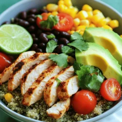 - 2 boneless, skinless chicken breasts - 1 cup quinoa, rinsed - 1 can black beans, rinsed and drained - 1 cup corn, fresh or frozen - 1 red bell pepper, diced - 1 avocado, sliced - 1 cup cherry tomatoes, halved - 1 tablespoon olive oil The chicken breasts are the star of the dish. They provide a lean protein base. I always recommend using high-quality chicken for the best flavor. Quinoa is a great grain that adds texture and nutrition. Black beans give a hearty feel and boost protein. Fresh vegetables, like corn and bell pepper, add color and crunch. Avocado and cherry tomatoes are perfect toppings to make each bite fresh and tasty. - 1 teaspoon cumin - 1 teaspoon chili powder - Salt and pepper to taste - Juice of 1 lime - Fresh cilantro for garnish Cumin and chili powder bring warmth and depth. They give the chicken a nice kick. Salt and pepper are simple but essential for flavor. The lime juice adds a bright finish that balances the dish. Fresh cilantro adds a pop of flavor and color, making it feel special. - Avocado and cherry tomatoes - Lime wedges These garnishes can make your bowl look and taste even better. Slicing an avocado adds creaminess. Halved cherry tomatoes add sweetness and freshness. Lime wedges are great for squeezing over the top, giving an extra zing. Personalize your bowl with these garnishes to suit your taste. For the complete recipe, check the Full Recipe. To cook quinoa, rinse it well. This removes the bitter coating called saponin. In a medium pot, combine the rinsed quinoa and vegetable broth. Bring it to a boil. Cover the pot and reduce the heat to low. Cook for about 15 minutes or until the quinoa is fluffy. You want all the broth to be absorbed. Fluff it with a fork before serving. Tips for fluffy quinoa: - Use a 2:1 ratio of liquid to quinoa. - Avoid stirring while it cooks. - Let it sit covered for 5 minutes after cooking. While the quinoa cooks, heat olive oil in a skillet over medium heat. Season the chicken breasts with cumin, chili powder, salt, and pepper. This adds great flavor. Place the chicken in the skillet. Cook for 6-7 minutes on each side until it is golden and cooked through. The chicken should reach an internal temperature of 165°F (75°C). Let it rest for a few minutes before slicing. This keeps it juicy. In the same skillet, add diced red bell pepper and corn. Sauté them for about 3-4 minutes. You want the bell pepper to be tender but still crisp. This adds color and nutrition to your bowl. The quick cooking keeps the vegetables fresh. Always pay attention to cooking times. Overcooking can make veggies mushy. Now, you're ready to assemble your Healthy Chicken Burrito Bowls! For the full recipe, check the previous section. Enjoy your cooking! To make your Healthy Chicken Burrito Bowls easier, prep ahead of time. Start by washing and chopping your veggies. Dice the red bell pepper and slice the avocado. Store them in airtight containers. Cook the quinoa in advance and keep it in the fridge. You can also cook the chicken earlier in the week. Slice it and store it in a separate container. This way, when you’re ready to eat, you can assemble your bowl quickly. To add more flavor, consider these spices: smoked paprika, garlic powder, or onion powder. You can mix these with your chicken seasoning. For a kick, add jalapeños or hot sauce. Pair your burrito bowl with a side of tortilla chips or a fresh salad. This will create a more filling meal. You can also serve it with a dollop of Greek yogurt or a sprinkle of cheese for extra creaminess. Serve your burrito bowls in colorful dishes. This makes your meal look more inviting. Layer the ingredients nicely. Start with a base of quinoa, then add the chicken, beans, and veggies on top. Finish with avocado and tomatoes. The colors of the food will pop, making it more appetizing. Don’t forget to garnish with fresh cilantro and a lime wedge. A well-presented bowl enhances the eating experience. For full details, check the Full Recipe. {{image_2}} You can switch out chicken for other proteins. Tofu or beef works great! If you want a plant-based option, try jackfruit. For beans, black beans are classic, but you can use pinto or kidney beans. Quinoa is healthy, but brown rice or farro adds nice texture. Mix it up to find your perfect bowl! To change the flavor, add new spices. Paprika, garlic powder, or oregano can give a fresh taste. You can also use fresh herbs like basil or parsley. Want some heat? Add hot sauce or jalapeños to spice things up! Just a few slices can make your bowl exciting and bold. If you're vegan, you can easily make this dish plant-based. Swap chicken for grilled veggies or tofu. For gluten-free options, stick with quinoa and beans. If you're watching carbs, skip the beans and use extra veggies. You can still enjoy a tasty and filling burrito bowl without the carbs! To store leftovers, use airtight containers. This keeps them fresh and safe. You can keep your Healthy Chicken Burrito Bowls in the fridge for about three to four days. Make sure to cool them down before sealing. This helps prevent moisture buildup. For freezing, divide the burrito bowls into single portions. Use freezer-safe containers or bags. Remove as much air as possible to avoid freezer burn. They can last for up to three months in the freezer. To thaw, place the bowl in the fridge overnight. This way, the food stays safe and tasty. When reheating, use the microwave or stovetop. If using a microwave, cover the bowl with a damp paper towel. This keeps moisture in and prevents drying out. If using the stovetop, add a splash of water and heat on low. Always check that the food reaches 165°F (75°C) to ensure safety. To make Healthy Chicken Burrito Bowls, follow these simple steps: 1. Cook the Quinoa: Rinse 1 cup of quinoa. Boil it in 2 cups of vegetable broth. Cover and simmer for 15 minutes until fluffy. 2. Prepare the Chicken: Season 2 chicken breasts with cumin, chili powder, salt, and pepper. Cook them in a skillet with olive oil for about 6-7 minutes on each side. Ensure they reach 165°F. 3. Sauté the Vegetables: In the same skillet, add diced red bell pepper and corn. Sauté for 3-4 minutes until tender. 4. Assemble the Bowls: Start with quinoa in each bowl. Top with sliced chicken, black beans, sautéed vegetables, avocado, and cherry tomatoes. 5. Add Final Touches: Squeeze lime juice over the bowls and garnish with cilantro. For more details, check the Full Recipe. Yes, you can use brown rice instead of quinoa. Here are the pros and cons: - Brown Rice Pros: - Chewy texture adds heartiness. - Good source of fiber. - Brown Rice Cons: - Takes longer to cook. - Slightly higher in carbs. Quinoa cooks faster and has more protein. Choose based on your taste and time. To enhance flavor in your burrito bowls, consider these sauces: - Salsa: Fresh or jarred, adds zest. - Guacamole: Creamy and rich. - Greek Yogurt: A tangy alternative to sour cream. - Chipotle Sauce: Adds a smoky kick. Balance flavors by mixing spicy and creamy sauces. This makes each bite exciting! In this post, we covered how to make healthy chicken burrito bowls. We explored main ingredients, cooking techniques, and tips for flavor. Each step helps you create a tasty meal. Remember, you can change proteins and spices to fit your taste. Store leftovers safely and reheat well for future meals. Enjoy your cooking journey, and don’t forget to get creative! A bowl of flavors awaits you, so dive in!