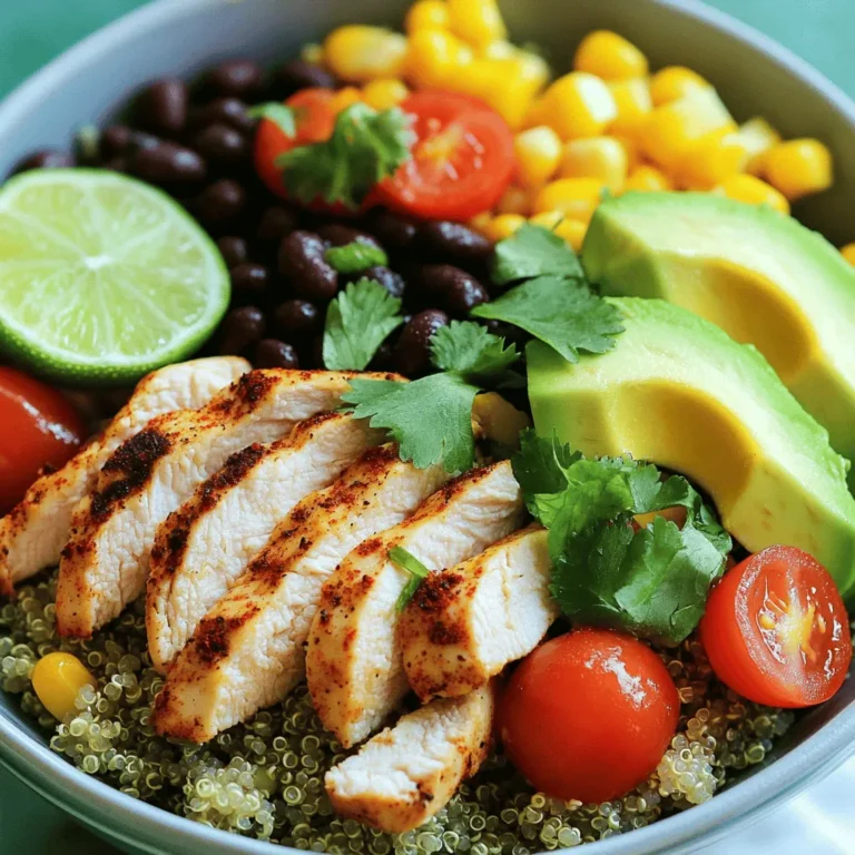 - 2 boneless, skinless chicken breasts - 1 cup quinoa, rinsed - 1 can black beans, rinsed and drained - 1 cup corn, fresh or frozen - 1 red bell pepper, diced - 1 avocado, sliced - 1 cup cherry tomatoes, halved - 1 tablespoon olive oil The chicken breasts are the star of the dish. They provide a lean protein base. I always recommend using high-quality chicken for the best flavor. Quinoa is a great grain that adds texture and nutrition. Black beans give a hearty feel and boost protein. Fresh vegetables, like corn and bell pepper, add color and crunch. Avocado and cherry tomatoes are perfect toppings to make each bite fresh and tasty. - 1 teaspoon cumin - 1 teaspoon chili powder - Salt and pepper to taste - Juice of 1 lime - Fresh cilantro for garnish Cumin and chili powder bring warmth and depth. They give the chicken a nice kick. Salt and pepper are simple but essential for flavor. The lime juice adds a bright finish that balances the dish. Fresh cilantro adds a pop of flavor and color, making it feel special. - Avocado and cherry tomatoes - Lime wedges These garnishes can make your bowl look and taste even better. Slicing an avocado adds creaminess. Halved cherry tomatoes add sweetness and freshness. Lime wedges are great for squeezing over the top, giving an extra zing. Personalize your bowl with these garnishes to suit your taste. For the complete recipe, check the Full Recipe. To cook quinoa, rinse it well. This removes the bitter coating called saponin. In a medium pot, combine the rinsed quinoa and vegetable broth. Bring it to a boil. Cover the pot and reduce the heat to low. Cook for about 15 minutes or until the quinoa is fluffy. You want all the broth to be absorbed. Fluff it with a fork before serving. Tips for fluffy quinoa: - Use a 2:1 ratio of liquid to quinoa. - Avoid stirring while it cooks. - Let it sit covered for 5 minutes after cooking. While the quinoa cooks, heat olive oil in a skillet over medium heat. Season the chicken breasts with cumin, chili powder, salt, and pepper. This adds great flavor. Place the chicken in the skillet. Cook for 6-7 minutes on each side until it is golden and cooked through. The chicken should reach an internal temperature of 165°F (75°C). Let it rest for a few minutes before slicing. This keeps it juicy. In the same skillet, add diced red bell pepper and corn. Sauté them for about 3-4 minutes. You want the bell pepper to be tender but still crisp. This adds color and nutrition to your bowl. The quick cooking keeps the vegetables fresh. Always pay attention to cooking times. Overcooking can make veggies mushy. Now, you're ready to assemble your Healthy Chicken Burrito Bowls! For the full recipe, check the previous section. Enjoy your cooking! To make your Healthy Chicken Burrito Bowls easier, prep ahead of time. Start by washing and chopping your veggies. Dice the red bell pepper and slice the avocado. Store them in airtight containers. Cook the quinoa in advance and keep it in the fridge. You can also cook the chicken earlier in the week. Slice it and store it in a separate container. This way, when you’re ready to eat, you can assemble your bowl quickly. To add more flavor, consider these spices: smoked paprika, garlic powder, or onion powder. You can mix these with your chicken seasoning. For a kick, add jalapeños or hot sauce. Pair your burrito bowl with a side of tortilla chips or a fresh salad. This will create a more filling meal. You can also serve it with a dollop of Greek yogurt or a sprinkle of cheese for extra creaminess. Serve your burrito bowls in colorful dishes. This makes your meal look more inviting. Layer the ingredients nicely. Start with a base of quinoa, then add the chicken, beans, and veggies on top. Finish with avocado and tomatoes. The colors of the food will pop, making it more appetizing. Don’t forget to garnish with fresh cilantro and a lime wedge. A well-presented bowl enhances the eating experience. For full details, check the Full Recipe. {{image_2}} You can switch out chicken for other proteins. Tofu or beef works great! If you want a plant-based option, try jackfruit. For beans, black beans are classic, but you can use pinto or kidney beans. Quinoa is healthy, but brown rice or farro adds nice texture. Mix it up to find your perfect bowl! To change the flavor, add new spices. Paprika, garlic powder, or oregano can give a fresh taste. You can also use fresh herbs like basil or parsley. Want some heat? Add hot sauce or jalapeños to spice things up! Just a few slices can make your bowl exciting and bold. If you're vegan, you can easily make this dish plant-based. Swap chicken for grilled veggies or tofu. For gluten-free options, stick with quinoa and beans. If you're watching carbs, skip the beans and use extra veggies. You can still enjoy a tasty and filling burrito bowl without the carbs! To store leftovers, use airtight containers. This keeps them fresh and safe. You can keep your Healthy Chicken Burrito Bowls in the fridge for about three to four days. Make sure to cool them down before sealing. This helps prevent moisture buildup. For freezing, divide the burrito bowls into single portions. Use freezer-safe containers or bags. Remove as much air as possible to avoid freezer burn. They can last for up to three months in the freezer. To thaw, place the bowl in the fridge overnight. This way, the food stays safe and tasty. When reheating, use the microwave or stovetop. If using a microwave, cover the bowl with a damp paper towel. This keeps moisture in and prevents drying out. If using the stovetop, add a splash of water and heat on low. Always check that the food reaches 165°F (75°C) to ensure safety. To make Healthy Chicken Burrito Bowls, follow these simple steps: 1. Cook the Quinoa: Rinse 1 cup of quinoa. Boil it in 2 cups of vegetable broth. Cover and simmer for 15 minutes until fluffy. 2. Prepare the Chicken: Season 2 chicken breasts with cumin, chili powder, salt, and pepper. Cook them in a skillet with olive oil for about 6-7 minutes on each side. Ensure they reach 165°F. 3. Sauté the Vegetables: In the same skillet, add diced red bell pepper and corn. Sauté for 3-4 minutes until tender. 4. Assemble the Bowls: Start with quinoa in each bowl. Top with sliced chicken, black beans, sautéed vegetables, avocado, and cherry tomatoes. 5. Add Final Touches: Squeeze lime juice over the bowls and garnish with cilantro. For more details, check the Full Recipe. Yes, you can use brown rice instead of quinoa. Here are the pros and cons: - Brown Rice Pros: - Chewy texture adds heartiness. - Good source of fiber. - Brown Rice Cons: - Takes longer to cook. - Slightly higher in carbs. Quinoa cooks faster and has more protein. Choose based on your taste and time. To enhance flavor in your burrito bowls, consider these sauces: - Salsa: Fresh or jarred, adds zest. - Guacamole: Creamy and rich. - Greek Yogurt: A tangy alternative to sour cream. - Chipotle Sauce: Adds a smoky kick. Balance flavors by mixing spicy and creamy sauces. This makes each bite exciting! In this post, we covered how to make healthy chicken burrito bowls. We explored main ingredients, cooking techniques, and tips for flavor. Each step helps you create a tasty meal. Remember, you can change proteins and spices to fit your taste. Store leftovers safely and reheat well for future meals. Enjoy your cooking journey, and don’t forget to get creative! A bowl of flavors awaits you, so dive in!