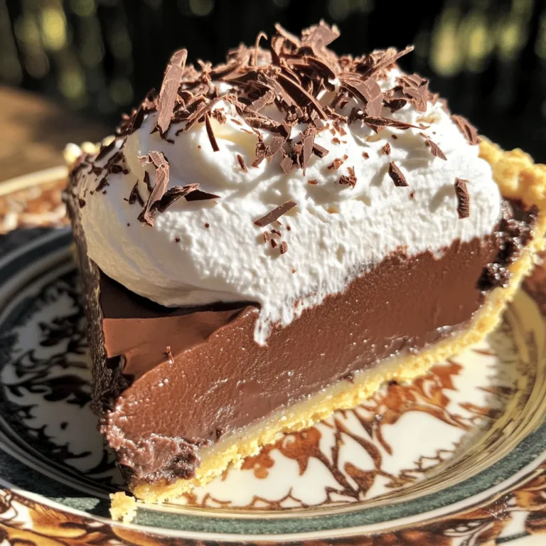 To make a French silk pie, you need a few simple ingredients that create a rich and creamy treat. Here’s what you will need: - 1 pre-baked pie crust (store-bought or homemade) - 1 cup unsweetened cocoa powder - 1 cup granulated sugar - 1/2 cup unsalted butter, softened - 3 large eggs - 1 teaspoon vanilla extract - 1 cup heavy cream - 2 tablespoons powdered sugar (for whipped cream topping) - Suggested garnishes (chocolate shavings, cocoa powder) These ingredients come together to create a pie that is smooth and velvety. The cocoa powder gives it a deep chocolate flavor that many love. The butter helps in making the filling rich, while the heavy cream adds a light touch. Using a pre-baked pie crust saves time, but you can make your own if you prefer. Each ingredient plays a role in the final taste and texture of the pie, making it a delightful dessert. For the full recipe, check out French Silk Dream Pie 🥧. 1. Start by creaming the butter and sugar together. Use a mixing bowl and work for about 3-5 minutes. You want it light and fluffy. 2. Now, gradually add the cocoa powder. Mix until it is well combined with the butter and sugar. This gives the pie its rich chocolate flavor. 3. Next, incorporate the eggs. Beat in one egg at a time. Make sure each egg is fully mixed in before adding the next. Mix for about 5 minutes. The filling should look light and velvety. 4. Stir in the vanilla extract. This adds a nice depth to the chocolate. Mix until it is fully combined. 5. In a separate bowl, whip the heavy cream until stiff peaks form. This step is key to making the filling light and creamy. 6. Gently fold the whipped cream into the chocolate mixture. Be careful not to overmix. You want to keep the air in the whipped cream for a light texture. 7. Pour the silky filling into your pre-baked pie crust. Smooth the top with a spatula for a nice finish. 8. Refrigerate the pie for at least 4 hours. For the best taste, chill it overnight. This helps the pie set properly. 9. Before serving, whip the remaining heavy cream with powdered sugar until stiff peaks form. Spread this whipped cream over the top of the chilled pie. 10. Finish with chocolate shavings or a dusting of cocoa powder. This adds a lovely touch to your dessert. Now you have a delicious French Silk Pie ready to impress your guests! For the full recipe, feel free to check out the details above. To get that smooth and rich texture, use room temperature ingredients. When the butter and eggs are at room temperature, they blend better. This helps create a light and fluffy filling. Your pie will taste so much better! When mixing, be gentle but thorough. Start slowly, then increase your speed. This way, you add air into the mix. The air makes the pie light and creamy. The goal is to have a silky texture that melts in your mouth. Pair your French Silk Pie with coffee or a glass of cold milk. Both drinks balance the rich flavors. You can also serve it with fresh berries on the side. They add a nice pop of color and freshness. For a stunning presentation, use elegant plates. Serve chilled slices with a drizzle of chocolate syrup. You can also add some whipped cream on top. A sprinkle of cocoa powder or chocolate shavings makes it look fancy. One big mistake is overmixing the filling. If you mix too much, the texture can become grainy. Stop mixing as soon as the ingredients blend well. Another mistake is not chilling the pie long enough. The pie needs at least four hours in the fridge. Chilling helps it set properly. Without this time, it may not hold its shape when sliced. {{image_2}} You can make French silk pie even more fun by adding new flavors. - Mint French Silk Pie: Add 1 teaspoon of mint extract to the filling. This gives a fresh twist to the rich chocolate. It’s like a chocolate mint treat in a pie! - Peanut Butter French Silk Pie: Mix in 1/2 cup of creamy peanut butter into your chocolate filling. This creates a lovely combo of chocolate and peanut butter flavors. It’s a dream for peanut butter lovers! You can enjoy this pie even if you have dietary needs. - Making it gluten-free: Use a gluten-free pie crust instead of a regular one. You can find these at many stores or make one from gluten-free flour. This way, everyone can enjoy a slice! - Vegan adaptations: Replace eggs with a mix of flaxseed meal and water. Use dairy-free butter and coconut cream instead of heavy cream. These swaps make the pie vegan-friendly while keeping it delicious! Toppings can elevate your pie and add more fun. - Different whipped cream flavors: Try adding flavors to your whipped cream! You can use vanilla, almond, or even coffee extract for extra taste. Just mix the flavor in while whipping. - Additional garnishes: Top your pie with fresh fruits like raspberries or strawberries. You can also add chopped nuts for a crunch. Chocolate shavings or a dusting of cocoa powder look great too and taste amazing! Explore these variations and toppings to make your French silk pie truly special. For the full recipe, check out the details above. To keep your French Silk Pie fresh, place it in the fridge. Cover the pie with plastic wrap or aluminum foil. This helps keep it safe from odors and moisture. It will stay good for about 3 to 4 days. If you want to save it for longer, freezing is an option. Wrap the pie tightly in plastic wrap, then in aluminum foil. This prevents freezer burn. When stored this way, it can last for up to 2 months. To enjoy it later, thaw the pie in the fridge overnight before serving. French Silk Pie is best served cold, so reheating is not common. If you want to warm a slice, use the microwave. Place a slice on a microwave-safe plate. Heat it for about 10 to 15 seconds. This warms it slightly without changing the texture too much. For the best experience, serve it chilled. The creamy filling tastes amazing when it's cold. Enjoy every rich bite! French Silk Pie comes from the United States, not France. It first appeared in the 1950s. A famous recipe was created by Betty Crocker. The pie is rich, creamy, and chocolatey. It became popular for its smooth texture and simple ingredients. This dessert is a favorite in many homes for special occasions. You can make French Silk Pie without eggs by using silken tofu or aquafaba. - Silken Tofu: Blend 1 cup of silken tofu until smooth. Mix it with cocoa powder, sugar, and vanilla. This gives a creamy texture. - Aquafaba: Use 3 tablespoons of aquafaba, the liquid from canned chickpeas. Whip it until fluffy, then fold it into the chocolate mix. Both options keep the pie rich without eggs. Yes, you can use a store-bought pie crust. It saves time and effort. - Benefits: It is quick and easy. You don’t need to make dough from scratch. It also helps keep the pie tasty and fresh. - Considerations: Check the ingredients for quality. Some crusts may have preservatives. A homemade crust may offer a fresher flavor. French Silk Pie lasts about 3 to 4 days in the fridge. - Best Practices: Always cover the pie tightly with plastic wrap or foil. This keeps it fresh and prevents it from drying out. You can also freeze it for longer storage, up to 2 months. Just remember to let it thaw in the fridge before serving. This blog post detailed how to make a classic French Silk Pie. We covered essential ingredients, step-by-step instructions, and tips for perfecting its texture. I also shared variations to try and storage information to keep your pie fresh. Remember, the key is in the mixing and chilling. Avoid common mistakes to enjoy a silky treat. With these insights, you can create a stunning pie that impresses every time. Enjoy your baking adventure!