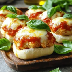 - 1 lb ground chicken - 1 cup breadcrumbs - 1/2 cup grated Parmesan cheese - 1 tablespoon Italian seasoning - 1 teaspoon garlic powder - Salt and pepper to taste - 1 cup marinara sauce - 1 cup shredded mozzarella cheese - 12 slider rolls - Fresh basil leaves (for garnish) - Olive oil (for drizzling) To make these sliders, you need simple, fresh ingredients. First, grab some ground chicken. It is lean and cooks quickly. Next, breadcrumbs add a nice crunch. Parmesan cheese gives a rich flavor that blends well. For seasoning, Italian seasoning and garlic powder add a kick. Adjust salt and pepper to suit your taste. Marinara sauce adds moisture and helps bind the flavors. Don’t forget the cheese! Mozzarella melts beautifully and makes the dish gooey. For the base, you’ll need slider rolls. They are small and perfect for hands. Fresh basil leaves add a pop of color and flavor. A drizzle of olive oil enhances the taste and adds shine. This recipe is flexible. Feel free to switch out ingredients based on what you have. You can find the Full Recipe to guide you through each step! - Preheat the oven to 375°F (190°C). - In a large bowl, combine: - 1 lb ground chicken - 1 cup breadcrumbs - 1/2 cup grated Parmesan cheese - 1 tablespoon Italian seasoning - 1 teaspoon garlic powder - Salt and pepper to taste Mix until everything is well blended. This helps the flavors mix nicely. - Shape the mixture into small patties, about the size of your slider rolls. - Heat a non-stick skillet over medium heat and add a touch of olive oil. - Cook the chicken patties for about 4-5 minutes on each side. They should turn golden brown. - Once cooked, transfer the patties to a baking dish. - Spoon marinara sauce over each chicken patty. - Top each patty with shredded mozzarella cheese. - Bake the sliders in your preheated oven for 10-12 minutes. You want the cheese to be bubbly and melted. - While they bake, cut your slider rolls in half. - Assemble each slider by placing a chicken patty on the bottom half. Add fresh basil leaves, then place the top half of the roll on top. - For extra flavor, drizzle a little olive oil on the assembled sliders. These steps will give you tasty chicken Parmesan sliders. Enjoy every bite! If you want to see the complete details, check the Full Recipe. To make sure your chicken patties are fully cooked, use a meat thermometer. The center should reach 165°F (74°C). This ensures safety and a juicy texture. When shaping the patties, keep them about the size of your slider rolls. This helps them cook evenly and fit perfectly in the buns. Serving sliders can be fun and creative. Try stacking them in a pyramid or placing them on a colorful platter. For a professional look, garnish with fresh basil leaves and a drizzle of marinara sauce. It adds color and a burst of flavor. Want to spice things up? Consider adding chopped sun-dried tomatoes or olives to the chicken mix. These ingredients add rich flavors. For dips, serve with extra marinara or a creamy ranch dressing. You can also pair them with a fresh salad or crispy fries. For the full recipe, check out the Easy Chicken Parmesan Sliders. {{image_2}} You can swap out ground chicken for other proteins. Ground turkey works great too. If you prefer beef, it adds a rich flavor. For those with gluten issues, use gluten-free breadcrumbs. They still give a nice crunch and hold everything together. Mix up the cheese! Try provolone or gouda for a twist. You can also add spices like red pepper flakes for heat. If you want a vegetarian option, use mushrooms or black beans instead of meat. They absorb flavors well and make a hearty filling. These sliders are perfect for parties or game days. Serve them on a large platter, and watch them disappear! You can also make a big casserole version. Just layer the cooked patties, sauce, and cheese in a baking dish. This way, everyone can help themselves. For a fun touch, pick up mini slider rolls for a cute presentation. Check the Full Recipe for more tips on serving! To keep your chicken parmesan sliders fresh, wrap them in plastic wrap. Place them in an airtight container. This helps to seal in the flavors. Make sure to refrigerate them within two hours of cooking. When reheating, I recommend using an oven for the best results. Preheat your oven to 350°F (175°C). Place the sliders on a baking sheet and cover them with foil. Heat them for about 10-15 minutes. This keeps the bread soft and the cheese melty. Yes, you can freeze chicken parmesan sliders! This is a great way to save some for later. First, let the sliders cool completely. Wrap each slider in plastic wrap and then place them in a freezer-safe bag. Squeeze out as much air as possible. To reheat, take them out and let them thaw in the fridge overnight. Then, bake them at 350°F (175°C) as mentioned earlier. Leftover sliders last about 3-4 days in the fridge. After this time, they may start to spoil. Signs of spoilage include a bad smell, mold, or a slimy texture. If you notice any of these signs, it is best to throw them away. Keeping track of these details helps you enjoy your delicious meal safely! How do I make sliders ahead of time? You can prepare the chicken patties in advance. Form them and store them in the fridge for up to 24 hours. When ready, cook them as directed. You can also bake the sliders and keep them warm until serving. Can I use store-bought patties instead? Yes, you can use store-bought patties. Just ensure they are similar in size. Heat them as directed on the package. Then, layer with marinara and cheese as in the recipe. What is the calorie count per slider? Each slider has about 250 calories. This can vary based on the toppings and the size of the patty. Always check the specific ingredients you use for accuracy. Are there any healthier alternatives? Yes, you can use lean ground turkey instead of chicken. Whole grain slider rolls are a great swap too. You can also use less cheese or low-fat cheese for fewer calories. What kitchen tools do I need for this recipe? You will need a large bowl for mixing, a skillet for cooking, and a baking dish for the sliders. A spatula helps flip the patties with ease. Any specific baking dish recommendations? A 9x13 inch baking dish works great for this recipe. It fits all the sliders nicely and allows for even cooking. You can use glass or metal, depending on what you have. For the full recipe, check out the Easy Chicken Parmesan Sliders. These chicken parmesan sliders are easy and fun to make. We covered the main ingredients, from ground chicken to cheese and buns. The step-by-step guide ensures you cook tasty patties and assemble sliders with style. You learned tips to enhance flavors and presented ideas for any occasion. Remember, you can tweak ingredients and flavors to suit your taste. Enjoy these sliders any time, and don’t shy away from getting creative! Your next meal can be both delicious and satisfying.