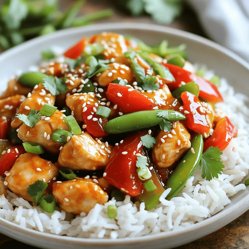 To make Sweet Chili Chicken Bowls, you will need these fresh ingredients: - 2 boneless, skinless chicken breasts, diced - 1 cup jasmine rice - 1 cup low-sodium chicken broth - 1 red bell pepper, thinly sliced - 1 cup snap peas, trimmed - 2 cloves garlic, minced - 1 tablespoon grated ginger - 1/3 cup sweet chili sauce - 2 tablespoons soy sauce - 1 tablespoon sesame oil - Salt and pepper to taste - 2 green onions, chopped for garnish - Sesame seeds for garnish - Fresh cilantro for garnish (optional) These ingredients work together to create a meal that is both tasty and easy to prepare. The chicken, jasmine rice, and veggies blend well with sweet chili sauce for a delightful taste. You can find the full recipe for detailed steps on how to combine these ingredients perfectly. Enjoy the bright colors and flavors in this dish! - Combine jasmine rice and chicken broth in a saucepan. - Bring to a boil and reduce heat to low. - Cook until tender and let sit covered for five minutes. - Season diced chicken with salt and pepper. - Sauté in sesame oil until golden brown, about five to seven minutes. - Stir in minced garlic and grated ginger. - Sauté sliced red bell pepper and snap peas for three to four minutes. - Pour sweet chili sauce and soy sauce over the chicken and veggies. - Allow sauce to thicken for two to three minutes. - Fluff the rice with a fork and divide it among bowls. - Top each bowl with the chicken and vegetable mixture. - Sprinkle with chopped green onions. - Add sesame seeds and fresh cilantro if desired. This simple process creates a meal that bursts with flavor. You can find the full recipe in the article. To keep your chicken juicy, use these simple tips: - Cook at medium-high heat. This helps the chicken brown nicely. - Don’t overcrowd the skillet. Cook in batches if needed. This helps with even cooking. - Let it rest. After cooking, let the chicken sit for a few minutes. This keeps it moist. For the best sauté, aim for a skillet temperature around 375°F. If the oil shimmers, you’re ready. Spice up your dish by adding: - Cilantro or basil. Both herbs add freshness. - Chili flakes. For a little heat, add a pinch. - Lime juice. A squeeze at the end brightens the flavors. To balance sweetness and saltiness, use low-sodium soy sauce. This way, the sweet chili sauce shines without being too sweet. Make your bowls look great with these tips: - Layer the rice first. This creates a nice base. - Arrange chicken and veggies neatly on top. This makes it inviting. - Garnish with green onions and sesame seeds. It adds color and texture. Garnishing is key. It not only looks good but enhances flavor too. Fresh herbs elevate the dish and make it more appealing. {{image_2}} You can swap chicken for tofu or shrimp. Tofu gives a great texture and absorbs flavors well. Cook the tofu for about 6-8 minutes until golden. Shrimp cooks faster, usually needing only 3-4 minutes. Both options still work great with sweet chili sauce. Boost the nutrition by adding more vegetables. Try carrots, broccoli, or zucchini. These veggies add color and crunch. Adjust cooking times; cook carrots for about 5 minutes, while broccoli takes about 4 minutes. Zucchini only needs 2-3 minutes to stay crisp. You can make your own sweet chili sauce too. Mix equal parts honey and soy sauce, then add chili flakes. For a twist, try adding peanut butter or sesame paste for a unique flavor. Each sauce brings its own taste, making your meal special. To keep your sweet chili chicken bowls fresh, store them in airtight containers. This helps lock in flavor and moisture. Place the bowls in the fridge within two hours of cooking. They stay good for about three days. After that, the taste and quality may drop. When reheating, use the microwave or a skillet. For the microwave, heat in short bursts. Stir and check to avoid hot spots. In a skillet, add a splash of water to keep moisture. This helps maintain the texture. Avoid sogginess by not overcrowding the pan. You can freeze the chicken and veggies separately from the rice. Let everything cool before packing. Use freezer-safe bags or containers. They can last up to three months in the freezer. For thawing, move them to the fridge overnight. Reheat gently to enjoy a quick meal later. This storage info helps keep your sweet chili chicken bowls tasty and ready for any time! For the complete recipe, check out the Full Recipe. Yes, you can use brown rice. However, it needs more time to cook. Brown rice takes about 40-45 minutes compared to 15-18 minutes for jasmine rice. The flavor is nuttier and chewier. This adds a different texture to your sweet chili chicken bowls. Sweet chili sauce has a mild heat. It is sweet with a hint of spice, making it great for many dishes. The heat level varies by brand, but most are not very hot. If you want more heat, add chili flakes or hot sauce. You can pair these bowls with several sides. Here are some ideas: - Steamed broccoli - Cucumber salad - Asian slaw - Fried rice - Spring rolls These options add freshness and crunch, enhancing your meal. To make it low-carb, swap jasmine rice for cauliflower rice. Cauliflower rice cooks quickly and absorbs flavors well. You can also use zucchini noodles or skip the grains entirely. This keeps the meal light but still delicious. Yes, you can prep these bowls ahead. Cook the chicken and veggies, then store them in the fridge. They last for about 3-4 days. When ready, reheat and serve over fresh rice. This makes for a quick and easy meal. For the complete recipe, check out the [Full Recipe]. This blog post covered a quick and tasty recipe for sweet chili chicken bowls. You learned about the key ingredients, step-by-step cooking instructions, and smart tips to make it better. I hope you try adding your favorite veggies or protein to make it unique. Enjoy leftovers and know how to store them well. These bowls are easy to make and perfect for any day. Dive in and have fun cooking!