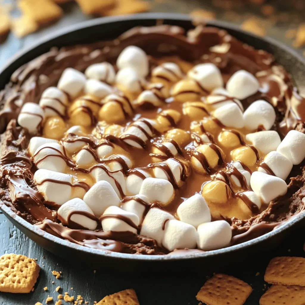 To make a great S'mores dip, you need a few key ingredients: - 1 cup semi-sweet chocolate chips - 1 cup mini marshmallows - 1/4 cup heavy cream - 1 teaspoon vanilla extract - 1/2 teaspoon sea salt - Graham crackers for dipping These main ingredients create a rich and gooey treat that everyone loves. The semi-sweet chocolate gives a deep flavor, while the mini marshmallows add sweetness and a fluffy texture. Heavy cream makes the dip smooth, and vanilla extract enhances the taste. A pinch of sea salt balances the sweetness perfectly. You can add these for extra fun: - Extra melted chocolate - Caramel sauce - Crushed graham crackers These toppings allow you to get creative. Drizzling melted chocolate or caramel sauce makes the dip look fancy. Crushed graham crackers on top add a nice crunch. Feel free to mix and match your toppings to make your S'mores dip even better! For the full recipe, check the section above. - Preheat the oven to 350°F (175°C). - In an 8-inch oven-safe skillet, combine 1 cup of semi-sweet chocolate chips and 1/4 cup of heavy cream. Stir to mix well. - Place the dish in the oven and bake for 5-7 minutes until the chocolate is melted and glossy. - Remove the dish from the oven. Stir the mixture until smooth. Add 1 teaspoon of vanilla extract and 1/2 teaspoon of sea salt, mixing well. - Add 1 cup of mini marshmallows on top of the melted chocolate. Spread them evenly. - Return the dish to the oven and bake for an additional 3-5 minutes until the marshmallows are puffed and golden. - Carefully take the skillet out of the oven. Let it cool for a couple of minutes before serving. Serve this delicious dip with graham crackers for dipping. Enjoy the sweet and warm flavors! For the full recipe, check out the details above. To make the best S'mores dip, start with the right chocolate chips. I recommend using semi-sweet chocolate chips. They melt well and give a rich taste. You can also try dark chocolate for a deeper flavor. Just remember, the quality of chocolate counts. When melting chocolate, stirring is key. Start by gently mixing the chocolate and cream together. Use a spatula to blend them smoothly. Stirring helps prevent any lumps. Keep stirring until the mix is glossy and smooth. This step makes your dip creamy and delightful. For dipping, graham crackers are a must. I love using the classic honey-flavored ones. They add sweetness and crunch. You can also try chocolate or cinnamon graham crackers for a fun twist. To make it even more exciting, add fresh fruits or pretzels for dipping. Sliced strawberries or bananas work great with the gooey dip. Pretzels add a salty crunch that pairs well. Mix and match to find your favorite combo! {{image_2}} You can make S'mores dip more fun by adding flavors. One great idea is to add peanut butter. Just mix in a half cup of creamy peanut butter with the chocolate and cream. This gives the dip a nutty twist that is hard to resist. You can also use different types of chocolate. Try dark chocolate or white chocolate for new tastes. Each option brings a unique flavor, making each dip special. If you want to make S'mores dip for everyone, consider dietary needs. For gluten-free eaters, you can use gluten-free graham crackers. Many brands offer tasty options that work well. If you're making it vegan, look for vegan marshmallows. These alternatives let everyone enjoy the dip without worry. You can still get that sweet, gooey taste everyone loves. For the full recipe, check out the S'mores Dip Delight. To store leftover S'mores dip, let it cool first. Then, cover it tightly with plastic wrap or a lid. Place it in the fridge. It will keep well for 3 to 5 days. When you're ready to eat it again, simply reheat it. Warm it in the oven at 350°F (175°C) for about 10 minutes. You can also use the microwave. Heat it in short bursts, stirring in between. This helps keep the dip creamy and smooth. Yes, you can freeze S'mores dip! To do this, let it cool completely. Then, place it in an airtight container. It can last up to 3 months in the freezer. When you want to enjoy it again, thaw it in the fridge overnight. Reheat it gently in the oven or microwave. To maintain flavor when storing, ensure you use fresh ingredients. This helps the dip taste great even after freezing. Avoid leaving it out at room temperature for long. This keeps it safe and delicious for you to enjoy later. How do I know when the S'mores dip is done? You know your S'mores dip is done when the chocolate is melted and glossy. The mini marshmallows should be puffed and golden. This usually takes about 8-12 minutes in total. Can I make S'mores dip in a microwave? Yes, you can make S'mores dip in a microwave! Combine the chocolate chips and heavy cream in a microwave-safe bowl. Heat for about 30 seconds, then stir. Repeat until melted. Add the marshmallows and microwave for another 30 seconds, or until puffed. What's the best way to serve S'mores dip at a party? Serve your S'mores dip in a warm dish right from the oven or microwave. Place graham crackers around the dip for easy access. You can also add some extra melted chocolate on top for a fun touch! How to make S'mores dip without an oven? You can make S'mores dip on the stovetop! Melt the chocolate and heavy cream in a saucepan over low heat. Stir frequently until smooth. Top with marshmallows and cover. Cook for a few minutes until the marshmallows puff up. What can I substitute for heavy cream in this recipe? If you need a substitute for heavy cream, use coconut cream or a mix of milk and butter. For a lighter option, try whole milk or half-and-half, but the dip may be less rich. For more details on making this delightful treat, check out the Full Recipe! S'mores dip is a delight. We covered its ingredients, steps, tips, and fun variations. Start with chocolate chips, marshmallows, and cream. Bake to a gooey finish, then enjoy with graham crackers or fruits. Don't forget to try adding peanut butter or gluten-free crackers. Storing is simple for both short and long-term. Follow the tips for the best taste and ease. Now you're ready to make this treat anytime! Make every gathering special with your tasty S'mores dip. Enjoy creating a fun dessert everyone will love.