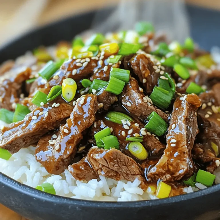 - 1 lb flank steak, thinly sliced against the grain - 2 tablespoons cornstarch - 3 tablespoons vegetable oil - 4 green onions, chopped (whites and greens separated) - 2 cloves garlic, minced - 1-inch piece of ginger, freshly grated - 1/2 cup soy sauce (low sodium) - 1/4 cup brown sugar - 1 tablespoon sesame oil - 1/2 teaspoon black pepper - 1/4 teaspoon red pepper flakes (optional for heat) Gathering these ingredients is key to making Easy Mongolian Beef. The flank steak gives the dish a tender bite. Cornstarch helps to coat the beef and adds crunch. Vegetable oil is perfect for stir-frying, ensuring the beef cooks well without sticking. Next, the aromatics bring the dish to life. Green onions add a fresh taste. Garlic and ginger provide a warm, rich flavor. The sauce components are what make this dish memorable. Low-sodium soy sauce keeps the dish savory without being too salty. Brown sugar adds sweetness. Sesame oil gives a nutty aroma. Black pepper and red pepper flakes can add just the right kick if you like heat. With these ingredients, you're ready for a delicious meal. For the complete recipe, check out the Full Recipe section! First, take your flank steak and slice it thinly against the grain. This helps make the meat tender. Next, toss the slices in cornstarch until they are well coated. The cornstarch gives the beef a nice texture. It makes the beef crisp when cooked. Now, heat two tablespoons of vegetable oil in a skillet or wok. Use medium-high heat for the best results. Add the beef in a single layer. You may need to cook it in batches to avoid overcrowding. Stir-fry the beef for about two to three minutes. This will brown the beef and cook it through. Once done, remove the beef from the skillet and set it aside. In the same skillet, add one more tablespoon of vegetable oil. Then, toss in the white parts of the green onions, minced garlic, and grated ginger. Stir-fry these for about 30 seconds. This will make your kitchen smell great! Next, pour in the soy sauce, brown sugar, sesame oil, black pepper, and red pepper flakes if you like heat. Stir well and let the sauce bubble. This bubbling helps dissolve the sugar. Return the cooked beef to the skillet. Toss it in the sauce to coat it well. Cook for an additional two to three minutes. This thickens the sauce and infuses flavor into the beef. The sauce should cling to the meat nicely. Finally, add the green parts of the chopped green onions for a fresh touch. Remove the skillet from heat. Serve the Mongolian beef over steamed jasmine rice or noodles. For a nice presentation, you can garnish with more green onions and sesame seeds. Check out the Full Recipe for more details! To make your Mongolian beef taste great, focus on the quality of your ingredients. Use low-sodium soy sauce for a rich flavor without too much salt. A good sesame oil adds a nutty depth. Before cooking, marinate your beef. A quick marination helps the flavors soak in. Mix the soy sauce, ginger, and garlic with the beef. Let it rest for 15 to 30 minutes. This step builds a strong flavor base. Stir-frying is key for this dish. Use high heat to cook the beef quickly. It helps keep the meat tender and juicy. Make sure not to overcrowd the skillet. Cook the beef in batches if needed. Overcrowding lowers the heat and leads to steaming instead of frying. You can customize the sweetness and spiciness of your dish. Add more brown sugar for extra sweetness. For heat, toss in more red pepper flakes. If you need a gluten-free option, use tamari instead of soy sauce. For a low-carb choice, swap out the sugar with a sugar substitute. This way, you can enjoy delicious Mongolian beef without worries. {{image_2}} You can add bell peppers, broccoli, or snap peas to your Mongolian beef. These veggies bring color and crunch. To include them, cut the vegetables into bite-sized pieces. Stir-fry them in the skillet for 2-3 minutes before adding the beef. This method ensures they stay crisp and bright in flavor. If you want a twist, try chicken, pork, or tofu instead of beef. Each protein gives a different taste. For chicken and pork, slice them thinly and use the same cooking times as beef. For tofu, choose firm tofu, press it to remove water, and then cube it. Cook it until golden brown before adding sauce. Adjust cooking times to ensure everything is cooked through. Pair your Mongolian beef with jasmine rice or noodles. Both options soak up the sauce well and add texture. For meal prep, divide the beef and rice or noodles into containers. This makes it easy to reheat for lunch or dinner. You can also add some steamed veggies to each container for balance. To store leftover Mongolian beef, place it in an airtight container. This helps keep the beef fresh and tasty. In the fridge, it lasts about 3 to 4 days. Make sure it cools down first before sealing. For freezing, let the beef cool completely. Then, transfer it to a freezer-safe container. You can also use a heavy-duty freezer bag. This dish freezes well for up to 2 months. When you’re ready to eat, thaw it in the fridge overnight. To reheat, use a skillet on medium heat. Stir often to keep the texture nice and juicy. Add a splash of water or broth if it seems dry. Prepping ingredients ahead of time can save you effort. Slice the beef and chop the onions and garlic a day before. Store them in separate containers in the fridge. For quick reheats, microwave the Mongolian beef for about 2 minutes. Stir halfway through to heat evenly. You can also reheat it on the stove for better texture. Enjoy your delicious meal in no time! For the full recipe, check out Sizzling Mongolian Beef Delight. Flank steak is the best choice for Mongolian beef. It has a nice balance of flavor and tenderness. You can also use sirloin or ribeye, but they may cost more. Flank steak cooks quickly and absorbs flavors well, which makes it a top pick. Always slice the meat against the grain. This step keeps it tender and easy to chew. Yes, you can easily add heat to this dish. Here are some options: - Add red pepper flakes to the sauce. Start with a small amount and adjust to taste. - Use fresh chopped chilies, like jalapeños or serranos, for a fresher kick. - Add a dash of hot sauce when you mix in the sauce. These options let you control the spice level to your liking. To keep your beef tender, follow these tips: - Marinate the beef in soy sauce and cornstarch for about 15 minutes. This step adds flavor and softness. - Cook the beef over high heat. This helps sear the meat quickly, keeping it juicy. - Avoid overcooking. Stir-fry the beef just until browned. Remove it once it is no longer pink. These steps will ensure your beef turns out tender every time. You can serve Mongolian beef with several side dishes. Here are some tasty options: - Steamed jasmine rice pairs well with the rich sauce. - Fluffy noodles, like lo mein or udon, also work great. - Fresh vegetables, like steamed broccoli or snap peas, add color and crunch. These sides balance the meal and make it even more delicious. This blog post covered the key elements to make great Mongolian beef. We explored the main ingredients, cooking techniques, and ways to enhance flavors. In the tips section, I shared how to customize the dish and achieve that authentic taste. Variations offered options for different proteins and vegetables. We even discussed proper storage for leftovers. Overall, cooking Mongolian beef at home is simple and rewarding. You can impress anyone with this dish. Enjoy every bite you make!
