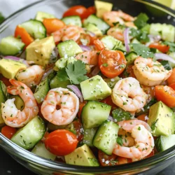- 1 lb shrimp, peeled and deveined - 2 ripe avocados, diced - 1 cup cherry tomatoes, halved - 1 small red onion, finely chopped - 1 cucumber, diced - 2 tablespoons olive oil - 2 tablespoons lime juice - 1 tablespoon honey - 1 teaspoon garlic powder - Salt and pepper to taste - Fresh cilantro or parsley, for garnish Gathering the right ingredients makes this shrimp avocado salad shine. First, use fresh shrimp. Look for shrimp that are firm and smell like the sea. If you can, buy them from a trusted source. Next, choose ripe avocados. They should yield slightly to gentle pressure. This ensures they are creamy and flavorful. Cherry tomatoes add a sweet burst to the dish. Halve them for easy mixing. A small red onion adds a sharp taste. Chop it finely to spread the flavor. The cucumber brings a cool crunch. Dice it small to blend well with the other ingredients. For the dressing, olive oil provides richness. Lime juice adds a bright kick. Honey balances the flavors with a touch of sweetness. Garlic powder gives a warm depth. Adjust salt and pepper to fit your taste. Don't forget the garnish! Fresh cilantro or parsley not only looks nice but also adds freshness. Now that you have all your ingredients, you're ready to create a dish everyone will love. For the full recipe, check out the instructions in the next section. To boil shrimp properly, start by bringing a large pot of water to a rolling boil. Add a pinch of salt for flavor. Place the shrimp into the pot. Cook them for 2 to 3 minutes. You’ll know they are done when they turn pink and opaque. Remove the shrimp and drain. Rinse them under cold water to stop the cooking. This method keeps the shrimp tender and juicy. Next, we’ll prepare the salad base. In a mixing bowl, combine the cooked shrimp with the diced avocados, halved cherry tomatoes, diced cucumber, and chopped red onion. Be gentle when mixing. You want to combine the ingredients without mashing the avocados. This keeps the salad looking fresh and colorful. For the dressing, grab a small bowl. Whisk together the olive oil, lime juice, honey, garlic powder, salt, and pepper. Keep whisking until the mixture is well combined. Taste it to see if you need to adjust the seasoning. A little extra lime juice or salt can make a big difference. Drizzle the dressing over the shrimp and salad mix. Toss gently to coat everything well. Follow these steps, and you will have a delightful shrimp avocado salad. For the full recipe, check out the details above. How to select ripe avocados Choosing the right avocado is key. Look for avocados that yield slightly to gentle pressure. The skin should be dark green or black, depending on the variety. Avoid any that have large indentations or dark spots. If they are hard, leave them at room temperature for a few days. This will help them ripen. Tips for preventing avocado from browning To keep your avocado fresh, use lime juice right after cutting. The acid in lime juice slows browning. You can also store cut avocado with the pit inside. Cover it tightly with plastic wrap or place it in an airtight container. This blocks air and helps keep it green. Serving ideas to enhance visual appeal Serve your salad in a large glass bowl. This shows off the bright colors of the shrimp, tomatoes, and avocado. For a fancy touch, use individual glasses. This makes each serving look special and allows guests to enjoy their own portion. Garnishing for freshness and flavor Top your salad with fresh herbs. Chopped cilantro or parsley adds both color and taste. You can also sprinkle some lime zest for an extra zing. A few lime wedges on the side make a nice addition too. This makes your dish look inviting and fresh, perfect for any occasion. For the Full Recipe, check out the detailed steps that lead you to this delicious Shrimp Avocado Salad. {{image_2}} You can make this shrimp avocado salad even better by adding more veggies. Try mixing in bell peppers for a sweet crunch or shredded carrots for color. You might also add radishes for a bit of spice. Each veggie brings a new taste that enhances the salad. If you want to switch up the protein, consider using crab or chicken. Crab gives a sweet flavor, while chicken adds heartiness. Both options pair well with the creamy avocado, making each bite delightful. The dressing plays a big part in the flavor of this salad. You can use different dressings to elevate the taste. A balsamic vinaigrette adds a tangy kick, while a lemon vinaigrette brightens the dish. Both options offer fresh notes that balance the richness of the avocado. Creamy dressings also work well. You could use a yogurt-based dressing for a lighter touch or a classic ranch for a familiar taste. Just remember to adjust the dressing amount based on your preference. Enjoy exploring these variations for a unique twist on the classic recipe! For the full recipe, check out the details above. To keep your shrimp avocado salad fresh, store it right away. Use an airtight container to seal in flavors. This salad tastes best when eaten fresh, but you can keep leftovers for up to two days in the fridge. Make sure to layer ingredients with plastic wrap to reduce air exposure. This helps the avocados from browning too fast. If you know you will have leftovers, consider storing the dressing separately. Combine it right before serving for the best taste. You should not reheat shrimp and avocado salad. Shrimp can become tough and rubbery when heated. Avocado also loses its creamy texture and flavor when warmed. If you have extra shrimp, you can heat them in a pan. Just warm them gently and serve them alongside the salad. Enjoy the salad cold for a refreshing bite! To get great shrimp for your salad, start with fresh shrimp. If you can, buy shrimp that is already peeled and deveined. This saves time and makes cooking easier. Steps for cooking shrimp: - Boil water in a large pot. - Once boiling, add the shrimp. - Cook for 2-3 minutes. Watch for the shrimp to turn pink. - Drain and rinse under cold water. This stops the cooking and keeps shrimp tender. Overcooking shrimp makes it tough. So, keep an eye on the time. Perfect shrimp adds a nice touch to your shrimp avocado salad. Yes, you can prepare this salad ahead. Make sure to store it well. Tips for pre-preparation: - Cook the shrimp and let it cool. - Mix the dressing and store it separately. - Combine the shrimp, avocado, and other veggies just before serving. This keeps the avocado fresh and bright. If you want to serve the salad later, chill it for about 30 minutes. This keeps it cool and tasty. Pairing your salad with good sides makes it even better. Suggested side dishes: - Crisp tortilla chips add crunch. - A light, tangy coleslaw balances flavors. - Grilled corn on the cob is sweet and savory. Beverage options: - A cold glass of iced tea is refreshing. - Sparkling water with lime offers a nice zing. - Pairing with a light white wine can elevate the meal. These choices enhance the meal and make it more enjoyable. This blog post covers a simple shrimp avocado salad recipe. You learned how to select fresh ingredients and craft a tasty dressing. We explored tips for the best salad presentation and storage. Remember, you can customize your salad with extra veggies or different proteins. In closing, this dish is both healthy and easy to make. Enjoy it for a light meal or a special occasion. Try it out today and impress your loved ones!