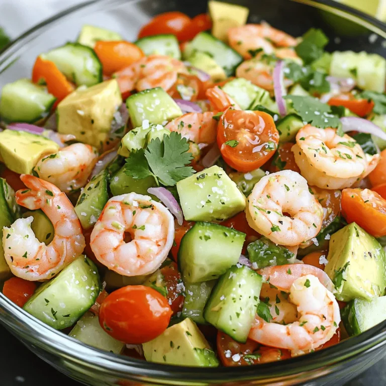 - 1 lb shrimp, peeled and deveined - 2 ripe avocados, diced - 1 cup cherry tomatoes, halved - 1 small red onion, finely chopped - 1 cucumber, diced - 2 tablespoons olive oil - 2 tablespoons lime juice - 1 tablespoon honey - 1 teaspoon garlic powder - Salt and pepper to taste - Fresh cilantro or parsley, for garnish Gathering the right ingredients makes this shrimp avocado salad shine. First, use fresh shrimp. Look for shrimp that are firm and smell like the sea. If you can, buy them from a trusted source. Next, choose ripe avocados. They should yield slightly to gentle pressure. This ensures they are creamy and flavorful. Cherry tomatoes add a sweet burst to the dish. Halve them for easy mixing. A small red onion adds a sharp taste. Chop it finely to spread the flavor. The cucumber brings a cool crunch. Dice it small to blend well with the other ingredients. For the dressing, olive oil provides richness. Lime juice adds a bright kick. Honey balances the flavors with a touch of sweetness. Garlic powder gives a warm depth. Adjust salt and pepper to fit your taste. Don't forget the garnish! Fresh cilantro or parsley not only looks nice but also adds freshness. Now that you have all your ingredients, you're ready to create a dish everyone will love. For the full recipe, check out the instructions in the next section. To boil shrimp properly, start by bringing a large pot of water to a rolling boil. Add a pinch of salt for flavor. Place the shrimp into the pot. Cook them for 2 to 3 minutes. You’ll know they are done when they turn pink and opaque. Remove the shrimp and drain. Rinse them under cold water to stop the cooking. This method keeps the shrimp tender and juicy. Next, we’ll prepare the salad base. In a mixing bowl, combine the cooked shrimp with the diced avocados, halved cherry tomatoes, diced cucumber, and chopped red onion. Be gentle when mixing. You want to combine the ingredients without mashing the avocados. This keeps the salad looking fresh and colorful. For the dressing, grab a small bowl. Whisk together the olive oil, lime juice, honey, garlic powder, salt, and pepper. Keep whisking until the mixture is well combined. Taste it to see if you need to adjust the seasoning. A little extra lime juice or salt can make a big difference. Drizzle the dressing over the shrimp and salad mix. Toss gently to coat everything well. Follow these steps, and you will have a delightful shrimp avocado salad. For the full recipe, check out the details above. How to select ripe avocados Choosing the right avocado is key. Look for avocados that yield slightly to gentle pressure. The skin should be dark green or black, depending on the variety. Avoid any that have large indentations or dark spots. If they are hard, leave them at room temperature for a few days. This will help them ripen. Tips for preventing avocado from browning To keep your avocado fresh, use lime juice right after cutting. The acid in lime juice slows browning. You can also store cut avocado with the pit inside. Cover it tightly with plastic wrap or place it in an airtight container. This blocks air and helps keep it green. Serving ideas to enhance visual appeal Serve your salad in a large glass bowl. This shows off the bright colors of the shrimp, tomatoes, and avocado. For a fancy touch, use individual glasses. This makes each serving look special and allows guests to enjoy their own portion. Garnishing for freshness and flavor Top your salad with fresh herbs. Chopped cilantro or parsley adds both color and taste. You can also sprinkle some lime zest for an extra zing. A few lime wedges on the side make a nice addition too. This makes your dish look inviting and fresh, perfect for any occasion. For the Full Recipe, check out the detailed steps that lead you to this delicious Shrimp Avocado Salad. {{image_2}} You can make this shrimp avocado salad even better by adding more veggies. Try mixing in bell peppers for a sweet crunch or shredded carrots for color. You might also add radishes for a bit of spice. Each veggie brings a new taste that enhances the salad. If you want to switch up the protein, consider using crab or chicken. Crab gives a sweet flavor, while chicken adds heartiness. Both options pair well with the creamy avocado, making each bite delightful. The dressing plays a big part in the flavor of this salad. You can use different dressings to elevate the taste. A balsamic vinaigrette adds a tangy kick, while a lemon vinaigrette brightens the dish. Both options offer fresh notes that balance the richness of the avocado. Creamy dressings also work well. You could use a yogurt-based dressing for a lighter touch or a classic ranch for a familiar taste. Just remember to adjust the dressing amount based on your preference. Enjoy exploring these variations for a unique twist on the classic recipe! For the full recipe, check out the details above. To keep your shrimp avocado salad fresh, store it right away. Use an airtight container to seal in flavors. This salad tastes best when eaten fresh, but you can keep leftovers for up to two days in the fridge. Make sure to layer ingredients with plastic wrap to reduce air exposure. This helps the avocados from browning too fast. If you know you will have leftovers, consider storing the dressing separately. Combine it right before serving for the best taste. You should not reheat shrimp and avocado salad. Shrimp can become tough and rubbery when heated. Avocado also loses its creamy texture and flavor when warmed. If you have extra shrimp, you can heat them in a pan. Just warm them gently and serve them alongside the salad. Enjoy the salad cold for a refreshing bite! To get great shrimp for your salad, start with fresh shrimp. If you can, buy shrimp that is already peeled and deveined. This saves time and makes cooking easier. Steps for cooking shrimp: - Boil water in a large pot. - Once boiling, add the shrimp. - Cook for 2-3 minutes. Watch for the shrimp to turn pink. - Drain and rinse under cold water. This stops the cooking and keeps shrimp tender. Overcooking shrimp makes it tough. So, keep an eye on the time. Perfect shrimp adds a nice touch to your shrimp avocado salad. Yes, you can prepare this salad ahead. Make sure to store it well. Tips for pre-preparation: - Cook the shrimp and let it cool. - Mix the dressing and store it separately. - Combine the shrimp, avocado, and other veggies just before serving. This keeps the avocado fresh and bright. If you want to serve the salad later, chill it for about 30 minutes. This keeps it cool and tasty. Pairing your salad with good sides makes it even better. Suggested side dishes: - Crisp tortilla chips add crunch. - A light, tangy coleslaw balances flavors. - Grilled corn on the cob is sweet and savory. Beverage options: - A cold glass of iced tea is refreshing. - Sparkling water with lime offers a nice zing. - Pairing with a light white wine can elevate the meal. These choices enhance the meal and make it more enjoyable. This blog post covers a simple shrimp avocado salad recipe. You learned how to select fresh ingredients and craft a tasty dressing. We explored tips for the best salad presentation and storage. Remember, you can customize your salad with extra veggies or different proteins. In closing, this dish is both healthy and easy to make. Enjoy it for a light meal or a special occasion. Try it out today and impress your loved ones!