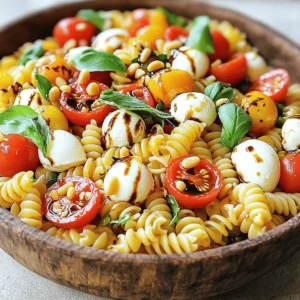 For a tasty Caprese Pasta Salad, you need the following ingredients: - 8 oz of rotini or fusilli pasta - 1 pint cherry tomatoes, halved - 1 cup fresh mozzarella balls (bocconcini), halved - 1 cup fresh basil leaves, roughly chopped - 3 tablespoons extra virgin olive oil - 2 tablespoons balsamic glaze - 1 clove garlic, minced - Salt and pepper to taste - Optional: 1/4 cup pine nuts, toasted These ingredients combine to create a bright and fresh dish. If you don’t have something on hand, there are easy swaps. - Pasta: You can use penne or farfalle instead of rotini or fusilli. - Mozzarella: Try using feta cheese for a different flavor. - Basil: Fresh parsley or arugula can work if you run out of basil. - Olive oil: Any good quality oil can replace olive oil. - Balsamic glaze: You can mix balsamic vinegar with a bit of honey as a substitute. Feel free to get creative with these options. Choosing fresh ingredients is key to a great salad. Here are my tips: - Tomatoes: Look for bright red, firm tomatoes. They should smell sweet and fresh. - Basil: Select basil with vibrant green leaves. Avoid any that look brown or wilted. - Mozzarella: Choose mozzarella that is soft and moist. If possible, buy it from a deli. - Garlic: Look for firm bulbs without any soft spots. Fresh garlic gives the best flavor. Using the best ingredients will make your Caprese Pasta Salad shine! To make Caprese Pasta Salad, start by boiling water. Use a large pot and add salt. When the water boils, add 8 oz of rotini or fusilli pasta. Cook it until it is al dente, which usually takes about 8 to 10 minutes. Drain the pasta and rinse it under cold water. This stops the cooking and keeps the pasta firm. Next, grab a large bowl. Combine the cooled pasta, 1 pint of halved cherry tomatoes, and 1 cup of fresh mozzarella balls. Add 1 cup of roughly chopped basil leaves for a burst of flavor. In a smaller bowl, whisk together 3 tablespoons of extra virgin olive oil, 2 tablespoons of balsamic glaze, and 1 clove of minced garlic. Season with salt and pepper to taste. Drizzle this dressing over the pasta mixture. Toss everything gently to coat the ingredients well. If you like a bit of crunch, sprinkle on 1/4 cup of toasted pine nuts. Let the salad sit for at least 15 minutes. This resting time allows the flavors to blend perfectly. To help you along, consider watching a quick video. A visual guide can show you how to cook the pasta and mix the salad. Look for videos that highlight each step. They can make the process feel easier and more fun. Seeing someone else do it can inspire your own cooking. One common mistake is overcooking the pasta. Make sure to check it often. Overcooked pasta turns mushy and ruins the salad's texture. Also, don't skip rinsing the pasta. This keeps it from sticking together. Lastly, let the salad sit before serving. This step is key for flavor. Skipping it can lead to a bland dish. Remember these tips, and you'll create a fresh and flavorful salad. For the complete recipe, check the [Full Recipe]. To make a great dressing, start with quality olive oil. Use extra virgin olive oil for the best flavor. Mix it with balsamic glaze for a sweet touch. Add minced garlic for a nice kick. Whisk these together until blended. Taste it and adjust salt and pepper as needed. This step ensures your salad shines. Caprese pasta salad works well as a side dish. It pairs nicely with grilled chicken or fish. Serve it at picnics or barbecues for a fresh option. You can also add toasted pine nuts for crunch. Garnish with extra basil leaves for color and style. This makes your dish look even more inviting. Store any leftovers in an airtight container. Keep it in the fridge for up to three days. If the salad seems dry, add a little dressing before serving. Avoid freezing the salad, as it can change the texture. Enjoy your Caprese pasta salad again without worry! {{image_2}} This Caprese Pasta Salad is easy to make vegetarian or vegan. To keep it vegetarian, use fresh mozzarella. For vegan options, swap mozzarella with avocado or a nut-based cheese. Both choices give a creamy texture. You can also add more veggies, like bell peppers or zucchini. They add crunch and color. If you need a gluten-free salad, use gluten-free pasta. Many brands offer great options now. Look for pasta made from rice, quinoa, or chickpeas. These gluten-free choices taste good and hold up well. They will mix nicely with the other ingredients. Enjoy the same great flavors without the gluten! Feel free to get creative with your Caprese Pasta Salad. Add extra ingredients for new flavors. Here are some ideas: - Protein: Toss in grilled chicken or shrimp for added protein. - Nuts: Sprinkle in walnuts or almonds for crunch. - Seasoning: Try adding crushed red pepper for a kick. - Fruits: Fresh fruit, like strawberries or peaches, can add sweetness. These additions can make your salad unique. Experiment and find your favorite combination. Check out the Full Recipe for more details! To keep your Caprese pasta salad fresh, use an airtight container. Place the salad in the container after it cools. This helps lock in flavors and prevent drying. If you have extra dressing, store it separately. This keeps the pasta from getting soggy. When stored correctly, your Caprese pasta salad lasts about three days in the fridge. Check for any signs of spoilage, like a bad smell or off-color ingredients. If you see any, it’s best to toss the salad. To enjoy the best taste, eat it within the first two days. Freezing Caprese pasta salad is not the best choice. The tomatoes and mozzarella can lose their texture. If you must freeze it, leave out the tomatoes and cheese. Store the pasta with the dressing in a freezer-safe bag. Use it within one month for the best flavor. When ready to eat, thaw it in the fridge overnight and add fresh tomatoes and mozzarella before serving. You can find the full recipe for Caprese Pasta Salad here. The best pasta for Caprese Pasta Salad is rotini or fusilli. These shapes hold the dressing and mix well with the other ingredients. Their curves and twists capture the flavors, making each bite delicious. You can use other shapes too, like penne or farfalle. Just make sure to cook it al dente for the best texture. Yes, you can make Caprese Pasta Salad ahead of time. It tastes great when chilled, allowing the flavors to blend. I suggest preparing it a few hours before serving. Just keep it in the fridge. If you make it too early, the tomatoes may get soggy. Add the dressing closer to serving time to keep it fresh. Caprese Pasta Salad pairs well with many dishes. Here are some ideas: - Grilled chicken or shrimp for added protein. - Garlic bread to complement the flavors. - A light white wine, like Pinot Grigio, enhances the meal. - Fresh fruits like watermelon or berries add a sweet touch. These pairings make your meal more exciting and balanced. For the full recipe, check out the Caprese Pasta Salad section above! We explored the key ingredients for Caprese Pasta Salad, focusing on fresh produce and substitutions. We walked through step-by-step cooking methods and highlighted common mistakes. I shared tips to perfect your dressing and how to store leftovers. We also discussed various dietary options and storage guidelines. In conclusion, with these insights, you can create a tasty salad. Enjoy experimenting and making it your own.