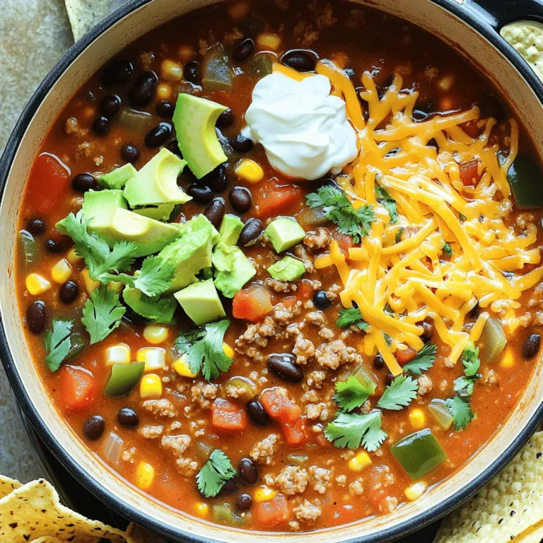 To make a warm and tasty One-Pot Taco Soup, gather these key items: - 1 lb ground turkey or beef - 1 onion, diced - 2 cloves garlic, minced - 1 bell pepper, diced (any color) - 1 can (15 oz) black beans, rinsed and drained - 1 can (15 oz) corn, drained - 1 can (28 oz) diced tomatoes with green chilies - 1 packet taco seasoning (or homemade) - 2 cups chicken or vegetable broth - 1 cup water - Salt and pepper to taste These ingredients blend to create a hearty dish. The ground turkey or beef gives it protein. The onion and bell pepper add flavor and crunch. The canned goods bring convenience and taste. Taco seasoning gives that needed kick, while broth adds depth. You can make your soup even better with these toppings: - Shredded cheese - Sour cream and avocado - Fresh herbs and tortilla chips These toppings add creaminess and freshness. They also give a lovely crunch when you top your soup. Feel free to mix and match your favorites. Enjoy the layers of flavor as you dig in! For the full recipe, you can refer to the provided link. First, you need to brown the ground meat. Use a large pot or Dutch oven over medium heat. Add 1 pound of ground turkey or beef. Cook it for about 5-7 minutes. Break it apart with a spoon as it cooks. This helps it brown evenly. If there’s too much fat, drain it off. Next, it’s time to sauté the onion and bell pepper. Add 1 diced onion and 1 diced bell pepper to the pot. Cook these for about 3-4 minutes until they soften. Stir in 2 minced garlic cloves and cook for an extra minute. You want to smell that garlic! Now, let’s add some flavor. Sprinkle in 1 packet of taco seasoning. Mix it well so it coats the meat and veggies. This gives your soup that classic taco taste. After mixing the seasoning, it’s time for the canned ingredients and broth. Pour in 1 can of diced tomatoes with green chilies (28 oz), 1 can of black beans (15 oz), and 1 can of corn (15 oz). Then, add 2 cups of chicken or vegetable broth and 1 cup of water. Stir everything together until well combined. Bring the mixture to a boil. Watch for bubbles to form. Once it boils, reduce the heat to low. Let it simmer for about 20 minutes. This allows the flavors to blend. Stir occasionally to prevent sticking. After 20 minutes, taste your soup. Adjust the seasoning with salt and pepper if needed. Serve hot and enjoy your comforting one-pot taco soup! For the full recipe, check out the details above. To make your One-Pot Taco Soup truly shine, adjusting the seasoning is key. I suggest tasting the soup before serving. If it needs more flavor, add salt or pepper. You can also try a splash of lime juice for a fresh twist. When serving, think about toppings. Shredded cheese melts beautifully on hot soup. Sour cream adds creaminess, while diced avocado brings richness. Fresh cilantro gives a pop of color and flavor. You can even add crunchy tortilla chips for texture. These little touches make a big difference! One-pot meals like this soup mean less cleanup. After cooking, you only need to wash one pot. This makes it fast and easy. Plus, you can enjoy more time with family or friends. This soup is also great for meal prep. You can make a big batch and store it for later. Just keep it in the fridge for up to three days. You can also freeze it for up to three months. When you’re ready to eat, just reheat it on the stove or in the microwave. It’s a quick and hearty meal any day! {{image_2}} You can easily adapt One-Pot Taco Soup for different diets. If you want a vegetarian option, use beans and veggies instead of meat. Black beans, kidney beans, and corn work well. You can add zucchini or carrots for extra nutrition. This makes a filling and tasty soup for everyone. For those who need gluten-free meals, swap the taco seasoning with a gluten-free blend. Many brands offer this option. Make sure to check labels on canned goods, too. Most canned beans and tomatoes are gluten-free. You can change up the flavor to match your taste. If you like heat, add jalapeños or hot sauce. Start with a little and taste as you go. You can always add more spice, but you can't take it out! Feel free to switch proteins as well. Ground chicken or plant-based meat are great choices. You can even use shredded rotisserie chicken for a quick meal. Don't forget about vegetables! Throw in spinach, kale, or even sweet potatoes for a hearty twist. For the full recipe, check it out above and have fun experimenting! To keep your One-Pot Taco Soup fresh, store it in an airtight container. Refrigerate it within two hours of cooking. This helps prevent bacteria growth. Your soup will last about three to four days in the fridge. If you want to save it for later, freeze your soup. Use freezer-safe containers or bags. Make sure to leave some space at the top. Soup expands when frozen. Label your containers with the date. Your soup can stay fresh in the freezer for up to three months. When it's time to enjoy your soup again, you can reheat it on the stovetop or in the microwave. For the stovetop, pour the soup into a pot. Heat it on medium until it’s hot. Stir often to avoid sticking. If you choose the microwave, put the soup in a microwave-safe bowl. Heat it in short bursts, about one minute at a time. Stir in between to keep the heat even. Avoid reheating too many times. This can change the soup's texture. You want to keep it as tasty as possible. Enjoy your warm, comforting bowl of One-Pot Taco Soup! For the complete recipe, check out the Full Recipe above. One-Pot Taco Soup can last in the fridge for about 3 to 4 days. Make sure to store it in an airtight container. This keeps it fresh and safe to eat. If you want it to last longer, consider freezing it. When frozen, it can last up to 3 months. Just thaw it in the fridge before reheating. Yes, you can use fresh vegetables instead of canned ones. For example, you can chop fresh tomatoes, bell peppers, and even zucchini. Aim for about 2 cups of diced fresh tomatoes for the same flavor. Remember to adjust the cooking time. Fresh veggies may take a bit longer to soften. Just keep an eye on them as you cook. Leftover One-Pot Taco Soup is very versatile. You can make taco bowls by adding rice or quinoa. You could also use it as a filling for tacos or burritos. Another idea is to turn it into a dip by adding cheese on top and baking it. Don't forget to garnish with fresh herbs or avocado for extra flavor. One-Pot Taco Soup is easy to make and packed with flavor. We covered the key ingredients, cooking steps, and helpful tips. You can adjust this recipe to suit your taste. Remember, it's perfect for meal prep and very simple to store. With just one pot, clean-up is a breeze. Now, enjoy your delicious soup and share it with family or friends!