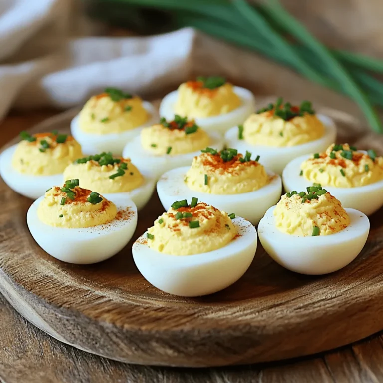 - 6 large eggs - 1/4 cup mayonnaise - 1 teaspoon Dijon mustard - 1 teaspoon apple cider vinegar - 1/4 teaspoon garlic powder - Salt and pepper to taste - Smoked paprika for garnish - Fresh chives, finely chopped for garnish To make classic deviled eggs, you'll need a few simple ingredients. Each one plays a big role in taste and texture. - If you want to skip mayonnaise, try Greek yogurt for a lighter twist. - For a vegan option, use mashed avocado or a vegan mayo. - Want to switch up the spices? Try adding hot sauce or curry powder for a kick. - Use a pot for boiling eggs. - Grab a mixing bowl for the filling. - A spoon or piping bag helps fill the egg whites neatly. - Keep a bowl of ice water ready to cool the eggs fast. These ingredients and tools make the process easy and fun. With the right items, you can whip up tasty deviled eggs that everyone will love. Don't forget to check out the Full Recipe for detailed steps! To start, you need to know the right water-to-egg ratio. Place your eggs in a pot and cover them with cold water. Make sure the water is about an inch above the eggs. This ensures even cooking. Now, let’s talk boiling time. Bring the water to a boil over medium-high heat. Once it starts boiling, cover the pot and remove it from the heat. Let the eggs sit for 12 minutes. This method gives you firm whites and creamy yolks. Next, you will prepare the filling. After boiling, place the eggs in ice water for about 5-10 minutes. This stops the cooking and makes peeling easier. Peel the eggs under running water for best results. Slice each egg in half lengthwise. Gently scoop out the yolks into a mixing bowl. Now, mash the yolks well with a fork. Add 1/4 cup mayonnaise, 1 teaspoon Dijon mustard, 1 teaspoon apple cider vinegar, and 1/4 teaspoon garlic powder. Season with salt and pepper to taste. Mix until smooth and creamy. Now for the fun part! Spoon the yolk mixture back into each egg white. For a fancy look, use a piping bag with a star tip. This makes the eggs look beautiful and professional. Finally, sprinkle the tops with smoked paprika and garnish with fresh chives. This adds a nice pop of color and flavor. Your deviled eggs are ready to impress! For the full recipe, check out the [Full Recipe]. To make the best hard-boiled eggs, avoid these common mistakes. First, don't add eggs to boiling water. Start with cold water to cook them evenly. Bring the pot to a boil, then cover it and turn off the heat. Let the eggs sit for 12 minutes. If they are overcooked, you’ll get a green ring around the yolk. Cooling is key for easy peeling. After the eggs sit, put them in ice water. This stops the cooking and helps the shells come off. Leave them in the ice water for 5-10 minutes. You can make deviled eggs unique with herbs and spices. Try adding dill, chives, or even a pinch of cayenne for heat. The right herbs can change the flavor a lot. Adjusting creaminess is also easy. If you like it creamier, add more mayonnaise. For a lighter mix, use Greek yogurt instead. Tweak it until it suits your taste! To save time, store the filling separately from the egg whites. You can make the filling a day ahead. Just keep it in the fridge. When you’re ready to serve, fill the egg whites. As for timing, assemble your deviled eggs right before serving. This keeps them fresh and tasty. Enjoy your party! {{image_2}} You can spice up classic deviled eggs with unique ingredients. Try adding avocado for a creamy twist. Sriracha brings a hot kick, while bacon bits add crunch. You can also use herbs like dill or cilantro to brighten the taste. International flavors make great additions too. For instance, curry powder gives a bold flavor. Japanese miso adds a savory depth. You can explore many options to keep your deviled eggs exciting. If you're on a keto diet, swap mayonnaise for avocado or Greek yogurt. This keeps the dish low in carbs but rich in flavor. For a low-calorie option, use cottage cheese instead of mayo. It adds creaminess without the extra calories. You can also use egg whites only for a lighter version. These options work well and let everyone enjoy deviled eggs. Make your deviled eggs stand out with fun serving ideas. Use colorful plates or egg trays for an inviting look. You can also garnish with fresh herbs or edible flowers for a pop of color. For themed parties, try toppings that match the theme. For a fall gathering, add pumpkin seeds. For summer, use fresh tomatoes or olives. Simple touches can make your deviled eggs a showstopper at any event. To keep deviled eggs fresh, refrigerate them right away. Place them in a covered container. This helps prevent them from drying out. Use a shallow dish or a plastic container with a lid. Make sure to keep them tightly sealed. How long can they be kept? Deviled eggs are best eaten within three days. After that, their taste and texture may change. Signs of spoilage include an off smell or discoloration. If you see these signs, it's best to throw them away. Can you freeze them? I don’t recommend freezing deviled eggs. The texture of the egg whites can change and become rubbery. If you must freeze, separate the filling from the egg whites. To thaw, place the filling in the fridge overnight. Then, assemble the eggs just before serving. For the best taste, enjoy your deviled eggs fresh! To boil eggs for deviled eggs, cook them for 12 minutes. Here’s a quick guide: - Place eggs in a pot. - Cover with cold water, about an inch above the eggs. - Bring to a boil over medium-high heat. - Once boiling, cover the pot and remove it from heat. - Let the eggs sit in the hot water for 12 minutes. This method helps make sure the yolks are firm and the whites are tender. Yes, you can make deviled eggs the night before. Here are some tips: - Prepare the filling and store it in the fridge. - Keep the egg whites separate until serving. - Fill the whites just before you serve. This way, they stay fresh and look nice. Peeling hard boiled eggs can be tricky. Here’s an easy way: - After boiling, place the eggs in ice water. - Let them cool for about 5-10 minutes. - Peel the eggs under running water. The water helps loosen the shell, making it easier to peel. You’ll have smooth, clean egg whites ready for your deviled eggs. Deviled eggs are simple but tasty. We covered the key ingredients, tools, and steps. You can customize your dish with different spices and presentations. Remember to store them correctly for freshness. With these tips, making deviled eggs is easy and fun. Explore the variations to find your favorite style. Enjoy your kitchen adventure with this classic treat!