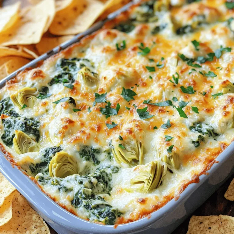 - 1 cup frozen spinach, thawed and drained - 1 cup canned artichoke hearts, drained and chopped - 1 cup cream cheese, softened - 1 cup sour cream - 1 cup shredded mozzarella cheese - 1/2 cup grated Parmesan cheese - 2 cloves garlic, minced - 1 teaspoon lemon juice - 1/2 teaspoon red pepper flakes (optional) - Salt and pepper to taste - Tortilla chips or toasted baguette slices for serving Gathering these ingredients is the first step to making a tasty cheesy spinach artichoke dip. I love using frozen spinach because it is easy to store and always ready to use. Canned artichokes give a great flavor and texture without the need for cooking. Cream cheese and sour cream make the dip smooth and rich. Mozzarella and Parmesan add that cheesy goodness that everyone loves. Garlic adds a punch of flavor, while lemon juice brings brightness. If you like a little heat, toss in red pepper flakes. Don't forget the salt and pepper for seasoning. For serving, I like to use tortilla chips or toasted baguette slices. They complement the dip perfectly. You can find the full recipe for this delicious dip in the recipe section. - Preheat the oven to 350°F (175°C). - In a bowl, combine cream cheese and sour cream until smooth. - Add artichoke hearts, spinach, garlic, lemon juice, and red pepper flakes. - Incorporate mozzarella and Parmesan cheese into the mix. - Spread the mixture in a baking dish evenly. - Bake for 20-25 minutes until it is bubbly and golden on top. This recipe is quick and easy, perfect for any gathering. The warm, cheesy dip pairs well with tortilla chips or toasted baguette slices. Enjoy this tasty treat with friends! For the complete recipe, check the Full Recipe above. To make the best dip, start with room temperature cream cheese. This helps it mix well. If you use cold cream cheese, it can be hard to blend. Next, adjust the seasonings to fit your taste. You might like it spicy or mild. So, taste as you mix! Serve the dip warm for the best flavor. It pairs great with tortilla chips or sliced baguette. For a fresh look, add a sprinkle of chopped parsley on top. You can also use other garnishes like red pepper flakes for a pop of color. Avoid overmixing your ingredients. If you mix too much, the dip can become tough. Also, make sure to drain the spinach and artichokes well. Extra water can make your dip watery. Follow these tips for the best Cheesy Spinach Artichoke Dip. For the full recipe, check out the [Full Recipe]. {{image_2}} You can make your cheesy spinach artichoke dip lighter. First, try Greek yogurt instead of sour cream. Greek yogurt adds creaminess and a nice tang. Next, use low-fat cream cheese and cheese. This change cuts calories without losing flavor. Want to boost the flavor? Add cooked bacon or crab meat. Both add richness and a savory touch. You could also try different cheeses. Cheddar brings a sharp bite, while feta adds a unique tang. Mixing cheeses can elevate the dish. Seasonal ingredients can give your dip a fresh twist. Sun-dried tomatoes add a burst of flavor and color. Roasted peppers can also enhance the taste. Additionally, fresh herbs like basil or parsley can brighten the dish. Use what is available to keep it exciting and tasty. To keep your cheesy spinach artichoke dip fresh, start by refrigerating it. Place the dip in a container with a tight lid. This will help it stay tasty for up to three days. Make sure to cool the dip before you put it in the fridge. Using glass or plastic containers is best for storage. When you're ready to enjoy the dip again, you must reheat it properly. You can use a microwave or an oven. If you choose the microwave, heat it in 30-second bursts. Stir in between to ensure even warming. If using an oven, preheat it to 350°F (175°C). Bake the dip for about 10-15 minutes until it's hot and bubbly. To restore its creamy texture, you can add a splash of sour cream or cream cheese when reheating. You can freeze the dip if you want to save some for later. First, let it cool completely. Then, place it in a freezer-safe container. Make sure to leave a little space at the top, as the dip will expand when frozen. When you’re ready to eat it, thaw it overnight in the fridge. Then, reheat it using the steps above. This way, the flavor and texture remain great! Yes, you can make this dip ahead of time. Just prepare it, then store it in the fridge. Use an airtight container for best results. You can make it a day before your party. When you are ready to serve, just bake it until hot and bubbly. This saves you time on the day of your event. If you can't find artichoke hearts, try using chopped broccoli or cooked mushrooms. Both will change the taste a bit. Broccoli adds a nice crunch, while mushrooms bring a different earthy flavor. You can also use canned palm hearts for a similar texture. Each option gives a unique twist to your dip. To spice things up, add more red pepper flakes or some diced jalapeños. You can also mix in hot sauce for an extra kick. If you enjoy heat, try using pepper jack cheese instead of mozzarella. Just remember to taste as you go to find your perfect level of spice. Yes, you can make a vegan version of this dip. Use vegan cream cheese and sour cream instead. For cheese, try using vegan mozzarella or nutritional yeast to get a cheesy flavor. Replace artichokes with extra veggies like zucchini or bell peppers. This way, you keep it tasty and plant-based. For the full recipe, check the recipe section. This blog post covered how to make a cheesy spinach artichoke dip. You learned about the key ingredients and step-by-step instructions. I also shared tips, variations, and storage info for your leftovers. Remember, successful dips need right mixing and proper seasoning. Enjoy serving this dip warm for the best taste. Feel free to experiment with flavors and ingredients. With these simple methods, you’ll impress everyone at your next gathering. Keep this recipe handy for delicious dips anytime!