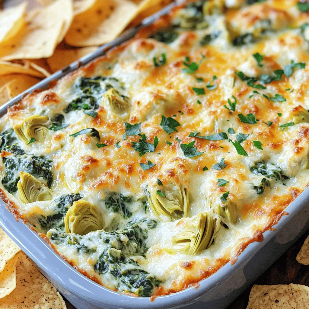 - 1 cup frozen spinach, thawed and drained - 1 cup canned artichoke hearts, drained and chopped - 1 cup cream cheese, softened - 1 cup sour cream - 1 cup shredded mozzarella cheese - 1/2 cup grated Parmesan cheese - 2 cloves garlic, minced - 1 teaspoon lemon juice - 1/2 teaspoon red pepper flakes (optional) - Salt and pepper to taste - Tortilla chips or toasted baguette slices for serving Gathering these ingredients is the first step to making a tasty cheesy spinach artichoke dip. I love using frozen spinach because it is easy to store and always ready to use. Canned artichokes give a great flavor and texture without the need for cooking. Cream cheese and sour cream make the dip smooth and rich. Mozzarella and Parmesan add that cheesy goodness that everyone loves. Garlic adds a punch of flavor, while lemon juice brings brightness. If you like a little heat, toss in red pepper flakes. Don't forget the salt and pepper for seasoning. For serving, I like to use tortilla chips or toasted baguette slices. They complement the dip perfectly. You can find the full recipe for this delicious dip in the recipe section. - Preheat the oven to 350°F (175°C). - In a bowl, combine cream cheese and sour cream until smooth. - Add artichoke hearts, spinach, garlic, lemon juice, and red pepper flakes. - Incorporate mozzarella and Parmesan cheese into the mix. - Spread the mixture in a baking dish evenly. - Bake for 20-25 minutes until it is bubbly and golden on top. This recipe is quick and easy, perfect for any gathering. The warm, cheesy dip pairs well with tortilla chips or toasted baguette slices. Enjoy this tasty treat with friends! For the complete recipe, check the Full Recipe above. To make the best dip, start with room temperature cream cheese. This helps it mix well. If you use cold cream cheese, it can be hard to blend. Next, adjust the seasonings to fit your taste. You might like it spicy or mild. So, taste as you mix! Serve the dip warm for the best flavor. It pairs great with tortilla chips or sliced baguette. For a fresh look, add a sprinkle of chopped parsley on top. You can also use other garnishes like red pepper flakes for a pop of color. Avoid overmixing your ingredients. If you mix too much, the dip can become tough. Also, make sure to drain the spinach and artichokes well. Extra water can make your dip watery. Follow these tips for the best Cheesy Spinach Artichoke Dip. For the full recipe, check out the [Full Recipe]. {{image_2}} You can make your cheesy spinach artichoke dip lighter. First, try Greek yogurt instead of sour cream. Greek yogurt adds creaminess and a nice tang. Next, use low-fat cream cheese and cheese. This change cuts calories without losing flavor. Want to boost the flavor? Add cooked bacon or crab meat. Both add richness and a savory touch. You could also try different cheeses. Cheddar brings a sharp bite, while feta adds a unique tang. Mixing cheeses can elevate the dish. Seasonal ingredients can give your dip a fresh twist. Sun-dried tomatoes add a burst of flavor and color. Roasted peppers can also enhance the taste. Additionally, fresh herbs like basil or parsley can brighten the dish. Use what is available to keep it exciting and tasty. To keep your cheesy spinach artichoke dip fresh, start by refrigerating it. Place the dip in a container with a tight lid. This will help it stay tasty for up to three days. Make sure to cool the dip before you put it in the fridge. Using glass or plastic containers is best for storage. When you're ready to enjoy the dip again, you must reheat it properly. You can use a microwave or an oven. If you choose the microwave, heat it in 30-second bursts. Stir in between to ensure even warming. If using an oven, preheat it to 350°F (175°C). Bake the dip for about 10-15 minutes until it's hot and bubbly. To restore its creamy texture, you can add a splash of sour cream or cream cheese when reheating. You can freeze the dip if you want to save some for later. First, let it cool completely. Then, place it in a freezer-safe container. Make sure to leave a little space at the top, as the dip will expand when frozen. When you’re ready to eat it, thaw it overnight in the fridge. Then, reheat it using the steps above. This way, the flavor and texture remain great! Yes, you can make this dip ahead of time. Just prepare it, then store it in the fridge. Use an airtight container for best results. You can make it a day before your party. When you are ready to serve, just bake it until hot and bubbly. This saves you time on the day of your event. If you can't find artichoke hearts, try using chopped broccoli or cooked mushrooms. Both will change the taste a bit. Broccoli adds a nice crunch, while mushrooms bring a different earthy flavor. You can also use canned palm hearts for a similar texture. Each option gives a unique twist to your dip. To spice things up, add more red pepper flakes or some diced jalapeños. You can also mix in hot sauce for an extra kick. If you enjoy heat, try using pepper jack cheese instead of mozzarella. Just remember to taste as you go to find your perfect level of spice. Yes, you can make a vegan version of this dip. Use vegan cream cheese and sour cream instead. For cheese, try using vegan mozzarella or nutritional yeast to get a cheesy flavor. Replace artichokes with extra veggies like zucchini or bell peppers. This way, you keep it tasty and plant-based. For the full recipe, check the recipe section. This blog post covered how to make a cheesy spinach artichoke dip. You learned about the key ingredients and step-by-step instructions. I also shared tips, variations, and storage info for your leftovers. Remember, successful dips need right mixing and proper seasoning. Enjoy serving this dip warm for the best taste. Feel free to experiment with flavors and ingredients. With these simple methods, you’ll impress everyone at your next gathering. Keep this recipe handy for delicious dips anytime!