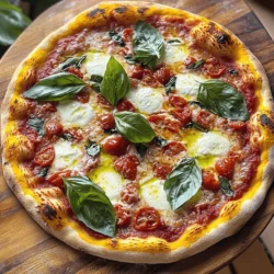 To make a classic Margherita pizza, gather these simple ingredients: - 2 cups all-purpose flour - 1 teaspoon active dry yeast - 1 teaspoon sugar - ¾ cup warm water - 1 teaspoon salt - 1 tablespoon olive oil - 1 cup canned San Marzano tomatoes, crushed - 1 cup fresh mozzarella cheese, sliced - Fresh basil leaves - Salt and pepper to taste - Extra virgin olive oil for drizzling You can adjust some ingredients if you have dietary needs. For gluten-free crust, use a gluten-free flour mix. If you are dairy-free, try vegan cheese. You can also use fresh tomatoes instead of canned if you prefer. This list gives you everything you need to create a delicious Margherita pizza. The flavors of fresh basil, creamy mozzarella, and sweet tomatoes shine through. Each component plays a key role in making this pizza special. For the full recipe, check the detailed instructions above! 1. Combining yeast with warm water: Start by mixing ¾ cup of warm water with 1 teaspoon of sugar and 1 teaspoon of active dry yeast. Let this sit for 5 to 10 minutes. You want it to get frothy. This means the yeast is alive and ready to work. 2. Mixing dry ingredients and forming dough: In a large bowl, mix 2 cups of all-purpose flour and 1 teaspoon of salt. Make a well in the center. Pour in your yeast mixture and 1 tablespoon of olive oil. Stir it all together until a dough forms. 3. Kneading technique for perfect consistency: Turn the dough onto a floured surface. Knead it for about 5 to 7 minutes. You want the dough to feel smooth and elastic. If it sticks, sprinkle a little more flour. 1. Ideal environment for dough to rise: Place your kneaded dough in a lightly oiled bowl. Cover it with a damp cloth. Find a warm spot in your kitchen. This will help your dough rise nicely. 2. Time required for the dough to double: Let it sit for about 1 hour. The dough should double in size. This means it is ready for the next step. 1. Rolling out the dough: After the dough has risen, punch it down gently. Turn it out onto a floured surface. Roll it out into a 12-inch round shape or shape it by hand. 2. Adding tomato sauce and cheese: Place the rolled-out dough on a baking sheet or a hot pizza stone. Spread 1 cup of crushed San Marzano tomatoes evenly on top. Sprinkle with salt and pepper to taste. Then, add 1 cup of sliced fresh mozzarella cheese on top. 3. Baking time and recommended temperatures: Preheat your oven to 475°F (245°C). Bake the pizza for 10 to 12 minutes. Look for a golden crust and bubbly cheese. This means it’s done! Follow these steps, and you'll create a classic Margherita pizza that is both savory and simple. For a complete guide, check out the Full Recipe. To get a crispy crust, you need good heat. Preheat your oven to 475°F (245°C) for at least 30 minutes. If you have a pizza stone, place it in the oven while it heats. This stone gives the pizza a great base and helps it cook evenly. When you roll out the dough, keep it about 12 inches wide. Thin crusts bake better. For the best flavor, choose high-quality tomatoes. San Marzano tomatoes are ideal. They have a sweet taste and make a great sauce. Use fresh mozzarella cheese for that perfect melt. Lastly, fresh basil adds a fragrant touch. It enhances the pizza’s taste and gives it a classic look. Many people overwork the dough, which makes it tough. Knead just until smooth, then let it rise. Another mistake is not seasoning enough. A pinch of salt on the sauce and cheese is key. It brings out the flavors of the fresh ingredients. For more tips, check the Full Recipe for details on making the perfect Margherita pizza! {{image_2}} You can make your Margherita pizza even better. Try adding different cheeses. Burrata is a creamy choice that melts beautifully. It adds a rich flavor that takes the pizza to the next level. You can also add toppings like prosciutto or arugula. Prosciutto brings a salty bite, while arugula adds a fresh peppery taste. Both give a unique twist to the classic flavor. If you need a gluten-free pizza, there are good options. You can use alternative flours like almond flour or rice flour. These flours work well in the dough. They give a nice texture without gluten. You can also find gluten-free store-bought pizza crusts. They save time and still taste great. Just check the labels to ensure they fit your needs. For a vegan version of Margherita pizza, swap out the cheese. There are many dairy-free cheese alternatives today. Brands offer mozzarella-style vegan cheese that melts nicely. You can also add extra plant-based toppings. Consider roasted vegetables, olives, or even a sprinkle of nutritional yeast. These add flavor and richness, making your pizza just as satisfying and delicious. To keep your Margherita pizza fresh, follow these steps: - Refrigeration: Wrap the leftover pizza tightly in plastic wrap or foil. Place it in an airtight container. Store it in the fridge for up to 3 days. - Freezing: For longer storage, freeze the pizza. Wrap each slice in plastic wrap, then place them in a freezer bag. This way, you can enjoy it later! To reheat your pizza for the best taste, use an oven. Preheat it to 375°F (190°C). Place the pizza on a baking sheet and heat for about 10-15 minutes. This method keeps the crust crispy and cheese gooey. Different ingredients have different storage times. Here’s a quick guide: - Dough: Fresh pizza dough can last in the fridge for up to 3 days. If frozen, it can last up to 3 months. - Tomato Sauce: Homemade sauce stays good for about 5 days in the fridge. In the freezer, it lasts up to 6 months. - Cheese: Fresh mozzarella lasts about a week in the fridge. If frozen, it can stay good for up to 3 months. Watch for the signs of spoilage. If the pizza looks dry or has an off smell, it’s best to throw it away. Enjoy your delicious Margherita pizza while it's fresh! For the full recipe, check out the link. Margherita pizza comes from Naples, Italy. It dates back to the late 1800s. This pizza is named after Queen Margherita of Savoy. During a visit to Naples, she tried three pizzas. The one with tomatoes, mozzarella, and basil won her heart. The colors of the toppings represent the Italian flag: red, white, and green. Today, Margherita pizza is a classic dish around the world. It shows the beauty of simple ingredients. Mozzarella cheese is the star of Margherita pizza. Its creamy texture melts perfectly. However, you can try other cheeses. Burrata has a rich and creamy center. It adds a lovely twist to the classic pizza. Provolone offers a sharper taste. It pairs well with tomatoes and basil too. Keep in mind that the flavor will change with different cheeses. For a fun experiment, mix mozzarella with other cheeses to find your favorite. Making pizza sauce is easy and fun. Here’s a simple recipe: - 1 cup canned San Marzano tomatoes, crushed - 1 teaspoon olive oil - 1 clove garlic, minced - Salt and pepper to taste 1. Heat olive oil in a pan over medium heat. 2. Add minced garlic and sauté for 1-2 minutes. 3. Pour in the crushed tomatoes and stir. 4. Season with salt and pepper. 5. Simmer for about 10 minutes. Now you have fresh sauce for your Margherita pizza! This sauce is bright and full of flavor. Using fresh ingredients makes a big difference. You can find the full recipe for Margherita pizza to try it out yourself! Making your own Margherita pizza is easy and fun. You learned about the key ingredients, like dough and fresh toppings. I shared step-by-step instructions to help you create perfect pizza at home. Remember, choosing high-quality ingredients makes a big difference. Avoid common mistakes for the best results. Try different variations based on your taste or dietary needs. Enjoy storing and reheating your leftovers so nothing goes to waste. With these tips, you can confidently impress your friends and family with delicious homemade pizza. Now, get cooking and enjoy every bite!