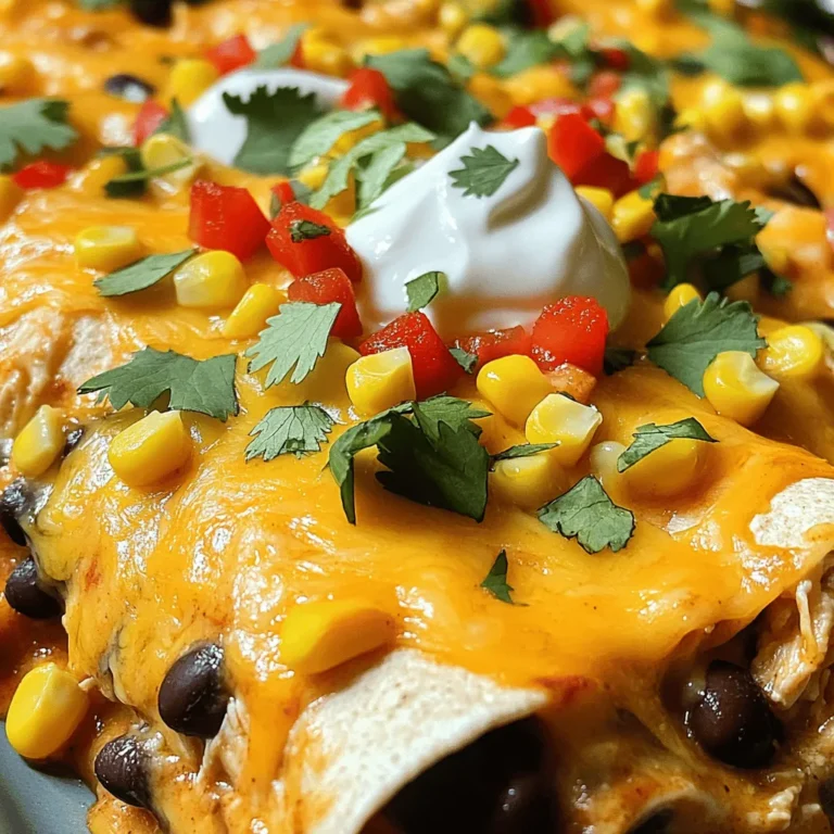 To make a tasty Chicken Enchilada Casserole, you need simple and fresh ingredients. Here’s what you'll need: - 3 cups cooked chicken, shredded - 2 cups enchilada sauce (red or green, preferably homemade) - 1 can (15 oz) black beans, drained and rinsed - 1 cup corn kernels (frozen or fresh) - 1 red bell pepper, diced - 1 medium onion, chopped - 2 cups shredded cheddar cheese (or a mix of cheddar and Monterey Jack) - 8 small corn tortillas, cut into quarters - 1 teaspoon cumin - 1 teaspoon chili powder - Salt and pepper to taste - Fresh cilantro for garnish - Sour cream for serving (optional) These ingredients come together to create a dish full of flavor and warmth. You can make your casserole even better with a few extras. Consider adding: - Jalapeños for heat - Avocado slices for creaminess - Black olives for a briny touch - Diced tomatoes for freshness - Lime juice for a zesty kick These optional ingredients can add layers of taste and keep things interesting. If you can't find an ingredient, don’t worry! Here are some great substitutes: - Use rotisserie chicken instead of cooking chicken yourself. - Swap black beans with pinto beans or kidney beans. - Use flour tortillas if you prefer them over corn. - Replace cheddar with Monterey Jack or pepper jack for extra spice. These substitutes still keep your casserole delicious while fitting your tastes. For the complete recipe, check the [Full Recipe]. First, set your oven to 350°F (175°C). Preheating your oven helps the casserole cook evenly. This step is key for a perfect dish. In a large bowl, mix the shredded chicken, black beans, corn, diced bell pepper, and chopped onion. Add half of your enchilada sauce. Sprinkle in the cumin, chili powder, salt, and pepper. Stir until everything is well combined. This mix gives great flavor. Grab a 9x13-inch baking dish. Start by placing a layer of corn tortilla quarters at the bottom. Make sure to cover the base. Next, spread half of the chicken mixture on top. Sprinkle one-third of the shredded cheese over this layer. Now, repeat the process. Add another layer of tortilla quarters, then the rest of the chicken mixture. Top this layer with another third of cheese. Finish by placing a final layer of tortilla quarters on top. Pour the rest of the enchilada sauce over the top layer of tortillas. Then, sprinkle the remaining cheese evenly on top. This will create a cheesy, delicious top. Cover your dish with aluminum foil and bake for 25 minutes. After that, remove the foil. Bake for another 10-15 minutes, until the cheese is bubbly and golden. Once baked, take the casserole out and let it cool for 5-10 minutes. This resting time helps the layers set. Garnish your casserole with fresh cilantro. Serve it with a dollop of sour cream if you wish. Enjoy your tasty Chicken Enchilada Casserole! For the complete recipe, you can refer to the Full Recipe. To make your casserole creamy, use enough sauce. I recommend two cups of enchilada sauce. Mixing the sauce with the chicken helps keep the dish moist. Avoid overcooking the casserole. This will dry it out. Let it rest after baking. This helps the flavors mix and keeps it creamy. Layering is key for a great casserole. Start with tortilla pieces at the bottom. This creates a solid base. Spread half of the chicken mixture over the tortillas. Then add a third of the cheese. Repeat these layers: tortillas, chicken, cheese. Finish with a top layer of tortillas and sauce. This method adds texture and flavor. For the best melted cheese, use fresh cheese. Shredded cheese melts better than slices. Mix different cheeses for flavor. I like cheddar and Monterey Jack. Spread cheese evenly on top before baking. Cover the casserole with foil for the first part of baking. This traps heat and melts the cheese without burning it. {{image_2}} You can easily turn this dish into a vegetarian delight. Replace the chicken with extra beans, lentils, or sautéed vegetables. This keeps the flavors bold and the texture hearty. You can use a mix of black beans, pinto beans, and even chickpeas for a protein punch. If you have dietary needs, swaps can make this casserole work for you. Use gluten-free tortillas if you want to avoid gluten. For a lower-calorie version, try swapping regular cheese for a lighter cheese or using less cheese overall. You can also replace sour cream with Greek yogurt for a tangy twist. Enhancing the flavor is easy and fun. Try adding diced jalapeños for heat. Fresh corn adds sweetness and crunch. You can also layer in some spinach or zucchini for extra veggies. Top your casserole with avocado slices or a sprinkle of lime juice before serving for a fresh kick. For the complete recipe, check out the Full Recipe. Enjoy experimenting with these variations to make your Chicken Enchilada Casserole your own! After enjoying your Chicken Enchilada Casserole, you may have some left. Let it cool to room temperature. Then, store it in an airtight container. This keeps it fresh for about 3-4 days in the fridge. If you have a lot left, consider dividing it into smaller portions. This makes it easy to reheat later. To reheat, preheat your oven to 350°F (175°C). Place the casserole in an oven-safe dish. Cover it with foil to keep it moist. Bake for about 20-25 minutes or until it's hot throughout. You can also microwave individual portions for quicker meals. Heat for 1-2 minutes, checking often to avoid overcooking. Freezing your casserole is a great idea for later meals. First, allow it to cool completely. Then, wrap it tightly in plastic wrap or aluminum foil. You can also use a freezer-safe container. It will keep well for 2-3 months. When you're ready to eat it, thaw it in the fridge overnight. Reheat as mentioned before. This way, you enjoy a tasty meal with little effort! Check the [Full Recipe] for more details. Yes, you can use store-bought enchilada sauce. It saves time and still tastes good. If you prefer a homemade flavor, make your own sauce. Just blend tomatoes, spices, and broth. This gives a fresh taste to your casserole. Shredded rotisserie chicken works great for this casserole. It's tender and packed with flavor. You can also use grilled chicken breast or leftovers. Just make sure it's cooked and shredded for easy mixing. To add heat, include jalapeños or diced green chiles. You can also use a spicier enchilada sauce. For a smoky flavor, try adding chipotle powder. Adjust the spice level to suit your taste. Yes, you can prepare this casserole ahead of time. Just assemble it and cover it tightly. Store it in the fridge for up to 24 hours. When ready, bake it as directed. This makes meals easier on busy days. For the full recipe, check the recipe details above. You can easily make a tasty Chicken Enchilada Casserole with the right ingredients and steps. We covered everything from main ingredients to optional swaps and even various storage tips. Remember, you can adapt this dish for different diets or add your favorite toppings. Enjoy the process, and feel free to experiment. This dish is not just a meal; it’s a way to bring joy to your kitchen. Happy cooking!