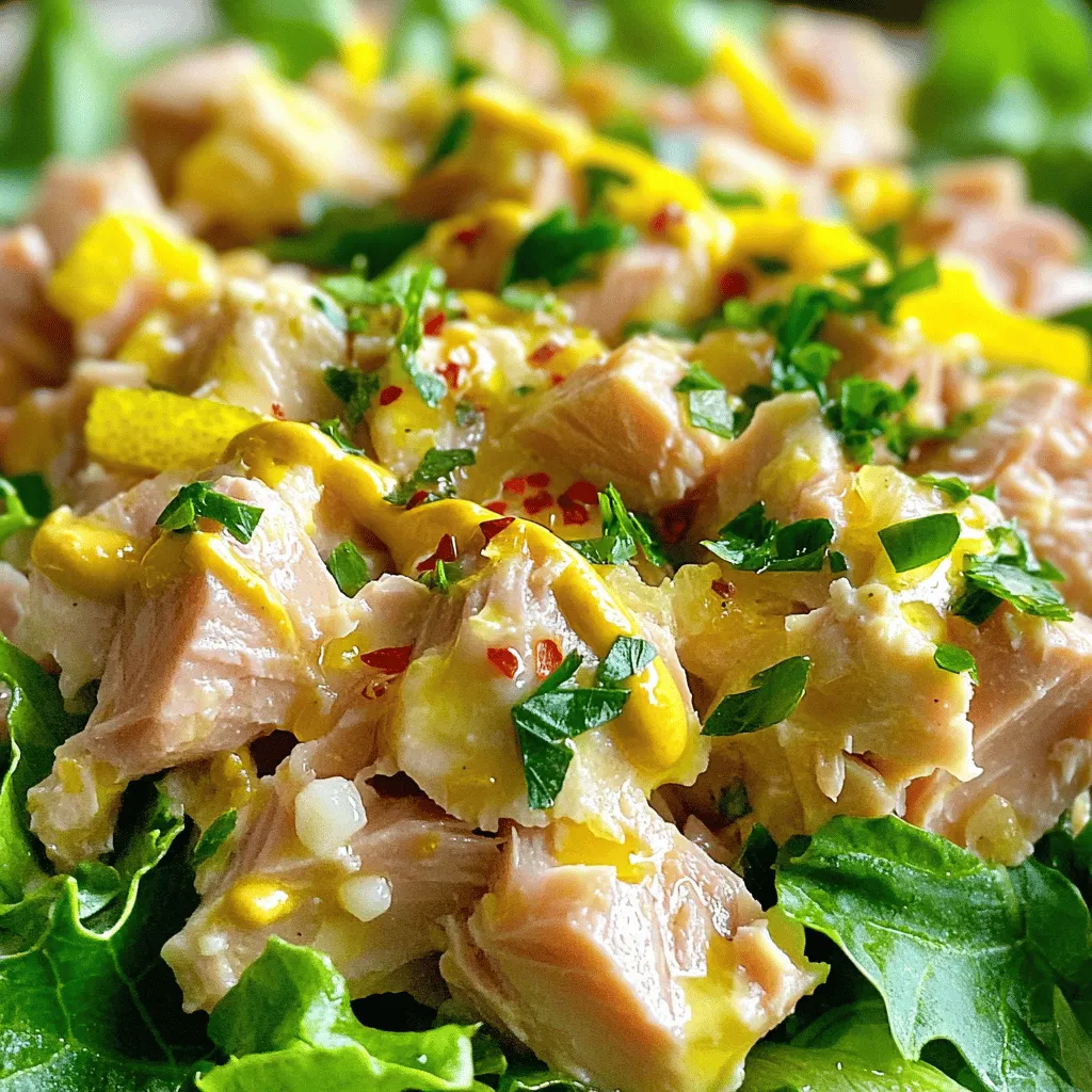 - 2 cans of tuna in water, drained - 3 tablespoons extra virgin olive oil - 4 cloves garlic, minced - Zest and juice of lemons - 1 teaspoon Dijon mustard - 1 teaspoon honey - Seasoning: salt, pepper, and optional red pepper flakes - 2 tablespoons fresh parsley, chopped - Additional spices or herbs for customization Zesty Lemon Garlic Tuna is simple yet packed with flavor. The core ingredients bring a bright taste that sings in your mouth. Canned tuna is easy and quick, perfect for any meal. I always keep some in my pantry. You can customize this dish with fresh parsley or your favorite herbs. Adding these optional ingredients can enhance the taste and appearance. Fresh herbs bring a nice pop of color and flavor. When you gather your ingredients, you’re ready for a fun cooking adventure. Each step is easy, and the result is a delightful meal. Just remember, you can switch up the spices to make it your own. For the full recipe, check out the complete guide! First, take your two cans of drained tuna and place them in a medium mixing bowl. Add four cloves of minced garlic to the bowl. Next, you can add the lemon zest for that bright flavor. If you like a bit of heat, sprinkle in the optional red pepper flakes. Mix these ingredients gently with a fork to combine. In a small bowl, gather your dressing ingredients. You'll need three tablespoons of extra virgin olive oil, the juice from two lemons, one teaspoon of Dijon mustard, one teaspoon of honey, salt, and pepper. Whisk these ingredients together until they blend smoothly. This dressing will add a zesty twist to your tuna. Now, pour the dressing over the tuna mixture. Use a spatula to fold the dressing in gently. This helps keep the tuna intact. Then, add two tablespoons of chopped fresh parsley and fold again. This adds a fresh taste and bright color. Taste your mixture and adjust the seasoning as needed. For the best flavor, chill it in the fridge for at least 20 minutes. Enjoy this dish in a salad, sandwich, or avocado! For the full recipe, check out the details above. To make the Zesty Lemon Garlic Tuna shine, adjust the seasoning. Add more salt or pepper to taste. If you want a tangy kick, squeeze in extra lemon juice. Balancing flavors is key. Chilling the mixture helps the flavors meld together. After mixing, cover and place it in the fridge for at least 20 minutes. This step makes the dish taste even better. When mixing, handle the tuna gently. Over-mixing can break it down too much. Use a folding motion when combining the ingredients. This keeps the tuna chunks intact. To maintain moisture, don’t skip the olive oil in the dressing. It adds richness and helps keep the tuna tender and juicy. For a beautiful dish, serve the tuna on a bed of mixed greens. You could also use avocado halves for a fun twist. Garnish with extra parsley for a pop of color. If you want to add more flavor, pair it with crusty bread or crunchy crackers. These sides complement the tuna and add texture. {{image_2}} You can swap tuna for other proteins. Try cooked chicken or chickpeas for a different twist. Both options provide a hearty base and absorb the zesty flavors well. You can also play with herbs and spices. Fresh dill, basil, or cilantro can change the flavor profile. A pinch of cumin or smoked paprika can add a warm touch. Experimenting keeps the dish exciting! Serving this dish is fun and flexible. You can make it a salad on a bed of greens. Or, place it in a sandwich for a quick meal. For a trendy option, try avocado boats. Halve an avocado, scoop out a bit, and fill it with the tuna mix. This makes for a colorful and healthy plate. Pair it with crunchy veggies or pita chips for extra texture. You can easily make Zesty Lemon Garlic Tuna gluten-free. Just check your mustard and dressing ingredients. For a vegan version, use chickpeas instead of tuna. This keeps the dish light and plant-based. If you're watching calories or carbs, skip the honey or reduce the olive oil. These small changes can help you enjoy a healthy meal without losing flavor. For the full recipe, check the details above. To keep your Zesty Lemon Garlic Tuna fresh, store it in the fridge. Use an airtight container. This will prevent the tuna from drying out. It can last up to three days in the fridge. Always check for any off smells before eating leftovers. If you made a large batch, it's smart to divide it into smaller portions. This way, you can enjoy it throughout the week without losing flavor. If you want to save some for later, you can freeze it. First, place the tuna in a freezer-safe container. Make sure to leave some space at the top. This allows for expansion when it freezes. It stays good for about two months in the freezer. When you're ready to eat your frozen tuna, move it to the fridge overnight to thaw. If you're in a hurry, you can use the microwave. Use a low power setting to avoid cooking it. After thawing, check its quality before reheating. Enjoy it cold or warm it gently in a pan. How long does Zesty Lemon Garlic Tuna last in the fridge? Zesty Lemon Garlic Tuna lasts about 3 to 5 days in the fridge. Store it in an airtight container. The flavors get better as it sits, so enjoy it within this time frame. Can I use fresh tuna instead of canned? Yes, you can use fresh tuna. Just cook it first to your liking. Once cooked, flake it into the bowl with the other ingredients for a fresh twist. What dishes can I serve with Zesty Lemon Garlic Tuna? You can serve it on salads or in sandwiches. It also pairs well with avocado or as a dip with crackers. The options are endless! What can I use instead of Dijon mustard? If you don’t have Dijon mustard, use yellow mustard or even a bit of mayonnaise. Both will give a nice flavor to your dish. Can I substitute olive oil with another oil? Yes, you can use canola oil or avocado oil instead. Both oils will work well without changing the taste much. Caloric content per serving Each serving of Zesty Lemon Garlic Tuna has about 200 calories. This makes it a light yet filling meal option. Breakdown of main nutrients in the recipe - Protein: 25 grams - Fat: 10 grams - Carbohydrates: 5 grams - Fiber: 1 gram This dish is rich in protein, making it great for muscle repair and growth. This blog post covered the Zesty Lemon Garlic Tuna recipe, highlighting its key ingredients, step-by-step instructions, and useful tips. You learned how to perfect the flavor and texture while exploring variations and serving ideas. Remember, this dish is versatile—adapt it to your taste or dietary needs. Storing leftovers correctly ensures you enjoy it for days. With these insights, you can create a vibrant meal that impresses. Now, grab those ingredients and start cooking!