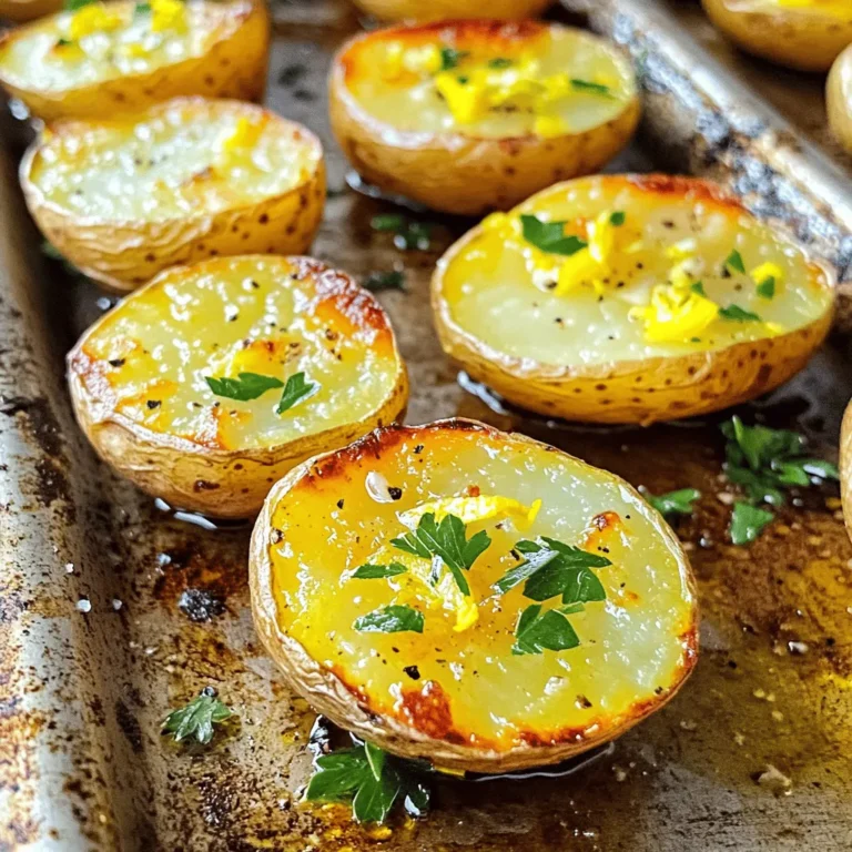 The key to making Lemon Garlic Roasted Potatoes is using fresh, quality ingredients. Here’s what you will need: - 2 lbs baby potatoes, halved - 4 cloves garlic, minced - 1/4 cup olive oil - Zest of 1 lemon - 3 tablespoons fresh lemon juice - 1 teaspoon dried rosemary - 1 teaspoon smoked paprika - Salt and pepper to taste - Fresh parsley, chopped (for garnish) Each ingredient plays a role in the flavor. Baby potatoes bring a tender bite. Garlic adds depth, while lemon brightens every bite. Olive oil helps achieve that perfect crispy texture. For the herbs, dried rosemary gives a lovely earthiness. Smoked paprika adds a hint of warmth. Lastly, fresh parsley not only garnishes but adds a pop of color and freshness. You can find the complete preparation steps in the Full Recipe. This simple dish shines with these ingredients, making it a favorite at any table. - Preheat the oven to 425°F (220°C). - Gather and prepare all ingredients. Start with the oven. I always set it to 425°F (220°C) first. This high heat gives the potatoes a nice crispy finish. Next, gather your ingredients. You will need baby potatoes, garlic, olive oil, lemon, rosemary, smoked paprika, salt, and pepper. Having everything ready makes cooking easier and more fun. - Combine olive oil, minced garlic, lemon zest, lemon juice, rosemary, smoked paprika, salt, and pepper. In a large bowl, mix the olive oil and minced garlic. Add in the lemon zest and lemon juice. This will add a bright flavor. Then, toss in dried rosemary, smoked paprika, salt, and pepper. Stir everything well. This coating is the key to making the potatoes so tasty. - Coat the baby potatoes evenly. - Spread on a baking sheet and roast. Now, take your halved baby potatoes and add them to the bowl. Toss them gently in the mixture until every potato is coated. This step is important for flavor. Next, spread the potatoes on a baking sheet. I like to put the cut sides down. This helps them get crispy. Roast in the oven for 25-30 minutes, or until they turn golden brown. Make sure to toss them halfway through. This ensures even cooking. For the full recipe, check out the details above. To get the best crispiness, place the cut sides of the potatoes down on the baking sheet. This allows the potatoes to brown well and get that lovely crunch. Use a heavy baking sheet, like a cast iron or a stainless-steel one. These materials help to hold heat better, which helps with the crispiness. You can add other herbs or spices to boost the taste. Try thyme or oregano for a different twist. If you want a stronger lemon flavor, add more zest or juice, but do it slowly. You don’t want to overpower the dish. Start with a little, then taste and adjust. These roasted potatoes pair well with grilled chicken or fish. They also go great with a fresh salad. For garnishing, sprinkle chopped parsley right before serving. It adds color and freshness to the dish. For the full recipe, check out the details above! {{image_2}} You can change the herbs for a new taste. Fresh thyme or oregano works well. Simply swap out the dried rosemary in the recipe. Try using two teaspoons of fresh herbs. This gives your potatoes a fresh, aromatic flavor. Each herb brings its unique twist. Experiment with what you like best. For those who like heat, add red pepper flakes. A teaspoon can give a nice kick. If you want more heat, drizzle some hot sauce before serving. The spice balances the lemon and garlic. This twist makes the dish exciting and bold. You don’t have to stick with baby potatoes. Sweet potatoes are a great option. They add a hint of sweetness that pairs well with the lemon. Fingerling potatoes also work well. Their unique shape creates a fun look on your plate. No matter which you choose, the flavors will shine through. For the full recipe, check out the complete guide. To keep leftover Lemon Garlic Roasted Potatoes fresh, place them in a shallow container. Make sure to cool them to room temperature first. Seal the container tightly. Store it in the fridge for up to three days. When you want to eat them again, take out only what you need to avoid reheating the entire batch. If you want to save the potatoes for longer, try freezing them. First, allow the potatoes to cool completely. Next, spread them in a single layer on a baking sheet. Place the sheet in the freezer for a few hours until the potatoes are frozen solid. Then, transfer them to a freezer bag or container. This way, they can last for up to three months. When you're ready to eat, thaw them in the fridge overnight. To restore crispiness while reheating, use an oven or an air fryer. Preheat the oven to 400°F (200°C). Spread the potatoes on a baking sheet. Bake them for about 10-15 minutes until they are hot and crispy again. If using an air fryer, set it to 350°F (175°C) and heat for 5-7 minutes. Avoid using a microwave, as it can make the potatoes soggy. For best results, serve them fresh from the oven. For the full recipe, check the details above. To keep potatoes firm, choose the right type and cook them correctly. Use baby potatoes for their waxy texture. Cut them evenly to ensure they cook at the same rate. Roasting at a high temperature helps too. Spread them out on the baking sheet. This way, they won’t steam each other. Toss them halfway through cooking to keep them crispy. Yes, you can use other potatoes! Yukon Gold and red potatoes work well. They have a creamy texture and hold their shape. Avoid starchy potatoes like Russets. They may become too soft. If you use larger potatoes, cut them into smaller pieces. This ensures they cook evenly and absorb all the lemon and garlic flavors. These potatoes pair well with many dishes. Try serving them with grilled chicken or fish. They complement roasted vegetables nicely too. For a hearty meal, add a green salad. The fresh flavors of lemon and garlic enhance any main dish. You can even serve them as a side for a simple pasta dish. To make this recipe vegan, just skip the animal products. The original recipe is already plant-based. Use olive oil and fresh ingredients. You don’t need any dairy to make it tasty. The lemon and garlic provide all the flavor. You can also add nutritional yeast for a cheesy taste if you wish. Baby potatoes are smaller and have a waxy texture. This gives them a creamy feel when cooked. They hold their shape better than larger, starchy potatoes. Other types, like Russets, are larger and more starchy. They are best for baking or mashing. Baby potatoes are perfect for roasting, adding great flavor and texture to your dish. For the full recipe, check the link! This recipe guides you through making delicious Lemon Garlic Roasted Potatoes. We covered ingredients, easy steps, storage tips, and variations. You can add your twist with herbs or spices. Remember to keep the cut sides down for crispiness. Serve these potatoes with your favorite dishes for a tasty meal. Enjoy cooking and experimenting with flavors!