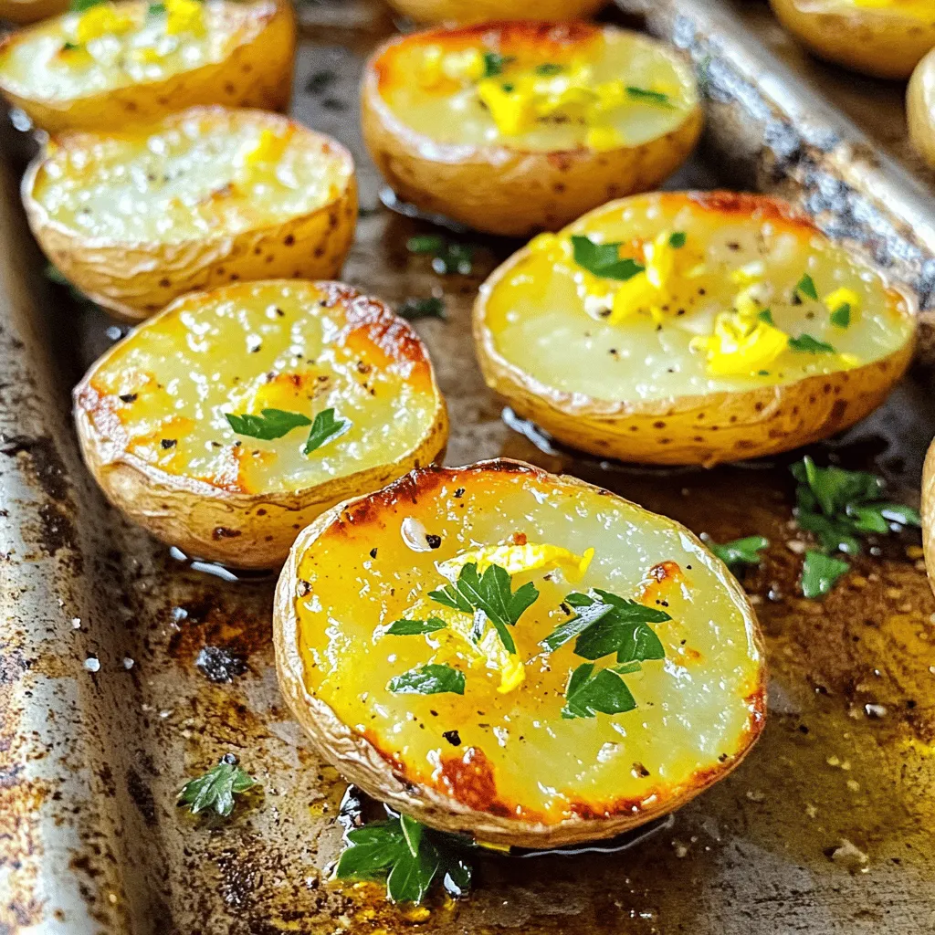 The key to making Lemon Garlic Roasted Potatoes is using fresh, quality ingredients. Here’s what you will need: - 2 lbs baby potatoes, halved - 4 cloves garlic, minced - 1/4 cup olive oil - Zest of 1 lemon - 3 tablespoons fresh lemon juice - 1 teaspoon dried rosemary - 1 teaspoon smoked paprika - Salt and pepper to taste - Fresh parsley, chopped (for garnish) Each ingredient plays a role in the flavor. Baby potatoes bring a tender bite. Garlic adds depth, while lemon brightens every bite. Olive oil helps achieve that perfect crispy texture. For the herbs, dried rosemary gives a lovely earthiness. Smoked paprika adds a hint of warmth. Lastly, fresh parsley not only garnishes but adds a pop of color and freshness. You can find the complete preparation steps in the Full Recipe. This simple dish shines with these ingredients, making it a favorite at any table. - Preheat the oven to 425°F (220°C). - Gather and prepare all ingredients. Start with the oven. I always set it to 425°F (220°C) first. This high heat gives the potatoes a nice crispy finish. Next, gather your ingredients. You will need baby potatoes, garlic, olive oil, lemon, rosemary, smoked paprika, salt, and pepper. Having everything ready makes cooking easier and more fun. - Combine olive oil, minced garlic, lemon zest, lemon juice, rosemary, smoked paprika, salt, and pepper. In a large bowl, mix the olive oil and minced garlic. Add in the lemon zest and lemon juice. This will add a bright flavor. Then, toss in dried rosemary, smoked paprika, salt, and pepper. Stir everything well. This coating is the key to making the potatoes so tasty. - Coat the baby potatoes evenly. - Spread on a baking sheet and roast. Now, take your halved baby potatoes and add them to the bowl. Toss them gently in the mixture until every potato is coated. This step is important for flavor. Next, spread the potatoes on a baking sheet. I like to put the cut sides down. This helps them get crispy. Roast in the oven for 25-30 minutes, or until they turn golden brown. Make sure to toss them halfway through. This ensures even cooking. For the full recipe, check out the details above. To get the best crispiness, place the cut sides of the potatoes down on the baking sheet. This allows the potatoes to brown well and get that lovely crunch. Use a heavy baking sheet, like a cast iron or a stainless-steel one. These materials help to hold heat better, which helps with the crispiness. You can add other herbs or spices to boost the taste. Try thyme or oregano for a different twist. If you want a stronger lemon flavor, add more zest or juice, but do it slowly. You don’t want to overpower the dish. Start with a little, then taste and adjust. These roasted potatoes pair well with grilled chicken or fish. They also go great with a fresh salad. For garnishing, sprinkle chopped parsley right before serving. It adds color and freshness to the dish. For the full recipe, check out the details above! {{image_2}} You can change the herbs for a new taste. Fresh thyme or oregano works well. Simply swap out the dried rosemary in the recipe. Try using two teaspoons of fresh herbs. This gives your potatoes a fresh, aromatic flavor. Each herb brings its unique twist. Experiment with what you like best. For those who like heat, add red pepper flakes. A teaspoon can give a nice kick. If you want more heat, drizzle some hot sauce before serving. The spice balances the lemon and garlic. This twist makes the dish exciting and bold. You don’t have to stick with baby potatoes. Sweet potatoes are a great option. They add a hint of sweetness that pairs well with the lemon. Fingerling potatoes also work well. Their unique shape creates a fun look on your plate. No matter which you choose, the flavors will shine through. For the full recipe, check out the complete guide. To keep leftover Lemon Garlic Roasted Potatoes fresh, place them in a shallow container. Make sure to cool them to room temperature first. Seal the container tightly. Store it in the fridge for up to three days. When you want to eat them again, take out only what you need to avoid reheating the entire batch. If you want to save the potatoes for longer, try freezing them. First, allow the potatoes to cool completely. Next, spread them in a single layer on a baking sheet. Place the sheet in the freezer for a few hours until the potatoes are frozen solid. Then, transfer them to a freezer bag or container. This way, they can last for up to three months. When you're ready to eat, thaw them in the fridge overnight. To restore crispiness while reheating, use an oven or an air fryer. Preheat the oven to 400°F (200°C). Spread the potatoes on a baking sheet. Bake them for about 10-15 minutes until they are hot and crispy again. If using an air fryer, set it to 350°F (175°C) and heat for 5-7 minutes. Avoid using a microwave, as it can make the potatoes soggy. For best results, serve them fresh from the oven. For the full recipe, check the details above. To keep potatoes firm, choose the right type and cook them correctly. Use baby potatoes for their waxy texture. Cut them evenly to ensure they cook at the same rate. Roasting at a high temperature helps too. Spread them out on the baking sheet. This way, they won’t steam each other. Toss them halfway through cooking to keep them crispy. Yes, you can use other potatoes! Yukon Gold and red potatoes work well. They have a creamy texture and hold their shape. Avoid starchy potatoes like Russets. They may become too soft. If you use larger potatoes, cut them into smaller pieces. This ensures they cook evenly and absorb all the lemon and garlic flavors. These potatoes pair well with many dishes. Try serving them with grilled chicken or fish. They complement roasted vegetables nicely too. For a hearty meal, add a green salad. The fresh flavors of lemon and garlic enhance any main dish. You can even serve them as a side for a simple pasta dish. To make this recipe vegan, just skip the animal products. The original recipe is already plant-based. Use olive oil and fresh ingredients. You don’t need any dairy to make it tasty. The lemon and garlic provide all the flavor. You can also add nutritional yeast for a cheesy taste if you wish. Baby potatoes are smaller and have a waxy texture. This gives them a creamy feel when cooked. They hold their shape better than larger, starchy potatoes. Other types, like Russets, are larger and more starchy. They are best for baking or mashing. Baby potatoes are perfect for roasting, adding great flavor and texture to your dish. For the full recipe, check the link! This recipe guides you through making delicious Lemon Garlic Roasted Potatoes. We covered ingredients, easy steps, storage tips, and variations. You can add your twist with herbs or spices. Remember to keep the cut sides down for crispiness. Serve these potatoes with your favorite dishes for a tasty meal. Enjoy cooking and experimenting with flavors!