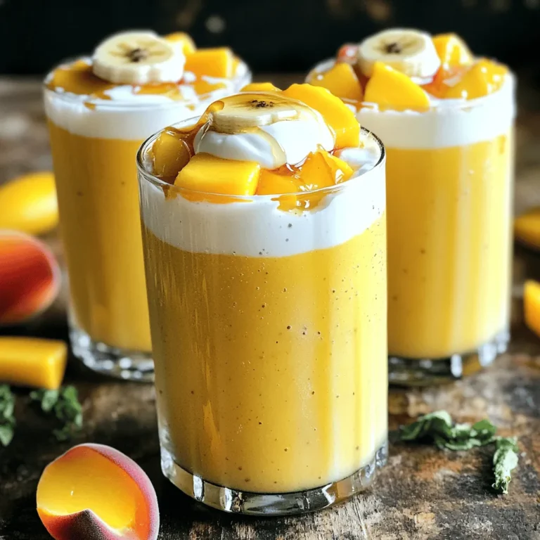 - 1 ripe peach, pitted and diced - 1 ripe mango, peeled and diced - 1 banana, sliced Fresh fruits are the stars of the peach mango smoothie. Each fruit brings its own flavor and texture. Peaches offer a sweet and juicy taste. Mangos add a tropical flair. Bananas bring creaminess and natural sweetness. When you combine these fruits, you create a refreshing blend. - 1 cup Greek yogurt (plain or vanilla) - 1 cup coconut water (or almond milk) The dairy and liquid base is essential for a smooth texture. Greek yogurt gives protein and creaminess to the smoothie. You can choose plain or vanilla yogurt based on your preference. Coconut water or almond milk serves as the liquid. Coconut water adds a hint of sweetness and hydration. Almond milk offers a nutty flavor. Both options work well in this recipe. - 1 tablespoon honey or agave syrup - ½ teaspoon vanilla extract - Ice cubes (as needed for desired thickness) You can customize the sweetness with honey or agave syrup. Both options enhance the drink’s flavor. Vanilla extract adds warmth and depth. Ice cubes help you achieve the perfect thickness. If you like it thicker, add more ice. These optional ingredients let you tailor the smoothie to your taste. For the full recipe, refer to the Peach Mango Paradise Smoothie. To make the best peach mango smoothie, you need to start with ripe fruits. Here’s how to properly dice them: - Peach: Slice the peach in half and remove the pit. Then, cut each half into wedges. Dice the wedges into small cubes. - Mango: Cut off the sides of the mango, avoiding the pit. Take each piece and slice it into cubes, cutting through the flesh without cutting the skin. Then, scoop out the cubes with a spoon. Selecting ripe fruits is key to a tasty smoothie. Look for peaches that give slightly when pressed. They should be fragrant and have a rich color. For mangoes, choose ones that feel soft but not mushy. Aroma is a good sign of ripeness. The order of ingredients matters when making a smoothie. Place the softer items at the bottom of the blender. Here’s the best order: 1. Add the diced peach. 2. Then, add the mango. 3. Next, the banana. 4. Pour in the Greek yogurt. 5. Add coconut water or almond milk last. Recommended blending speed is high. Blend for about 30 to 60 seconds. You want a smooth and creamy texture. If you need to, stop and scrape down the sides to ensure all the fruit blends evenly. To achieve your desired thickness, you might want to add ice cubes. Start with a few and blend again. If you want it thicker, keep adding more ice until you get it just right. Adjusting sweetness is simple. If you find it needs more sweetness, drizzle in honey or agave syrup. Blend for a few more seconds to mix it in. Taste it again to see if the sweetness is right for you. This process makes your smoothie truly refreshing and healthy. For the complete recipe, check out the [Full Recipe]. Enjoy your delicious peach mango smoothie! To get the best texture, you can use some cool tips. If you want a creamier smoothie, try using yogurt instead of ice. Yogurt gives a rich flavor and smooth texture. You can also add frozen fruits like peaches or mangoes. They chill your drink and make it thicker without needing too much ice. Peaches and mangoes are not just tasty; they bring many health benefits. Peaches are low in calories and high in vitamins A and C. They help with skin health and boost your immune system. Mangoes are packed with fiber, which is great for digestion. Greek yogurt adds protein and probiotics, making your gut happy. Coconut water is another star ingredient. It keeps you hydrated and gives you electrolytes, perfect for hot days. The right tools make a big difference. For blending, a high-speed blender works best. It mixes everything smoothly and quickly. Brands like Vitamix or Ninja are popular choices. When it comes to serving, choose tall glasses. They show off the bright colors of your smoothie. Plus, they give you enough space for a fun straw! {{image_2}} You can easily add a tropical flair to your peach mango smoothie. Pineapple is a great choice. It blends well with the peach and mango, adding a sweet and tart taste. Spinach is another fun option. It gives you a healthy boost without changing the flavor much. You can also experiment with different yogurt flavors. Try coconut or pineapple yogurt for an extra tropical kick. If you prefer a dairy-free version, there are many options. Almond milk and oat milk work well. Both give a creamy texture and nice flavor. Using these alternatives can also make the smoothie vegan. These plant-based milks are low in calories and good for your heart. They add a nutty or sweet taste, making your drink even more enjoyable. To elevate your smoothie, consider adding other fruits. Berries like strawberries or blueberries can add a pop of color and flavor. Citrus fruits such as oranges or lime can bring a refreshing zing. Spices can also enhance your drink. A pinch of ginger or cinnamon can add warmth and depth. These additions make the smoothie more interesting and richer in flavor. For the complete recipe, check out the Full Recipe section! If you have leftover smoothie, store it in the fridge. Use an airtight container to keep it fresh. Drink it within one day for the best taste. You may need to shake it before drinking, as some separation can happen. Freezing smoothies is a smart way to prepare for busy days. Pour your smoothie into freezer bags. Leave some space at the top, as liquids expand when frozen. Lay the bags flat in the freezer. To enjoy, thaw the smoothie in the fridge overnight. You can also run the bag under warm water for a quick thaw. Fresh fruits like peaches and mangoes last about 3 to 5 days in the fridge. To choose ripe fruits, look for a sweet smell and slight softness. Avoid fruits with dark spots or wrinkles. This helps ensure your smoothie stays fresh and tasty. Yes, you can use frozen fruits. They add a nice chill and texture. Frozen fruits help create a thick and creamy smoothie. Just remember to reduce the ice you add. If the smoothie is too thick, add a little more liquid to blend smoothly. If you want a less sweet smoothie, skip the sweeteners. You can also add yogurt or coconut water. Both options help balance flavors. Another trick is to add a bit of lemon juice. This adds a nice zing and cuts sweetness. No, it’s not necessary to add a sweetener. The fruits already bring natural sweetness. The banana and mango are sweet on their own. If you prefer a sweeter taste, add a touch of honey or agave. But try tasting first without sweeteners. If you want a different option, try regular yogurt or plant-based yogurt. Silken tofu can also work well for creaminess. For a dairy-free choice, use unsweetened almond yogurt. Each option gives a nice texture and keeps your smoothie rich. To make your smoothie thicker, add more ice or frozen fruits. You can also use less liquid. If it’s too thick, add more coconut water or almond milk. Blend a little longer after adjustments to mix everything well. This blog post explored how to make a delicious smoothie. We discussed key ingredients like fresh fruits, Greek yogurt, and coconut water. Step-by-step, I showed how to prepare fruits and blend them for a tasty drink. We covered tips for texture, health benefits, and fun variations too. Remember, smoothies can be adjusted to your taste and diet. Have fun mixing flavors and enjoy your healthy creations!
