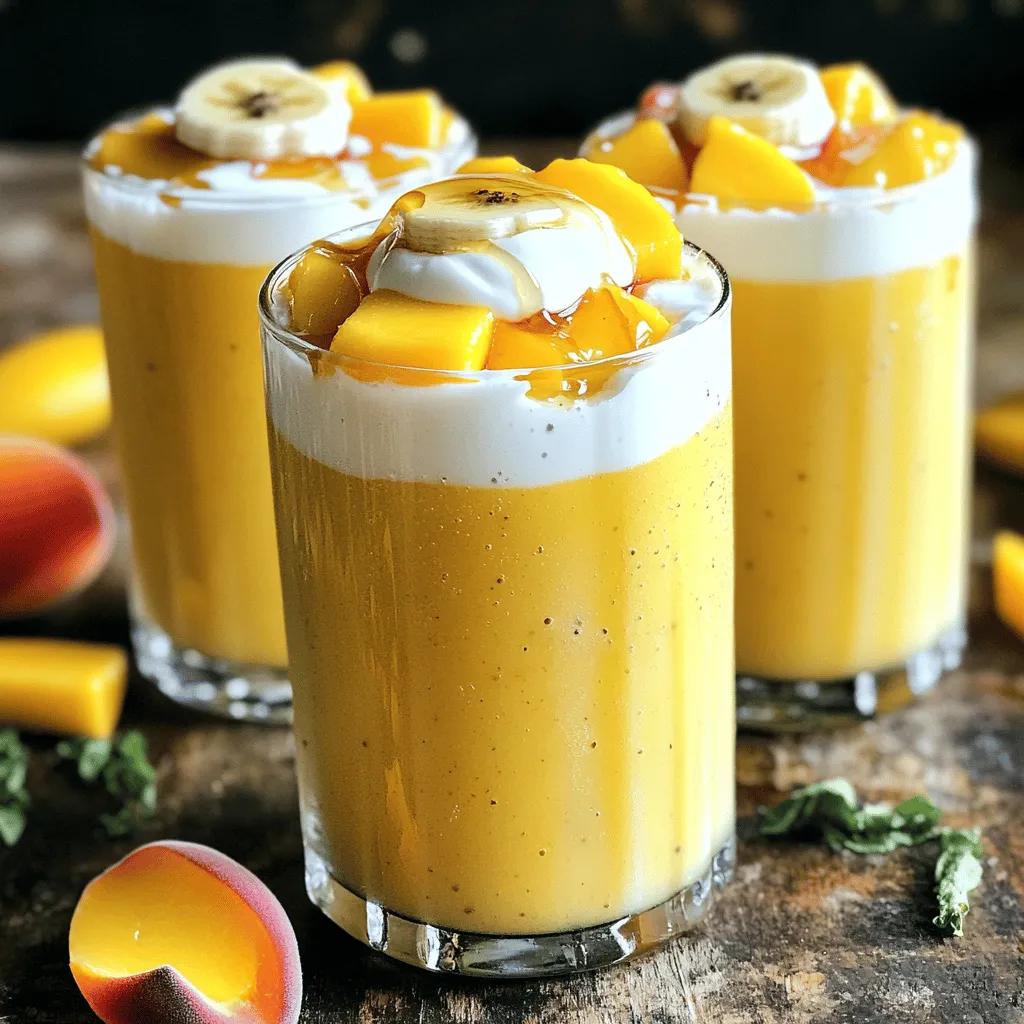 - 1 ripe peach, pitted and diced - 1 ripe mango, peeled and diced - 1 banana, sliced Fresh fruits are the stars of the peach mango smoothie. Each fruit brings its own flavor and texture. Peaches offer a sweet and juicy taste. Mangos add a tropical flair. Bananas bring creaminess and natural sweetness. When you combine these fruits, you create a refreshing blend. - 1 cup Greek yogurt (plain or vanilla) - 1 cup coconut water (or almond milk) The dairy and liquid base is essential for a smooth texture. Greek yogurt gives protein and creaminess to the smoothie. You can choose plain or vanilla yogurt based on your preference. Coconut water or almond milk serves as the liquid. Coconut water adds a hint of sweetness and hydration. Almond milk offers a nutty flavor. Both options work well in this recipe. - 1 tablespoon honey or agave syrup - ½ teaspoon vanilla extract - Ice cubes (as needed for desired thickness) You can customize the sweetness with honey or agave syrup. Both options enhance the drink’s flavor. Vanilla extract adds warmth and depth. Ice cubes help you achieve the perfect thickness. If you like it thicker, add more ice. These optional ingredients let you tailor the smoothie to your taste. For the full recipe, refer to the Peach Mango Paradise Smoothie. To make the best peach mango smoothie, you need to start with ripe fruits. Here’s how to properly dice them: - Peach: Slice the peach in half and remove the pit. Then, cut each half into wedges. Dice the wedges into small cubes. - Mango: Cut off the sides of the mango, avoiding the pit. Take each piece and slice it into cubes, cutting through the flesh without cutting the skin. Then, scoop out the cubes with a spoon. Selecting ripe fruits is key to a tasty smoothie. Look for peaches that give slightly when pressed. They should be fragrant and have a rich color. For mangoes, choose ones that feel soft but not mushy. Aroma is a good sign of ripeness. The order of ingredients matters when making a smoothie. Place the softer items at the bottom of the blender. Here’s the best order: 1. Add the diced peach. 2. Then, add the mango. 3. Next, the banana. 4. Pour in the Greek yogurt. 5. Add coconut water or almond milk last. Recommended blending speed is high. Blend for about 30 to 60 seconds. You want a smooth and creamy texture. If you need to, stop and scrape down the sides to ensure all the fruit blends evenly. To achieve your desired thickness, you might want to add ice cubes. Start with a few and blend again. If you want it thicker, keep adding more ice until you get it just right. Adjusting sweetness is simple. If you find it needs more sweetness, drizzle in honey or agave syrup. Blend for a few more seconds to mix it in. Taste it again to see if the sweetness is right for you. This process makes your smoothie truly refreshing and healthy. For the complete recipe, check out the [Full Recipe]. Enjoy your delicious peach mango smoothie! To get the best texture, you can use some cool tips. If you want a creamier smoothie, try using yogurt instead of ice. Yogurt gives a rich flavor and smooth texture. You can also add frozen fruits like peaches or mangoes. They chill your drink and make it thicker without needing too much ice. Peaches and mangoes are not just tasty; they bring many health benefits. Peaches are low in calories and high in vitamins A and C. They help with skin health and boost your immune system. Mangoes are packed with fiber, which is great for digestion. Greek yogurt adds protein and probiotics, making your gut happy. Coconut water is another star ingredient. It keeps you hydrated and gives you electrolytes, perfect for hot days. The right tools make a big difference. For blending, a high-speed blender works best. It mixes everything smoothly and quickly. Brands like Vitamix or Ninja are popular choices. When it comes to serving, choose tall glasses. They show off the bright colors of your smoothie. Plus, they give you enough space for a fun straw! {{image_2}} You can easily add a tropical flair to your peach mango smoothie. Pineapple is a great choice. It blends well with the peach and mango, adding a sweet and tart taste. Spinach is another fun option. It gives you a healthy boost without changing the flavor much. You can also experiment with different yogurt flavors. Try coconut or pineapple yogurt for an extra tropical kick. If you prefer a dairy-free version, there are many options. Almond milk and oat milk work well. Both give a creamy texture and nice flavor. Using these alternatives can also make the smoothie vegan. These plant-based milks are low in calories and good for your heart. They add a nutty or sweet taste, making your drink even more enjoyable. To elevate your smoothie, consider adding other fruits. Berries like strawberries or blueberries can add a pop of color and flavor. Citrus fruits such as oranges or lime can bring a refreshing zing. Spices can also enhance your drink. A pinch of ginger or cinnamon can add warmth and depth. These additions make the smoothie more interesting and richer in flavor. For the complete recipe, check out the Full Recipe section! If you have leftover smoothie, store it in the fridge. Use an airtight container to keep it fresh. Drink it within one day for the best taste. You may need to shake it before drinking, as some separation can happen. Freezing smoothies is a smart way to prepare for busy days. Pour your smoothie into freezer bags. Leave some space at the top, as liquids expand when frozen. Lay the bags flat in the freezer. To enjoy, thaw the smoothie in the fridge overnight. You can also run the bag under warm water for a quick thaw. Fresh fruits like peaches and mangoes last about 3 to 5 days in the fridge. To choose ripe fruits, look for a sweet smell and slight softness. Avoid fruits with dark spots or wrinkles. This helps ensure your smoothie stays fresh and tasty. Yes, you can use frozen fruits. They add a nice chill and texture. Frozen fruits help create a thick and creamy smoothie. Just remember to reduce the ice you add. If the smoothie is too thick, add a little more liquid to blend smoothly. If you want a less sweet smoothie, skip the sweeteners. You can also add yogurt or coconut water. Both options help balance flavors. Another trick is to add a bit of lemon juice. This adds a nice zing and cuts sweetness. No, it’s not necessary to add a sweetener. The fruits already bring natural sweetness. The banana and mango are sweet on their own. If you prefer a sweeter taste, add a touch of honey or agave. But try tasting first without sweeteners. If you want a different option, try regular yogurt or plant-based yogurt. Silken tofu can also work well for creaminess. For a dairy-free choice, use unsweetened almond yogurt. Each option gives a nice texture and keeps your smoothie rich. To make your smoothie thicker, add more ice or frozen fruits. You can also use less liquid. If it’s too thick, add more coconut water or almond milk. Blend a little longer after adjustments to mix everything well. This blog post explored how to make a delicious smoothie. We discussed key ingredients like fresh fruits, Greek yogurt, and coconut water. Step-by-step, I showed how to prepare fruits and blend them for a tasty drink. We covered tips for texture, health benefits, and fun variations too. Remember, smoothies can be adjusted to your taste and diet. Have fun mixing flavors and enjoy your healthy creations!