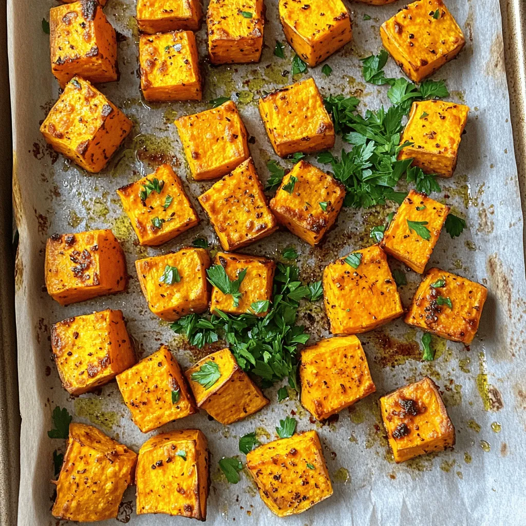 To make oven roasted sweet potatoes, you need these simple ingredients: - 4 medium sweet potatoes, peeled and cut into 1-inch cubes - 3 tablespoons olive oil - 1 teaspoon garlic powder - 1 teaspoon onion powder - 1 teaspoon smoked paprika - ½ teaspoon cayenne pepper (optional, for heat) - 2 teaspoons dried rosemary - 2 teaspoons dried thyme - Salt and pepper to taste - Fresh parsley, chopped for garnish You can add your favorite herbs and spices to boost the flavor. Here are some great options: - Cinnamon for a sweet twist - Chili powder for extra spice - Cumin for a warm, earthy taste - Fresh herbs like thyme or rosemary for brightness Mix and match these to find your perfect blend! Choose firm, smooth sweet potatoes for the best results. Look for ones that are: - Free of blemishes and soft spots - Uniform in size for even cooking - Bright orange flesh for sweet flavor These tips help you pick the best sweet potatoes for roasting. The right choice makes a big difference in taste and texture. For the full recipe, check the detailed instructions above! First, gather all the ingredients. You need sweet potatoes, olive oil, and spices. Peel the sweet potatoes and cut them into 1-inch cubes. This size helps them cook evenly. Next, take a large mixing bowl and add the sweet potatoes. Pour in three tablespoons of olive oil. Then, add garlic powder, onion powder, smoked paprika, and optional cayenne pepper for heat. Add two teaspoons each of dried rosemary and thyme. Finally, season with salt and pepper to taste. Mix everything well to coat the sweet potatoes evenly. Now, preheat your oven to 425°F (220°C). While it heats, line a large baking sheet with parchment paper. This makes cleanup easy later. Spread the sweet potato cubes in a single layer on the baking sheet. Make sure they don’t overlap; this helps them roast well. Bake for 25-30 minutes. Flip them halfway through cooking. This ensures even browning and crispiness. You want the sweet potatoes to turn golden brown and crispy on the edges. When done, remove them from the oven and let them cool for a few minutes. To get that perfect crisp, space the sweet potatoes well on the baking sheet. If they are too close, they will steam instead of roast. Another tip is to use a high oven temperature. This helps create a nice crust. If you want extra crispiness, try soaking the cubed sweet potatoes in cold water for about 30 minutes before baking. This removes some starch and helps them crisp up. These tips will help you create crispy, flavorful sweet potatoes every time. For the full recipe, check the details above. To make oven roasted sweet potatoes shine, follow these simple tips: - Choose the right size: Cut sweet potatoes into 1-inch cubes. This size helps them cook evenly. - Use fresh herbs: Fresh rosemary and thyme can boost flavor. They add a nice touch. - Get the right heat: Preheat your oven to 425°F. A hot oven gives a crispy finish. - Don't overcrowd the pan: Spread the sweet potatoes out. This allows them to roast, not steam. When cooking sweet potatoes, be aware of these common pitfalls: - Skipping the oil: Oil helps the sweet potatoes crisp up. Without it, they can turn mushy. - Not seasoning enough: Sweet potatoes need flavor. Don't be shy with spices! - Ignoring cook time: Overcooked sweet potatoes can become dry. Keep an eye on them. Adjusting seasonings can make your dish just right. Here’s how to do it: - Taste as you go: If you want more flavor, add more garlic or paprika. - Add heat: If you like spice, sprinkle in more cayenne pepper. Start small. - Fresh herbs at the end: Add parsley after cooking. It gives a fresh pop and brightens the dish. For a full recipe, check out the Crispy Herb-Infused Oven Roasted Sweet Potatoes . {{image_2}} You can change the flavor of your oven roasted sweet potatoes easily. Want a sweet version? Add brown sugar and cinnamon. This mix gives a warm, cozy taste. Try using maple syrup too for a sweet glaze. For a spicy kick, mix in chili powder or cumin. These flavors bring out the natural sweetness of the potatoes. Mixing in other veggies can enhance your dish. Carrots and bell peppers work well with sweet potatoes. Cut them into similar sizes for even cooking. You can also add red onion for a nice bite. Just toss them with the sweet potatoes and follow the same cooking steps. This mix brings color and taste to your plate. You don’t have to stick to the usual spices. Try using fresh herbs like basil or cilantro for a fresh twist. Lemon zest can add brightness to the dish. For a smoky flavor, use liquid smoke instead of smoked paprika. These changes make your oven roasted sweet potatoes unique and fun. For the full recipe, check out the details above. You can store leftover sweet potatoes in an airtight container. Make sure they are cool before sealing. Place them in the fridge. They will stay good for about 3 to 5 days. If you want to keep them longer, freezing is a great option. To reheat, you have a few options. The best way is to use the oven. Preheat your oven to 350°F (175°C). Spread the sweet potatoes on a baking sheet. Heat for about 10 to 15 minutes. You can also use a microwave. Place them in a safe dish and cover with a damp paper towel. Heat for about 1 to 2 minutes. Check and stir halfway through heating. To freeze sweet potatoes, start by cooling them completely. Place them in a single layer on a baking sheet. Freeze for 1 to 2 hours until firm. Then transfer them to a freezer bag. Remove as much air as possible before sealing. They will last for up to 3 months in the freezer. When you're ready to use them, you can roast them straight from frozen. Follow the full recipe for the best results. Yes, you can prepare oven roasted sweet potatoes ahead. Cook them as usual and let them cool. Store them in an airtight container in the fridge for up to three days. When you're ready to eat, just reheat them in the oven for about 10-15 minutes at 350°F (175°C). This keeps them crispy and tasty. Roasted sweet potatoes are very versatile. You can serve them as a side dish with grilled chicken or fish. They also pair well with salads. Try adding them to a grain bowl with quinoa and greens. For a sweet twist, drizzle honey or maple syrup on top. You can even mash them and add butter for a cozy dish. To check if your sweet potatoes are done, look for a golden brown color. They should be crispy on the edges. You can also poke them with a fork. If the fork goes in easily, they are ready. Keep an eye on them while baking to avoid burning. Oven roasted sweet potatoes are easy and tasty. We covered all you need to know. From choosing the right sweet potatoes to ensuring they’re crispy, each step matters. Remember, avoid common mistakes and adjust seasonings to fit your taste. Try different flavors and add veggies for variety. Store leftovers properly, so they stay fresh. With these tips, you can enjoy sweet potatoes anytime. Happy cooking, and may your dishes always turn out great!