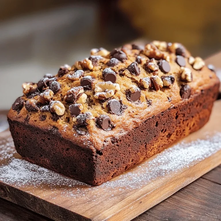 To make the best chocolate chip banana bread, you need just a few simple ingredients. Here’s what you’ll need: - 3 ripe bananas, mashed - 1/3 cup melted coconut oil - 1/2 cup brown sugar - 1 large egg, beaten - 1 teaspoon vanilla extract - 1 teaspoon baking soda - Pinch of salt - 1 cup all-purpose flour - 1/2 cup dark chocolate chips - 1/2 teaspoon ground cinnamon (optional) - 1/2 cup chopped walnuts (optional) Each ingredient plays a key role in creating a moist and flavorful loaf. The ripe bananas add natural sweetness and moisture. The melted coconut oil keeps the bread soft. Brown sugar gives it a rich flavor. You can swap ingredients if needed. For example, use melted butter instead of coconut oil. If you want a vegan option, try a flax egg instead of a regular egg. Feel free to add your twist! Try adding dried fruits or different nuts. Check out the Full Recipe for more details on how to combine these ingredients into a delicious treat. - Preheat the oven to 350°F (175°C). Grease a 9x5-inch loaf pan with oil or line it with parchment paper. This helps the bread come out easily. - In a mixing bowl, mash the ripe bananas. Add melted coconut oil and mix well. This makes the bread moist and tasty. - Stir in brown sugar, the beaten egg, and vanilla extract. Mix until smooth and creamy. This adds sweetness and flavor. - Sprinkle in the baking soda and a pinch of salt. If you want, add half a teaspoon of ground cinnamon for a nice touch. Mix again until well combined. - Gradually add one cup of all-purpose flour. Gently fold it into the mixture until just combined. Be careful not to overmix, as this can make the bread tough. - Finally, gently fold in half a cup of dark chocolate chips and chopped walnuts if you are using them. This adds a rich flavor and crunch. - Pour the batter into the prepared loaf pan. Smooth the top with a spatula to make it even. - Place the pan in the preheated oven and bake for 50-60 minutes. Check doneness by inserting a toothpick into the center. It should come out clean when done. - Allow the banana bread to cool in the pan for about 10 minutes. After that, transfer it to a wire rack to cool completely before slicing. Enjoy your delicious creation! For the complete recipe, check out the Full Recipe section. To check if your banana bread is done, insert a toothpick into the center. If it comes out clean, your bread is ready. If there is batter on the toothpick, bake for a few more minutes. Avoid overmixing your batter. Mix the flour until just combined with the wet ingredients. Overmixing can make the bread tough. You want a light, fluffy texture. For extra flavor, try adding spices like cinnamon or nutmeg. These spices enhance the sweetness and warmth of the banana bread. Using ripe bananas is key for the best sweetness. Look for bananas with brown spots. The riper they are, the sweeter your bread will taste. {{image_2}} You can make your chocolate chip banana bread even better with fun mix-ins. Here are some ideas: - Nuts and Seeds: Add 1/2 cup of chopped walnuts or pecans for crunch. You can also try sunflower seeds or pumpkin seeds. They add a nice texture and healthy fats. - Dried Fruits: Mix in 1/2 cup of dried fruit like raisins or cranberries. They give a sweet burst of flavor. You can even use coconut flakes for a tropical twist. If you have special dietary needs, you can still enjoy this banana bread: - Gluten-Free Options: Swap all-purpose flour for a gluten-free blend. Many brands work well, but check for a one-to-one ratio. This way, you can still enjoy a soft, tasty loaf. - Vegan Substitutions: For a vegan version, skip the egg. Use 1/4 cup of applesauce or a flax egg instead. Just mix one tablespoon of flaxseed meal with three tablespoons of water and let it sit for a few minutes. This will help bind the ingredients. Feel free to get creative. Each mix-in can change the taste and texture, making your chocolate chip banana bread unique! For the full recipe, check out the earlier section. Store your chocolate chip banana bread at room temperature. Wrap it in plastic wrap or foil. It will stay fresh for about 2 to 3 days. If you live in a warm area, place it in the fridge. The cool air can help keep it fresh longer. However, it might change the bread’s texture a bit. Chilling can make it denser and less moist. If you want to save some banana bread for later, freezing is a great option. Wrap pieces tightly in plastic wrap, then place them in a freezer bag. This helps to keep the bread fresh and tasty. It can last up to 3 months in the freezer. To thaw and reheat your banana bread, pull out a piece and leave it at room temperature. This usually takes about 1 to 2 hours. You can also microwave it for about 15-20 seconds to warm it up. Enjoy your banana bread warm, and it will taste just like fresh-baked! For the Full Recipe, check back to make sure you have it handy. How do I make banana bread without eggs? You can use applesauce or flaxseed meal instead. For flaxseed, mix 1 tablespoon with 2.5 tablespoons of water. Let it sit for a few minutes. This mix works well as a binder in the recipe. Can I substitute the coconut oil? Yes, you can use vegetable oil or melted butter. Both options add moisture. Each option brings a slightly different flavor, so choose based on your taste. How ripe should the bananas be? Use ripe bananas with brown spots. The riper, the better! Overripe bananas have more sweetness and blend well into the bread. They also add a lovely flavor. Why is my banana bread too dense? Dense banana bread can come from overmixing the batter. Mix just until combined. Also, check your baking soda. If it’s old, it might not rise well. What can I do if my bread isn’t cooking in the center? If the center is raw, bake longer at a lower temperature. Cover with foil to prevent burning. Check doneness with a toothpick. If it comes out clean, it’s ready! This blog post provided a clear guide to making delicious banana bread. We covered the key ingredients, step-by-step instructions, and tips for the best results. Remember to use ripe bananas for sweetness and avoid overmixing the batter. Explore variations and dietary adjustments to make this recipe your own. Lastly, store your banana bread properly to keep it fresh. Enjoy your baking journey and share your tasty results!