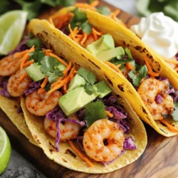 - 1 lb large shrimp, peeled and deveined - 8 small corn tortillas - 2 tablespoons olive oil - 1 tablespoon chili powder - 1 teaspoon cumin - 1 teaspoon smoked paprika - 1/2 teaspoon cayenne pepper (adjust to taste) - Salt and pepper to taste - 1 cup purple cabbage, thinly sliced - 1/2 cup carrots, grated - 1/4 cup fresh cilantro, chopped - 2 tablespoons lime juice - 1 avocado, sliced - Sour cream or Greek yogurt for topping (optional) You need fresh shrimp for the best taste. Large shrimp work great. They absorb flavors well. Use small corn tortillas to hold everything together. They add a nice texture. For the seasoning, olive oil is your base. It helps blend the spices. Chili powder gives heat and depth. Cumin adds warmth, while smoked paprika brings a subtle smokiness. Adjust the cayenne pepper based on your spice preference. The slaw is fresh and crunchy. Purple cabbage gives color and crispness. Grated carrots add sweetness. Fresh cilantro brightens the mix, and lime juice ties it all together. Don’t forget the avocado! It adds creaminess. You can top with sour cream or Greek yogurt for a tangy finish. This combination creates a well-balanced and flavorful meal. For the full recipe, check the details above. To start, take 1 pound of large shrimp and place them in a bowl. Add 2 tablespoons of olive oil, 1 tablespoon of chili powder, 1 teaspoon of cumin, 1 teaspoon of smoked paprika, and 1/2 teaspoon of cayenne pepper. Season with salt and pepper. Stir everything well to coat the shrimp evenly. Let the shrimp marinate for 15 to 20 minutes. This helps the flavors soak in. In another bowl, combine 1 cup of thinly sliced purple cabbage, 1/2 cup of grated carrots, and 1/4 cup of chopped cilantro. Squeeze in 2 tablespoons of lime juice. Toss all the ingredients together until they mix well. Set the slaw aside. This colorful slaw adds crunch and brightness to your tacos. Next, heat a grill pan or skillet over medium-high heat. Once hot, add the marinated shrimp in a single layer. Cook the shrimp for 2 to 3 minutes on each side. They should turn pink and opaque when done. Remove them from the heat. This quick cooking locks in the spicy flavors. While the shrimp cooks, warm 8 small corn tortillas. You can do this in a skillet or over an open flame. Heat each tortilla for about 30 seconds on each side. Warming them makes them soft and easy to fold. Now, it’s time to build your tacos. Start with a warm tortilla and layer some of the slaw on top. Next, add a few shrimp and a few slices of avocado. If you like, you can add a dollop of sour cream or Greek yogurt on top for creaminess. Arrange the assembled tacos on a platter. Garnish with extra cilantro and lime wedges. These tacos look great and taste even better. Enjoy your fresh and flavorful meal. For the full recipe, check the link provided! - Use fresh, high-quality shrimp for the best flavor. - Adjust cayenne pepper to control spice level. When cooking shrimp, I always choose the freshest available. Fresh shrimp tastes better and has a nice texture. If you like it hot, add more cayenne pepper. If not, reduce the amount. This way, you can make the dish just right for your taste. - Use high-quality corn tortillas for better texture. - Lightly grill tortillas for a smoky flavor. Quality corn tortillas make a huge difference. They hold the shrimp and slaw well. Try grilling them lightly for a smoky taste. This adds another layer of flavor to your tacos. - Add jalapeños or spicy peppers for extra heat. - Include a touch of honey for sweetness in the slaw. To make the slaw pop, add jalapeños for extra heat. If you prefer a balance, add a little honey. The sweetness complements the spicy flavors perfectly. For the full recipe, check out the recipe section. {{image_2}} You can change the recipe easily. Substitute shrimp with grilled chicken or fish. Both options taste great. If you want a vegetarian dish, try tofu. Tofu absorbs flavors well. It gives a nice texture, too. Toppings can change your taco game. Add diced tomatoes for freshness or pickled onions for a tangy bite. You can also use herbs like basil or mint to switch up the slaw. These herbs add a fun twist to the flavor. If you are gluten-free, use gluten-free tortillas. They work just as well. You can also adjust the ingredients for diets like keto or low-carb. Focus on low-carb veggies and skip the tortillas if needed. These changes keep the dish healthy and tasty. For the full recipe, check out the details above. You can keep your cooked shrimp and slaw in airtight containers. This helps lock in flavor and freshness. Store the tortillas separately to avoid sogginess. Keeping them apart ensures a nice texture when you eat them later. When you’re ready to enjoy those leftovers, reheat the shrimp in a skillet or microwave until warmed through. This keeps them juicy and tasty. Warm the tortillas on a skillet before serving. This step revives their soft, pliable nature. You can freeze shrimp before cooking for up to 3 months. Just place them in a freezer-safe bag. Slaw is best fresh, but it can be refrigerated for a few days. If you need to save it, cover it tightly to keep it crisp. For the full recipe, check the instructions above. Yes, you can prepare the ingredients, but assemble just before serving for freshness. This keeps the shrimp juicy and the slaw crisp. When you prep in advance, store each component separately. Keep the shrimp in the fridge and the slaw in a sealed container. Chicken, fish, or tofu can be used as alternatives. If you choose chicken, cut it into small pieces. For fish, flaky white fish works well. Tofu should be firm and pressed to remove extra moisture. All options will still taste great with the same spices. They can be nutritious, especially with fresh veggies and controlled ingredients. Shrimp is low in calories and high in protein. The slaw adds fiber and vitamins. You control the fat by choosing how much oil or toppings you add. Combine flour, water, and salt, knead, and roll out for fresh tortillas. Use about 2 cups of flour, 3/4 cup of water, and a pinch of salt. Knead until smooth, then let it rest for 30 minutes. Roll out into small circles and cook them on a hot skillet for about 30 seconds on each side. Yes, just use gluten-free corn tortillas. These tortillas are easy to find in stores. They hold up well and add a nice corn flavor. Make sure to check the packaging to confirm they are gluten-free. For the full recipe, check [Full Recipe]. These spicy shrimp tacos are easy to make and bursting with flavor. You learned how to marinate shrimp, prepare a fresh slaw, and assemble the tacos perfectly. Remember, you can switch up the proteins and toppings to suit your taste. Whether you enjoy them with friends or family, these tacos are sure to impress. So gather your ingredients and get cooking! Enjoy your delicious creation!