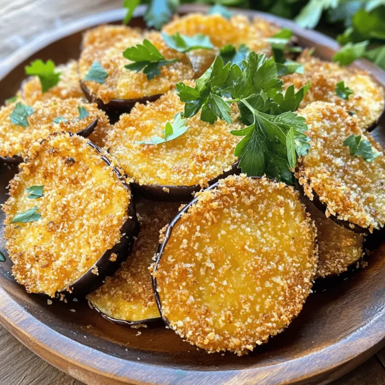 To make your crispy fried eggplant, you need these key items: - 2 medium eggplants, sliced into 1/4-inch rounds - 1 cup all-purpose flour - 1 teaspoon garlic powder - 1 teaspoon onion powder - 1 teaspoon paprika - Salt and pepper to taste - 2 large eggs - 1 cup breadcrumbs (preferably panko for extra crunch) - Vegetable oil for frying These ingredients create a perfect blend for crispy texture and rich flavor. You can add these ingredients for even more taste: - 1 teaspoon cayenne pepper for heat - 1 teaspoon dried oregano for a herbaceous note - Fresh parsley or basil for garnish These extras can elevate your dish and impress your guests. Having the right tools makes cooking easier. Here are my must-haves: - Sharp knife for slicing the eggplant - Three shallow bowls for the breading station - Deep frying pan or Dutch oven for frying - Slotted spoon for flipping and removing eggplant - Paper towels for draining excess oil Using these tools ensures a smooth cooking process and great results. For the full recipe, refer to the detailed instructions above. Start by slicing two medium eggplants into 1/4-inch rounds. This size helps them cook evenly. Next, sprinkle the slices with salt. This step pulls out extra moisture and bitterness. Let the slices sit for 30 minutes. After that, rinse the slices under cold water. Pat them dry with paper towels. This process ensures a tasty and crispy final dish. Now, let’s set up our breading station. First, grab a shallow bowl and mix 1 cup of all-purpose flour with 1 teaspoon each of garlic powder, onion powder, paprika, salt, and pepper. In another bowl, beat two large eggs until smooth. In a third bowl, place 1 cup of breadcrumbs. Panko works great for extra crunch. Dip each eggplant slice first into the flour mixture. Shake off the extra flour. Next, coat it in the egg, making sure to cover it well. Finally, press it into the breadcrumbs. This will create a nice layer. Repeat this for all slices. For frying, heat about 1/2 inch of vegetable oil in a deep frying pan over medium heat. Aim for about 350°F or 175°C. Carefully add the breaded eggplant slices in batches. Fry them for about 3-4 minutes on each side. This timing helps them turn golden brown. Use a slotted spoon to flip them. Once crispy, transfer the slices to a plate lined with paper towels. This will absorb any extra oil. Now, your crispy fried eggplant is ready to enjoy! You can check the full recipe for any details you might have missed. Choosing the right eggplant is key. Look for firm, smooth skin without spots. The weight should feel heavy for its size. Young eggplants are best. They have fewer seeds and a sweeter taste. If the eggplant feels soft, it's likely overripe and bitter. Always pick eggplants that feel solid and fresh. To get that perfect crunch, follow these tips. Start by salting the eggplant slices. This helps remove moisture and bitterness. Let them sit for at least 30 minutes. Rinse and dry them well before breading. Use panko breadcrumbs for extra crunch. When frying, do not crowd the pan. Fry in batches to keep the oil hot. This helps achieve that golden-brown color and crisp texture. Watch out for these common errors. Do not skip salting the eggplant. This step is crucial for flavor and texture. Avoid using too much oil. If the oil is too shallow, the eggplant may not fry evenly. Also, don’t rush the frying. Allow each piece to cook fully before flipping. Lastly, resist the urge to move them around too much. Let them sit in the oil to get crispy. Follow these tips for a tasty, crispy fried eggplant experience! {{image_2}} You can add fun flavors to crispy fried eggplant with spices. Try using curry powder for a warm, earthy taste. For a spicy kick, add cayenne pepper or chili flakes. You can also mix up the herbs. Italian herbs like oregano and thyme work great too. Even a bit of lemon zest can brighten the flavor. Experiment until you find your favorite blend! You don’t have to fry your eggplant to make it crispy. Baking is a great option. Preheat your oven to 425°F (220°C). Place the breaded slices on a baking sheet lined with parchment paper. Spray them lightly with cooking oil. Bake for 20-25 minutes, flipping halfway through. For air frying, set your air fryer to 375°F (190°C). Cook for about 10-15 minutes. Both methods give you a lighter, yet still crispy, eggplant! Crispy fried eggplant shines on its own, but it pairs well with many foods. Serve it with marinara sauce for dipping. A tangy yogurt sauce adds a nice touch too. You can also stack the slices in a sandwich or use them in a salad. Top your eggplant with feta cheese or fresh herbs for extra flavor. These ideas will make your meal even more delicious. If you're looking for the full recipe, check it out [here](#). To store your leftover crispy fried eggplant, let it cool down first. Place the slices in an airtight container. Make sure to layer them with paper towels. This helps absorb any moisture and keeps them crispy. Store the container in the fridge. They will stay fresh for about 2-3 days. When you’re ready to enjoy your leftovers, reheating is key. I recommend using an oven or an air fryer. Preheat the oven to 375°F (190°C). Place the eggplant slices on a baking sheet. Bake for about 10-15 minutes until they are hot and crispy. If using an air fryer, set it to 350°F (175°C) and heat for about 5-7 minutes. Avoid the microwave, as it can make them soggy. If you want to freeze your crispy fried eggplant, it’s best to freeze them before frying. After breading, arrange the slices in a single layer on a baking sheet. Place the baking sheet in the freezer for about 1-2 hours. Once frozen, transfer the slices to a freezer-safe bag. They will keep well for up to 3 months. When you’re ready to cook them, fry them straight from the freezer. Check the full recipe for detailed cooking instructions. Yes, you can easily make Crispy Fried Eggplant gluten-free. Just swap out the all-purpose flour for a gluten-free flour blend. You can also use gluten-free breadcrumbs. Make sure to check the labels to ensure they are certified gluten-free. This way, you can enjoy the same crispy texture without the gluten. To keep your eggplant crispy, salt is key. Start by slicing the eggplant and sprinkling it with salt. Let it sit for about 30 minutes. This draws out excess moisture and bitterness. After that, rinse the slices well and pat them dry with paper towels. Proper drying is crucial to avoid sogginess. Also, ensure your oil is hot enough when frying. This helps create that golden, crispy exterior. Crispy Fried Eggplant goes great with several sauces. A classic marinara sauce is always a hit. You can also try a tangy tzatziki or a spicy aioli for a twist. For something unique, a sweet chili sauce adds a nice kick. Experiment with different sauces to find your favorite pairing! You learned how to make crispy fried eggplant today. We covered key ingredients, steps to prepare, and the right tools. I shared tips for choosing the best eggplants and avoiding mistakes. You also discovered fun flavor variations and storage methods. Now, you can enjoy delicious, crunchy eggplant any time. With these skills, feel free to experiment and personalize your dish. Your kitchen adventures await!