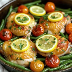 - 4 boneless, skinless chicken thighs - 2 tablespoons olive oil - 1 teaspoon garlic powder - 1 teaspoon onion powder - 1 teaspoon smoked paprika - Salt and pepper to taste - 2 medium lemons (1 for juice, 1 sliced) - 1 cup cherry tomatoes, halved - 1 cup green beans, trimmed - Fresh parsley for garnish You can use chicken breasts instead of thighs. Breasts are leaner but may dry out faster. For veggies, feel free to swap green beans. You can use broccoli, zucchini, or bell peppers. Spice it up! Try adding Italian herbs like oregano or thyme. If you want heat, add a pinch of cayenne pepper. You can also use lemon zest for extra zing. This recipe is flexible. Make it your own with what you have at home. For the full recipe, refer to the link provided. To start, preheat your oven to 400°F (200°C). This step is key for even cooking. While the oven heats up, grab your chicken thighs. Next, season the chicken thighs. Use garlic powder, onion powder, smoked paprika, salt, and pepper. Coat both sides well. This helps the chicken absorb those tasty flavors. Now, let’s brown the chicken thighs in a skillet. Heat 2 tablespoons of olive oil over medium heat. Once hot, place the seasoned chicken in the skillet. Brown each side for about 4–5 minutes. You want them to turn golden brown. After browning, squeeze the juice of one lemon over the chicken. Place the lemon slices around the chicken in the skillet. Then, add 1 cup of halved cherry tomatoes and 1 cup of trimmed green beans. Toss everything together gently to mix. It’s time to transfer everything to the oven. Carefully place the skillet in your preheated oven. Roast for 20–25 minutes. You want the chicken to reach an internal temperature of 165°F (74°C). Check for doneness after the time is up. If it’s cooked through, remove the skillet from the oven. Let it rest for a few minutes before serving. This keeps the chicken juicy. Garnish with fresh parsley for a nice touch. Enjoy your meal! For the full recipe, check out the One Pan Lemon Chicken . To get perfectly golden chicken, start by heating your skillet well. Add olive oil and let it shimmer. Season your chicken with garlic powder, onion powder, smoked paprika, salt, and pepper. Place the chicken in the hot skillet. Cook for about 4 to 5 minutes per side. Look for a nice brown crust. This adds great flavor! Resting the chicken before serving is key. Let it sit for about 5 minutes. This helps the juices stay inside. It keeps your chicken moist and tasty. Adding herbs boosts flavor. Fresh thyme or rosemary works well. Toss them in during the last few minutes of cooking. This adds a lovely aroma and depth to the dish. To make a quick lemon sauce, mix lemon juice with a little olive oil. Whisk it together and drizzle over the chicken before serving. This gives a fresh, zesty finish. Pair One Pan Lemon Chicken with sides like rice or couscous. These grains soak up the juices well. You can also serve it with a simple green salad for balance. For a creative plating idea, serve directly from the skillet. It looks rustic and inviting. Arrange the lemon slices and fresh parsley on top for a bright touch. This adds color and makes the dish pop! {{image_2}} You can easily change the protein. Try shrimp or tofu instead of chicken. Both options add unique flavors. They also cook quickly, making dinner even faster. For veggies, choose seasonal favorites. Use asparagus in spring or squash in fall. These swaps keep your dish fresh and exciting. Bring a Mediterranean vibe by adding olives and feta. This twist gives a salty kick to the dish. You can also make an Asian-inspired version. Use soy sauce and sesame oil for a rich flavor. Both options add depth to the classic recipe while keeping it simple. I love the one-pan method, but slow cookers work well, too. If you use a slow cooker, cook on low for about 6 hours. For grilling, marinate the chicken first. Then grill until it’s cooked through. Baking in the oven gives a nice golden color. Both methods yield delicious results. To store your leftovers, let the dish cool first. Place the chicken and veggies in an airtight container. Make sure to seal it well to keep out air. The leftovers can last in the fridge for about three days. When you want to reheat, use the oven at 350°F (175°C) for about 15 minutes. This keeps the chicken juicy and tasty. You can also use a microwave, but stir occasionally to heat evenly. Yes, you can freeze One Pan Lemon Chicken! Freezing is a great way to save extra portions. To freeze, let the dish cool completely. Then, wrap it tightly in plastic wrap and place it in a freezer-safe bag. When ready to eat, thaw it in the fridge overnight. For a quick meal, you can microwave it directly from the freezer, but this takes longer. For the best flavor, eat stored meals within three days. If you freeze the chicken, it will stay good for about three months. Look for signs that the dish has gone bad. If you see any discoloration or smell something off, it’s best to throw it away. Keeping your food fresh ensures a great meal every time! How long does it take to cook One Pan Lemon Chicken? It takes about 40 minutes to cook One Pan Lemon Chicken. You need 10 minutes for prep and 30 minutes for cooking. This timing gives you juicy chicken and tasty veggies. Can I use frozen chicken thighs? Yes, you can use frozen chicken thighs. But, be sure to thaw them first. This helps them cook evenly and stay tender. What should I do if my chicken isn’t browning? If your chicken isn’t browning, your skillet may not be hot enough. Heat the oil well before adding the chicken. This step is key for a nice golden crust. Can I prepare this recipe ahead of time? Yes, you can prep this meal ahead of time. Season the chicken and chop the veggies. Store them in the fridge. This makes cooking easier on busy days. Is One Pan Lemon Chicken healthy? One Pan Lemon Chicken is quite healthy. It has lean protein from chicken, plus fresh veggies. The lemon adds bright flavor without extra calories. How many calories are in this dish? One serving of One Pan Lemon Chicken has about 350 calories. This can vary based on portion size and ingredients used. It's a balanced meal that fits well into a healthy diet. This recipe for One Pan Lemon Chicken is simple and tasty. You learned about the key ingredients like chicken, spices, and fresh veggies. We covered cooking steps to ensure every bite is flavorful and juicy. I shared tips for perfecting your dish and variations to keep meals exciting. Remember, you can mix things up with different proteins and flavors. Enjoy this easy recipe, and have fun cooking! Good meals start with good choices.